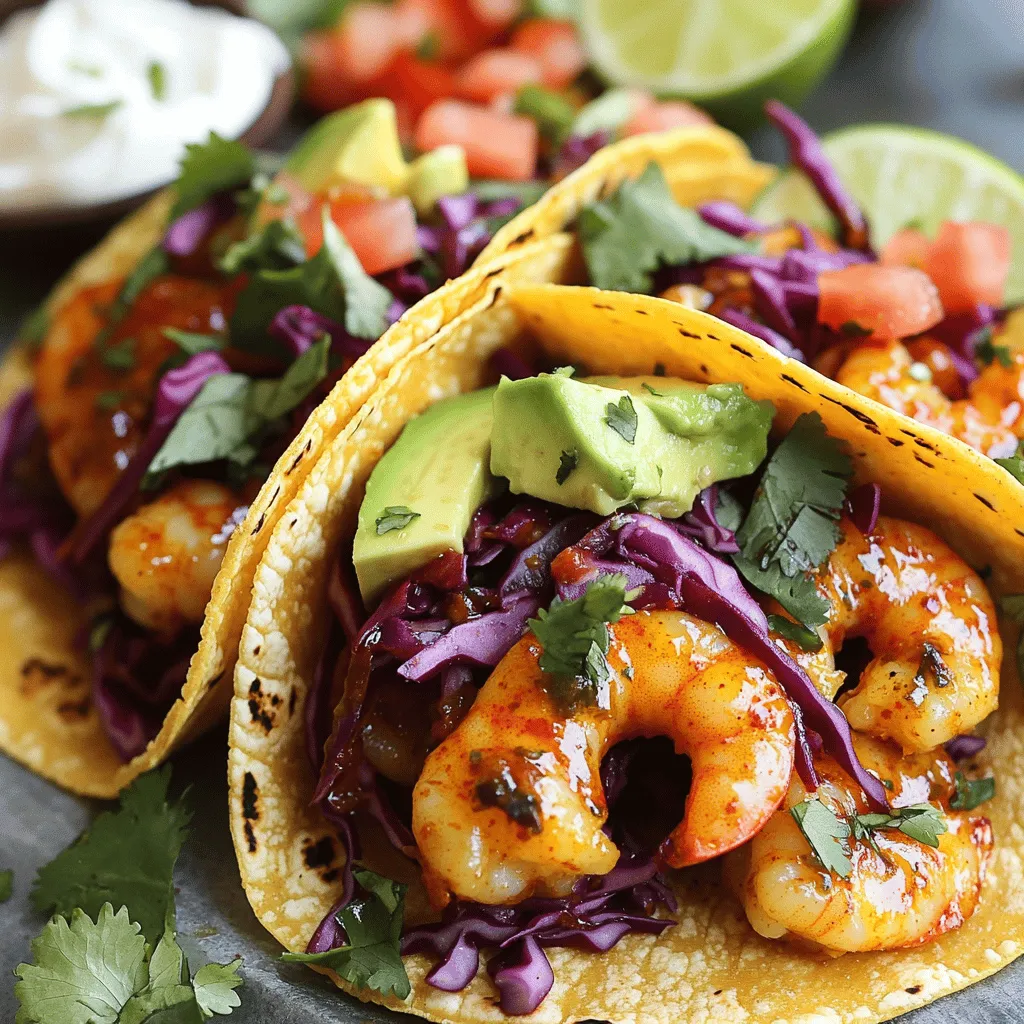 To make Chili Lime Shrimp Tacos, you will need these key ingredients: - 1 lb large shrimp, peeled and deveined - 2 tablespoons olive oil - 1 teaspoon chili powder - 1/2 teaspoon ground cumin - 1/2 teaspoon garlic powder - 1/4 teaspoon smoked paprika - Fresh juice from 2 limes - Sea salt and freshly cracked pepper to taste - 8 small corn tortillas - 1 cup red cabbage, finely sliced - 1 ripe avocado, thinly sliced - 1/4 cup fresh cilantro leaves, roughly chopped These ingredients create a fresh and zesty flavor. The shrimp shines with a mix of spices and lime juice. The corn tortillas add a nice texture and warmth. You can enhance your tacos with extra toppings. Try these optional garnishes: - Diced heirloom tomatoes - Dollops of sour cream These add color and creaminess to your dish. Feel free to get creative and use your favorite toppings! If you have dietary needs, you can make some swaps. Here are a few options: - Use tofu or tempeh instead of shrimp for a vegetarian option. - Swap corn tortillas for lettuce wraps for a low-carb choice. - Choose olive oil for avocado oil if you prefer a different flavor. These substitutes keep your tacos tasty while meeting your diet. Enjoy the full recipe for more guidance! Begin by taking your peeled and deveined shrimp. In a medium mixing bowl, add the shrimp along with olive oil, chili powder, ground cumin, garlic powder, smoked paprika, and the fresh juice from two limes. Add sea salt and freshly cracked pepper to taste. Toss everything well, ensuring that all the shrimp are coated evenly. Cover the bowl with plastic wrap. Place it in the refrigerator for at least 15 minutes. This marinating time lets the shrimp soak up all those vibrant flavors. While the shrimp marinates, heat a large skillet over medium-high heat. When the skillet is hot, add the shrimp in a single layer. Make sure they are not overcrowded. Cook the shrimp for about 2 to 3 minutes on each side. They will turn pink and opaque when done. Once cooked, remove the skillet from heat. Set the shrimp aside to keep them warm and juicy. Next, take another skillet and warm your corn tortillas. Heat them over medium heat for about 30 seconds on each side. You want them soft and pliable. Once warmed, keep the tortillas wrapped in a clean kitchen towel. This will help retain their warmth until you're ready to serve. Now, it’s time to assemble your tacos! Take a warmed tortilla and place a generous portion of cooked shrimp inside. Top the shrimp with thinly sliced red cabbage, avocado slices, and a sprinkle of fresh cilantro. For extra flavor and color, you can add diced heirloom tomatoes and a dollop of sour cream on top. Before serving, squeeze some additional lime juice over the tacos. This adds a refreshing finish that brightens everything up. For the full recipe, check out the complete instructions and measurements to make this delightful dish. Enjoy your cooking adventure! To cook shrimp well, start with fresh, high-quality shrimp. Look for shrimp with a slight ocean smell. Avoid any with a strong, fishy odor. Ensure you thaw frozen shrimp completely. I recommend placing them in cold water for about 15 minutes. When cooking, heat your skillet well. This helps shrimp cook evenly and quickly. Add shrimp in a single layer to the pan. Cooking in batches helps avoid steaming. Shrimp cook fast, so keep an eye on them. They turn pink and opaque when done. Warming tortillas is key to tasty tacos. Use a skillet over medium heat for best results. Warm each tortilla for about 30 seconds on each side. Look for them to soften and become pliable. Keep them covered with a clean kitchen towel. This keeps them warm until you serve. You can also wrap tortillas in foil and place them in a warm oven. This works well for larger batches. Fresh ingredients boost the taste of your tacos. Use ripe avocados for creaminess. Thinly sliced red cabbage adds crunch and color. It also provides a nice contrast to the shrimp. Cilantro offers a bright, fresh flavor. Use it generously for the best taste. Try adding diced heirloom tomatoes for a pop of sweetness. They add texture and flavor too. Lime juice enhances everything. Squeeze fresh lime over your tacos before serving. For a delicious experience, make sure to follow the Full Recipe for perfect Chili Lime Shrimp Tacos. {{image_4}} If you want a meat-free option, you can use firm tofu or jackfruit. Both can soak up flavors well. For tofu, press it to remove extra water. Then, cut it into cubes and marinate it just like the shrimp. For jackfruit, use canned young green jackfruit. Drain and rinse it, then sauté with your spices until it becomes tender. These choices give you a satisfying texture without shrimp. Tacos are fun because you can mix and match toppings. Try a mango salsa for a sweet twist. Just chop fresh mango, red onion, cilantro, and lime juice. Or make a spicy corn salsa with grilled corn, jalapeños, and lime. You can also add pickled red onions for a tangy bite or a creamy chipotle sauce for extra flavor. The options are endless! To adjust the heat, play with your spices. If you like it mild, use less chili powder and cumin. You can also skip the jalapeños. For more heat, add diced fresh chilies or a dash of hot sauce. Remember that you can always start mild and add heat until it suits your taste. Enjoy the full flavor with your chosen heat level! To keep leftover shrimp tacos fresh, store them in an airtight container. Wrap each taco in plastic wrap or foil. This prevents the tortillas from getting soggy. You can store them in the refrigerator for up to two days. The shrimp may lose some texture, but the flavor remains tasty. When you’re ready to eat your tacos again, reheat them carefully. Use a skillet over medium heat to warm the tacos. Heat for just a few minutes on each side until warm. This helps keep the tortillas soft and the shrimp juicy. Avoid using a microwave, as it can make the tortillas tough. If you want to save time for another day, freeze the marinated shrimp. Place the shrimp in a freezer-safe bag. Remove as much air as possible before sealing. You can freeze the shrimp for up to three months. When you’re ready to cook, thaw the shrimp in the fridge overnight before using them in the full recipe. This keeps the flavors intact and makes cooking easy. To select fresh shrimp, look for a few key signs. Choose shrimp that smell like the ocean, not fishy. Their shells should be firm and shiny. If the shrimp are still in their shells, check for a clean, translucent appearance. Avoid any with black spots or signs of drying. Yes, you can use various tortillas! Corn tortillas are traditional and add great flavor. However, you can also use flour tortillas for a softer bite. If you want something unique, try using lettuce wraps for a low-carb option. The choice is yours! Chili lime shrimp tacos are packed with nutrition. Shrimp are a great source of lean protein. They also contain omega-3 fatty acids, which are good for your heart. The lime adds vitamin C, while the veggies provide fiber and vitamins. Together, they make a healthy meal. You can marinate the shrimp for up to one hour. This allows them to soak up all the flavors. If you marinate too long, the acid from the lime can start to cook the shrimp and change their texture. Fifteen to thirty minutes is often perfect. There are many tasty side dishes to enjoy with your tacos. Consider serving black beans or a fresh corn salad. A light mango salsa adds sweetness. You could also try a side of grilled vegetables or a simple green salad. These options complement the flavors nicely. For the full recipe, check the complete details above! Chili lime shrimp tacos bring flavor and fun to your table. We explored key ingredients, marinating tips, and ways to cook shrimp just right. I shared how to warm tortillas and assemble your tacos perfectly. You can even swap ingredients for a vegetarian twist or different spice levels. Store extras wisely to enjoy later. Enjoying these tacos is all about fresh ingredients and good technique. Try different toppings to make it your own. Happy cooking!