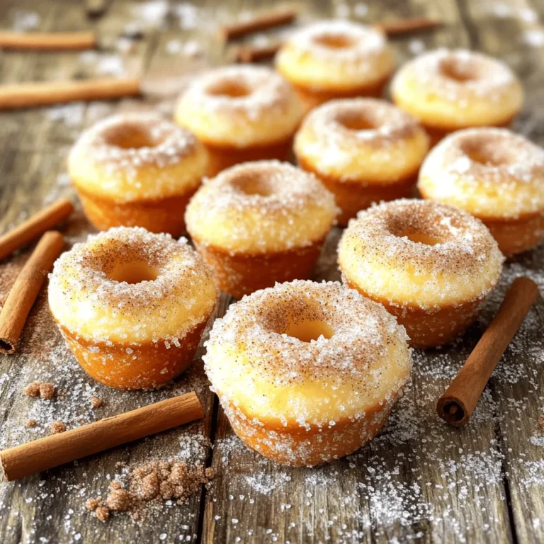 To make delicious cinnamon sugar donut muffins, gather these ingredients: - 2 cups all-purpose flour - 1 cup granulated sugar (plus 1/4 cup for coating) - 2 teaspoons baking powder - 1 teaspoon baking soda - 1 teaspoon ground cinnamon (plus 1 tablespoon for coating) - 1/2 teaspoon salt - 1/2 cup unsalted butter, melted - 2 large eggs - 1 cup buttermilk - 1 teaspoon vanilla extract - 2 tablespoons unsalted butter, melted (for coating) Each ingredient plays a key role. The flour gives structure, while sugar adds sweetness. Baking powder and baking soda help the muffins rise. Ground cinnamon brings warmth, and salt enhances flavor. Unsalted butter adds richness, while eggs bind everything together. Buttermilk keeps the muffins moist and tender. Finally, vanilla extract infuses a lovely aroma. Using fresh ingredients matters. They ensure your muffins taste their best. Check your pantry before you start. If you need more tips, look at the Full Recipe for guidance! Begin by preheating your oven to 350°F (175°C). This step is key for even baking. I like to prepare my muffin tin by greasing it lightly or using paper liners. This makes removing the muffins easy. In a large mixing bowl, whisk together the dry ingredients. Combine 2 cups of all-purpose flour, 1 cup of granulated sugar, 2 teaspoons of baking powder, 1 teaspoon of baking soda, 1 teaspoon of ground cinnamon, and 1/2 teaspoon of salt. Mixing well ensures a fluffy texture in your muffins. In a separate medium bowl, mix the wet ingredients. Combine 1/2 cup of melted unsalted butter, 2 large eggs, 1 cup of buttermilk, and 1 teaspoon of vanilla extract. Whisk until smooth. This mixture adds moisture and flavor. Now, pour the wet mixture into the bowl of dry ingredients. With a spatula, gently fold them together. Stop mixing as soon as everything is combined. Some small lumps are fine. Over-mixing can make muffins tough. Spoon the batter into your prepared muffin tin. Fill each cup about 3/4 full. This gives the muffins room to rise. I like to use an ice cream scoop for even portions. Place the muffin tin in the preheated oven and bake for 18-20 minutes. To check if they are ready, insert a toothpick into the center of a muffin. If it comes out clean, they are done. Let the muffins cool in the tin for about 5 minutes. Then, transfer them to a wire rack to cool completely. For a sweet finish, prepare the cinnamon sugar coating while they bake. Mix 1/4 cup of sugar with 1 tablespoon of ground cinnamon in a small bowl. This adds an amazing crunch to your muffins. For the full recipe, refer back to the ingredients list mentioned earlier. Enjoy your delicious and soft cinnamon sugar donut muffins! Over-mixing can make muffins tough. You want them soft and fluffy. When you mix the wet and dry ingredients, do it gently. Use a spatula and fold until just combined. A few lumps are okay. This keeps the muffins light. To bake perfect muffins, watch the time closely. Bake them for 18 to 20 minutes. Check if they are done by inserting a toothpick. If it comes out clean, they are ready. Remember, each oven is different. You might need more or less time. The cinnamon sugar coating is key for flavor. Mix the sugar and cinnamon in a bowl. Once the muffins are warm, brush them with melted butter. Roll them in the cinnamon sugar mix. Make sure they are fully coated. This adds a sweet crunch that everyone loves. For the complete baking experience, check the Full Recipe. {{image_4}} You can make these donuts even better by adding chocolate chips. Use semi-sweet or dark chocolate chips for a rich taste. Just fold in about 1 cup of chocolate chips into the batter after mixing the wet and dry ingredients. This addition will bring a wonderful sweetness to each bite. Plus, the melted chocolate will blend nicely with the cinnamon sugar outside. These muffins become a treat for both chocolate and cinnamon lovers! If you want a unique taste, try adding nutmeg. Nutmeg gives a warm, spicy flavor that pairs well with cinnamon. Simply replace half of the cinnamon in the recipe with nutmeg. For example, if you use 1 teaspoon of cinnamon, add 1/2 teaspoon of nutmeg. This small change can make your muffins stand out. It adds a cozy feel, perfect for chilly mornings. If you need a gluten-free option, it’s easy to adapt this recipe. Use a gluten-free all-purpose flour blend instead of regular flour. Make sure your blend contains xanthan gum for the best results. This will help keep the muffins soft and fluffy. Just swap the flour in the recipe, and follow the same instructions. You’ll still enjoy the same great taste without the gluten! Check the Full Recipe to see the original ingredients. To keep your cinnamon sugar donut muffins fresh, store them in an airtight container. This helps lock in moisture and flavor. Place a paper towel in the container to absorb extra moisture. This will keep the muffins soft and tasty. Store them at room temperature for up to three days. If you want them to last longer, consider the next steps. Reheating your muffins is simple. Preheat your oven to 350°F (175°C). Place the muffins on a baking sheet. Heat them for about 5 to 10 minutes. You can also microwave them for 10 to 15 seconds. This will warm them up quickly. Just be careful not to overheat; you want them soft, not tough! Freezing is a great way to save your muffins for later. First, let them cool completely. Then, wrap each muffin in plastic wrap. After that, place the wrapped muffins in a freezer bag. Make sure to remove as much air as possible. They will stay fresh for up to three months. When you're ready to enjoy, just thaw them in the fridge overnight or reheat them straight from the freezer. Enjoy the softness and flavor of these muffins any time! For the full recipe, check out the full recipe section. You can check if the muffins are done by inserting a toothpick into the center. If it comes out clean, they are ready. This usually takes about 18-20 minutes of baking. I always recommend keeping an eye on them during the last few minutes. Oven times can vary. Yes, you can make these muffins ahead of time! You can bake them and store them in an airtight container. They stay fresh for about two days at room temperature. For longer storage, freeze them. Just let them cool completely before freezing. When you’re ready to eat, thaw them at room temperature. If you don’t have buttermilk, you can make a quick substitute. Mix one cup of milk with one tablespoon of vinegar or lemon juice. Let it sit for five minutes. This will give you a similar tangy flavor and acidity. It works perfectly in this recipe! You can find these delightful muffins at many local bakeries. Some grocery stores may also carry them in their bakery section. If you want fresh ones, try making them at home using the Full Recipe. It’s fun and easy! In this article, we explored how to make delicious Cinnamon Sugar Donut Muffins. We detailed the key ingredients, step-by-step instructions, and helpful tips for perfect results. I also shared variations to suit your taste and storage methods to keep your muffins fresh. Make these muffins for a tasty treat at any time. You can enjoy them fresh or save some for later. Baking at home can be fun and rewarding. Now, it’s your turn to try this great recipe!