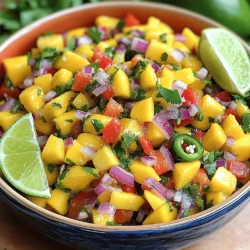 - Ripe mangoes - Red bell pepper - Red onion - Jalapeño pepper - Fresh cilantro - Limes - Salt - Ground cumin Mango salsa bursts with flavor and color. The first star of the show is ripe mangoes. They should be sweet and juicy. Look for mangoes that give slightly when pressed. Next, we have red bell pepper. It adds a nice crunch and sweetness. Red onion follows, bringing a sharp bite that balances the dish. Jalapeño pepper adds heat. You can adjust the amount to suit your taste. I recommend removing the seeds for less spice. Fresh cilantro gives a bright, herbal note. Lime juice brings acidity and freshness. Lastly, salt and ground cumin enhance all the flavors. Cumin adds warmth, making the salsa taste more complex. - Avocado - Garlic - Corn For extra creaminess, add avocado. It pairs well with mango. If you like a bit of garlic, minced garlic adds great depth. Corn can add sweetness and texture, making the salsa even heartier. Each optional add-in gives you a chance to customize the salsa to your taste. You can mix and match as you please! For the full recipe, check out the Tropical Mango Salsa 🥭 section. - Begin by preparing a large mixing bowl. - Peel and dice the ripe mangoes into small cubes. Aim for a sweet and juicy texture. - Next, finely chop the red bell pepper and red onion. This adds color and crunch to the salsa. - Now, mix everything in the bowl. Start with the diced mangoes, then add the chopped vegetables. - Carefully fold in the minced jalapeño. Adjust the amount for your preferred spice level. - Add the fresh cilantro leaves for a burst of flavor. - Squeeze the juice of two limes over the mix. Sprinkle in some ground cumin for warmth. - Gently combine all the ingredients using a spatula. Make sure not to smash the mangoes. - Season with salt to taste. - Letting the salsa rest is key. This helps flavors mingle and develop. - I recommend a minimum resting duration of 10 minutes at room temperature. - During this time, the salsa will deepen in flavor, making each bite even better. This step-by-step guide will help you create a vibrant and delicious mango salsa. For the full recipe, refer to the earlier section. Enjoy your cooking! Choosing the right mangoes is key for great salsa. Look for mangoes that feel slightly soft when you squeeze them. This means they are ripe and ready to eat. The skin should show some wrinkles and have a golden hue. Avoid hard mangoes; they won’t be sweet. When it comes to herbs, I prefer fresh cilantro for this recipe. Fresh herbs add bright flavor and aroma. Dried herbs can taste flat and stale. If fresh cilantro isn't available, you can try fresh parsley but it won't give the same taste. To mix the salsa without smashing the mangoes, use a gentle folding method. Start by placing the diced mangoes in a large bowl. Add the other chopped ingredients on top. Use a spatula to lift and fold the mix carefully. This way, you keep the chunks intact and the salsa looks beautiful. For the best flavor, serve the salsa chilled. Place it in the fridge for a while before serving. You can also add lime wedges on the side for a fresh touch. Enjoy it with crispy tortilla chips or as a topping for grilled meats. If you want more heat, add extra jalapeño. Start with a small amount and taste as you go. You can also remove the seeds for less spice. If it gets too hot, balance it with a bit more mango or some diced avocado. For sweetness balancing, lime juice works wonders. If the salsa tastes too tart, add a pinch of sugar or a bit more mango. This will help even out the flavors, making every bite a delight! For the full recipe, check the Tropical Mango Salsa section above. {{image_4}} You can change the flavors in your mango salsa with easy swaps. Try different peppers, like poblano or serrano, to adjust the spice level. Poblano adds a mild heat, while serrano gives a good kick. If you want a fruity twist, toss in pineapple or kiwi. Both fruits add sweetness and complement mango well. You can choose between spicy or mild mango salsa. For spicy salsa, increase the jalapeño or add hot sauce. If you prefer mild, reduce the jalapeño. You can also play with spices. Adding a pinch of chili powder or smoked paprika will give your salsa a unique flair. Tropical spices like ginger or cardamom can also enhance the flavor. Mango salsa can take on many styles. A Caribbean-inspired salsa includes ingredients like coconut and lime for a tropical vibe. You might also try a Mexican street food style, adding corn and lime for a fresh taste. Each variation brings its own charm, so feel free to explore! For the full recipe, check here: [Full Recipe]. To keep your mango salsa fresh, store it in an airtight container. This helps lock in the flavors. Place the container in the fridge right after making it. Mango salsa stays fresh for about 3 days. After that, the mango can become mushy, and the flavors may fade. You can freeze mango salsa if you want to save it for later. Use freezer-safe bags or containers. Make sure to remove as much air as possible to avoid freezer burn. It can last up to 3 months in the freezer. When you’re ready to use it, let it thaw in the fridge overnight. This keeps the flavors intact and maintains the texture. When you take the salsa out of storage, check its texture. If it looks a bit watery, give it a gentle stir. You can add fresh lime juice or a pinch of salt to boost the flavor. Serve it chilled for the best taste. Use it as a dip or a topping to brighten up your dishes. For the full recipe, check out Tropical Mango Salsa! Mango salsa is not just tasty; it’s healthy too. Here are some benefits: - Mangoes: Rich in vitamins A and C, they boost your immune system. - Red bell peppers: High in antioxidants, they help fight free radicals. - Red onions: Great for heart health and packed with vitamins. - Jalapeños: They add spice and may help with metabolism. - Cilantro: Full of vitamins K and C, it aids digestion. - Limes: High in vitamin C, they help with skin health. This dip is low in calories, making it a perfect choice for snacking. You can enjoy it without guilt! Yes, you can make mango salsa ahead of time! Here’s how: - Pre-making: Chop all your ingredients and mix them in a bowl. - Storing: Cover the bowl with plastic wrap or a lid. - Refrigeration: Keep it in the fridge for up to two days. When you make it early, the flavors get better. As it sits, the ingredients blend well. Just give it a good stir before serving. Mango salsa is very versatile. Here’s what you can pair it with: - Tortilla chips: A classic snack for dipping. - Grilled chicken: Adds color and flavor to your meal. - Fish tacos: A fresh topping that enhances taste. - Salads: Use it as a dressing for a fruity twist. - Burritos: A great way to add some zing. Get creative! This salsa can even top burgers or be mixed into rice dishes. Enjoy the bold and fruity flavors in many ways. Mango salsa is a bright, flavorful dish you can easily make at home. We covered the key ingredients like mangoes, peppers, and onions, plus optional add-ins for extra flavor. I shared steps for preparing, mixing, and resting to enhance your salsa. Remember, you can adjust spices and try new fruits for variety. Store it properly to keep it fresh. With these tips, your mango salsa can impress anyone at the table. Enjoy making it as much as you enjoy eating it!
