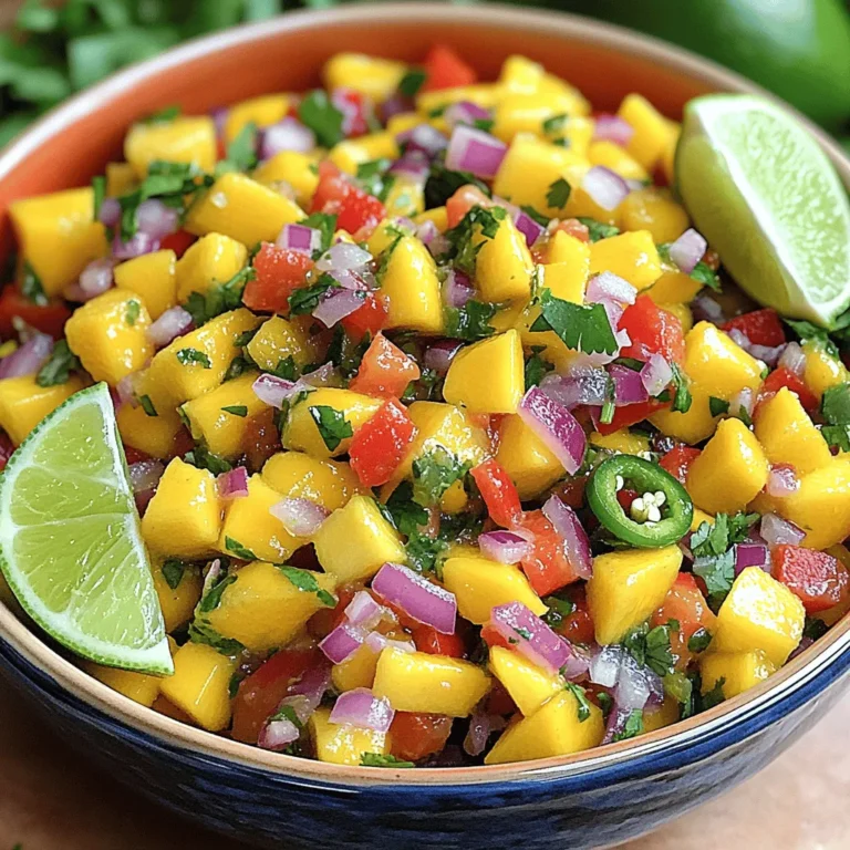 - Ripe mangoes - Red bell pepper - Red onion - Jalapeño pepper - Fresh cilantro - Limes - Salt - Ground cumin Mango salsa bursts with flavor and color. The first star of the show is ripe mangoes. They should be sweet and juicy. Look for mangoes that give slightly when pressed. Next, we have red bell pepper. It adds a nice crunch and sweetness. Red onion follows, bringing a sharp bite that balances the dish. Jalapeño pepper adds heat. You can adjust the amount to suit your taste. I recommend removing the seeds for less spice. Fresh cilantro gives a bright, herbal note. Lime juice brings acidity and freshness. Lastly, salt and ground cumin enhance all the flavors. Cumin adds warmth, making the salsa taste more complex. - Avocado - Garlic - Corn For extra creaminess, add avocado. It pairs well with mango. If you like a bit of garlic, minced garlic adds great depth. Corn can add sweetness and texture, making the salsa even heartier. Each optional add-in gives you a chance to customize the salsa to your taste. You can mix and match as you please! For the full recipe, check out the Tropical Mango Salsa 🥭 section. - Begin by preparing a large mixing bowl. - Peel and dice the ripe mangoes into small cubes. Aim for a sweet and juicy texture. - Next, finely chop the red bell pepper and red onion. This adds color and crunch to the salsa. - Now, mix everything in the bowl. Start with the diced mangoes, then add the chopped vegetables. - Carefully fold in the minced jalapeño. Adjust the amount for your preferred spice level. - Add the fresh cilantro leaves for a burst of flavor. - Squeeze the juice of two limes over the mix. Sprinkle in some ground cumin for warmth. - Gently combine all the ingredients using a spatula. Make sure not to smash the mangoes. - Season with salt to taste. - Letting the salsa rest is key. This helps flavors mingle and develop. - I recommend a minimum resting duration of 10 minutes at room temperature. - During this time, the salsa will deepen in flavor, making each bite even better. This step-by-step guide will help you create a vibrant and delicious mango salsa. For the full recipe, refer to the earlier section. Enjoy your cooking! Choosing the right mangoes is key for great salsa. Look for mangoes that feel slightly soft when you squeeze them. This means they are ripe and ready to eat. The skin should show some wrinkles and have a golden hue. Avoid hard mangoes; they won’t be sweet. When it comes to herbs, I prefer fresh cilantro for this recipe. Fresh herbs add bright flavor and aroma. Dried herbs can taste flat and stale. If fresh cilantro isn't available, you can try fresh parsley but it won't give the same taste. To mix the salsa without smashing the mangoes, use a gentle folding method. Start by placing the diced mangoes in a large bowl. Add the other chopped ingredients on top. Use a spatula to lift and fold the mix carefully. This way, you keep the chunks intact and the salsa looks beautiful. For the best flavor, serve the salsa chilled. Place it in the fridge for a while before serving. You can also add lime wedges on the side for a fresh touch. Enjoy it with crispy tortilla chips or as a topping for grilled meats. If you want more heat, add extra jalapeño. Start with a small amount and taste as you go. You can also remove the seeds for less spice. If it gets too hot, balance it with a bit more mango or some diced avocado. For sweetness balancing, lime juice works wonders. If the salsa tastes too tart, add a pinch of sugar or a bit more mango. This will help even out the flavors, making every bite a delight! For the full recipe, check the Tropical Mango Salsa section above. {{image_4}} You can change the flavors in your mango salsa with easy swaps. Try different peppers, like poblano or serrano, to adjust the spice level. Poblano adds a mild heat, while serrano gives a good kick. If you want a fruity twist, toss in pineapple or kiwi. Both fruits add sweetness and complement mango well. You can choose between spicy or mild mango salsa. For spicy salsa, increase the jalapeño or add hot sauce. If you prefer mild, reduce the jalapeño. You can also play with spices. Adding a pinch of chili powder or smoked paprika will give your salsa a unique flair. Tropical spices like ginger or cardamom can also enhance the flavor. Mango salsa can take on many styles. A Caribbean-inspired salsa includes ingredients like coconut and lime for a tropical vibe. You might also try a Mexican street food style, adding corn and lime for a fresh taste. Each variation brings its own charm, so feel free to explore! For the full recipe, check here: [Full Recipe]. To keep your mango salsa fresh, store it in an airtight container. This helps lock in the flavors. Place the container in the fridge right after making it. Mango salsa stays fresh for about 3 days. After that, the mango can become mushy, and the flavors may fade. You can freeze mango salsa if you want to save it for later. Use freezer-safe bags or containers. Make sure to remove as much air as possible to avoid freezer burn. It can last up to 3 months in the freezer. When you’re ready to use it, let it thaw in the fridge overnight. This keeps the flavors intact and maintains the texture. When you take the salsa out of storage, check its texture. If it looks a bit watery, give it a gentle stir. You can add fresh lime juice or a pinch of salt to boost the flavor. Serve it chilled for the best taste. Use it as a dip or a topping to brighten up your dishes. For the full recipe, check out Tropical Mango Salsa! Mango salsa is not just tasty; it’s healthy too. Here are some benefits: - Mangoes: Rich in vitamins A and C, they boost your immune system. - Red bell peppers: High in antioxidants, they help fight free radicals. - Red onions: Great for heart health and packed with vitamins. - Jalapeños: They add spice and may help with metabolism. - Cilantro: Full of vitamins K and C, it aids digestion. - Limes: High in vitamin C, they help with skin health. This dip is low in calories, making it a perfect choice for snacking. You can enjoy it without guilt! Yes, you can make mango salsa ahead of time! Here’s how: - Pre-making: Chop all your ingredients and mix them in a bowl. - Storing: Cover the bowl with plastic wrap or a lid. - Refrigeration: Keep it in the fridge for up to two days. When you make it early, the flavors get better. As it sits, the ingredients blend well. Just give it a good stir before serving. Mango salsa is very versatile. Here’s what you can pair it with: - Tortilla chips: A classic snack for dipping. - Grilled chicken: Adds color and flavor to your meal. - Fish tacos: A fresh topping that enhances taste. - Salads: Use it as a dressing for a fruity twist. - Burritos: A great way to add some zing. Get creative! This salsa can even top burgers or be mixed into rice dishes. Enjoy the bold and fruity flavors in many ways. Mango salsa is a bright, flavorful dish you can easily make at home. We covered the key ingredients like mangoes, peppers, and onions, plus optional add-ins for extra flavor. I shared steps for preparing, mixing, and resting to enhance your salsa. Remember, you can adjust spices and try new fruits for variety. Store it properly to keep it fresh. With these tips, your mango salsa can impress anyone at the table. Enjoy making it as much as you enjoy eating it!