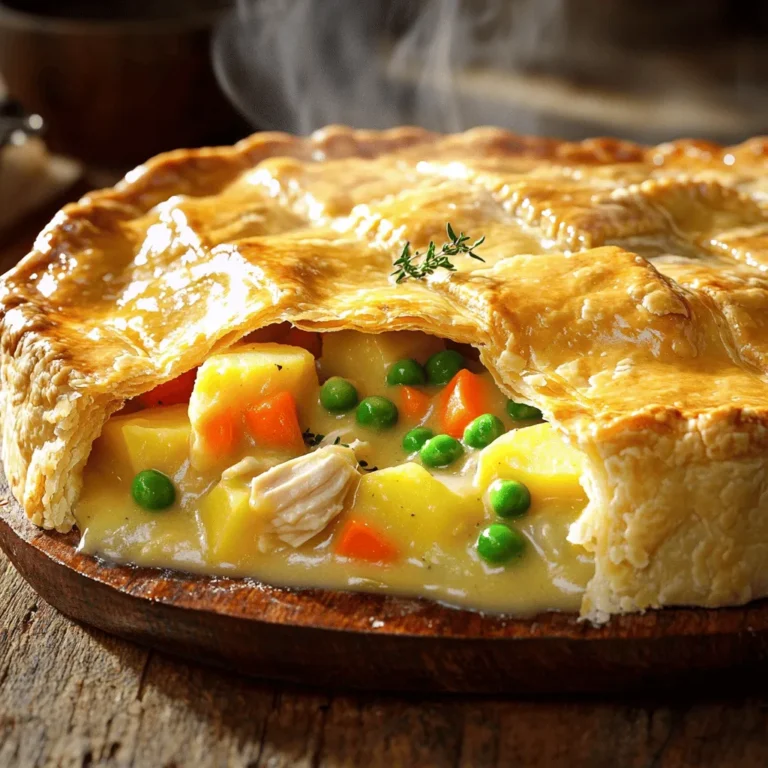 To make a hearty chicken pot pie, you will need these fresh ingredients: - 2 cups cooked chicken, diced into bite-sized pieces - 1 cup frozen peas and carrots mix (thawed) - 1 cup potatoes, peeled and diced into small cubes - 1/2 cup onion, finely diced - 1/2 cup celery, finely diced - 1 cup low-sodium chicken broth - 1 cup whole milk - 1/3 cup unsalted butter - 1/3 cup all-purpose flour - 1 teaspoon garlic powder - 1 teaspoon dried thyme - Salt and freshly ground black pepper, to taste - 1 package (2 crusts) refrigerated pie crusts - 1 large egg, beaten (for egg wash) This classic dish is rich in protein and vitamins. One serving contains about: - Calories: 400 - Protein: 20g - Carbohydrates: 30g - Fat: 22g - Fiber: 2g It packs a comforting blend of flavors and nutrients. You can adjust this recipe based on what you have. Here are some options: - Swap cooked chicken for turkey or tofu for a lighter dish. - Use fresh vegetables if you prefer them over frozen. - For a dairy-free option, use almond milk and vegan butter. - If you want a gluten-free version, replace all-purpose flour with a gluten-free blend. Feel free to mix and match based on your taste! For the complete recipe, check out the Full Recipe link. Start by preheating your oven to 425°F (220°C). This step is key for a crispy crust. Next, melt unsalted butter in a large saucepan over medium heat. Once it bubbles, add finely diced onion and celery. Cook for about 3-4 minutes until they soften. Now, sprinkle in all-purpose flour, garlic powder, dried thyme, salt, and pepper. Stir this mix for one minute until it turns golden. Gradually pour in low-sodium chicken broth and whole milk. Stir constantly as it thickens into a creamy sauce. Let it simmer gently for a minute. Then, toss in diced cooked chicken, thawed peas and carrots, and diced potatoes. Mix everything well, then remove the pan from heat. Your filling is now ready, and it smells amazing! Roll out one pie crust and fit it into a 9-inch pie plate. Let the edges hang over the sides. Pour your hearty chicken filling into the crust, spreading it evenly. Unroll the second crust and place it on top. Crimp the edges with your fingers or a fork to seal it well. Don’t forget to cut several small slits in the top crust. This allows steam to escape while baking. To make it shine, brush the top crust with a beaten egg. This gives it a lovely golden color when baked. Place your pie in the preheated oven. Bake for 30-35 minutes or until the crust is golden brown and the filling bubbles. If the edges brown too fast, cover them with aluminum foil. After baking, remove the pie from the oven. Let it cool for about 10 minutes. This helps the filling set up nicely. Now, your classic chicken pot pie is ready to serve! For the full recipe and more tips, check the [Full Recipe]. A flaky, tender crust makes your pot pie shine. Here are some tips to make it great: - Use chilled ingredients. Cold butter helps create a flaky texture. - Don’t overwork the dough. Mix until just combined. - Roll it out on a floured surface. This keeps it from sticking. - Let the crust rest. This relaxes the gluten and prevents shrinkage. Avoiding some common pitfalls can lead to a better pie: - Skipping the egg wash. A simple egg wash gives it a beautiful shine. - Not venting the top crust. Small slits allow steam to escape and prevent sogginess. - Overfilling the pie. Too much filling can cause spills and a messy presentation. - Baking at the wrong temperature. Ensure your oven is preheated to 425°F (220°C) for even cooking. The filling should be creamy but not runny. Here’s how to get it just right: - Use a roux. This mixture of flour and butter thickens the sauce. - Gradually add broth and milk while stirring. This helps prevent lumps. - Cook until thickened. The mixture should coat the back of a spoon. - Adjust seasoning. Taste and add salt and pepper as needed. For the complete cooking method, check the Full Recipe. {{image_4}} You can make a great vegetarian version of chicken pot pie. Use a mix of hearty vegetables like mushrooms, carrots, and potatoes. Replace the chicken broth with vegetable broth for a rich flavor. You can also add plant-based protein. Tofu or chickpeas work well to give it a nice texture. This way, you keep the comforting feel, even without meat. Get creative with your pot pie by adding unique ingredients. Sauté mushrooms for an earthy taste. Fresh herbs like rosemary or dill can add a bright note. You can even toss in some spinach for a pop of color. Try using sweet potatoes instead of regular potatoes for a sweeter twist. Think about adding cheese for creaminess. A bit of cheddar or parmesan can elevate the dish. For a gluten-free option, swap out the regular pie crust. Use a gluten-free pie crust made from almond flour or rice flour. Check the labels on your broth and other ingredients to ensure they are gluten-free. You can also thicken the filling with cornstarch instead of flour. This way, you can enjoy a hearty meal without gluten. It’s just as tasty! To view the complete recipe, check out the Full Recipe link. After you enjoy your chicken pot pie, store leftovers right away. Let the pie cool at room temperature for about one hour. Then, cover it tightly with plastic wrap or aluminum foil. You can also place it in an airtight container. This keeps the pie fresh for up to three days in the fridge. When you are ready to eat your leftovers, preheat your oven to 350°F (175°C). Place the pie in a baking dish. Cover it with aluminum foil to keep it moist. Heat for about 20 to 30 minutes. If you want a crispy crust, remove the foil for the last 10 minutes. If you want to store your chicken pot pie for longer, freezing is a great option. Before freezing, make sure the pie is completely cool. Wrap it tightly in plastic wrap, then in aluminum foil. This prevents freezer burn. You can freeze it for up to three months. To bake from frozen, just remove the wrapping and bake it at 425°F (220°C) for about 50 to 60 minutes. Check that the filling is hot and bubbly before serving. For the full recipe, refer to the Hearty Chicken Pot Pie section above. Yes, you can make Classic Chicken Pot Pie ahead of time. Prepare your filling and pie crust separately. Store the filling in the fridge for up to two days. You can also freeze the filling for longer storage. When you are ready to bake, assemble the pie and follow the baking instructions. This method saves time and ensures a fresh meal. Classic Chicken Pot Pie pairs well with many sides. Here are some great options: - Simple green salad with a light vinaigrette - Steamed vegetables like broccoli or green beans - Garlic bread or crusty rolls for dipping - Mashed potatoes for a hearty meal These sides balance the rich flavors of the pot pie and add variety to your meal. Check your pot pie after 30 minutes of baking. The crust should be golden brown, and the filling should be bubbling. Insert a knife into the center. If it comes out hot, your pie is ready. Let it cool for about 10 minutes before serving. This helps the filling set and makes it easier to slice. Enjoy your hearty and comforting dish! Classic chicken pot pie is a favorite for many. We explored the key ingredients, tasty variations, and storage tips. You can customize your pie and avoid common mistakes to make it perfect every time. Remember, cooking can be fun. Enjoy your time with the process and your food. Try new flavors or substitutions in your next pot pie. Your kitchen adventure is just beginning!