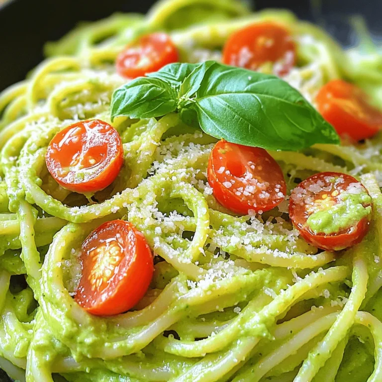 To make creamy avocado pasta, you need a few simple items. Gather these ingredients to create a tasty dish. - Ripe avocados - Fresh lemon juice - Extra virgin olive oil - Garlic - Sea salt - Black pepper - Red pepper flakes (optional) - Pasta of choice - Fresh basil leaves - Grated Parmesan cheese (optional) - Cherry tomatoes (for garnish) Each ingredient plays a key role in the flavor and texture of the dish. Ripe avocados give the sauce its creamy base. Fresh lemon juice adds brightness. Extra virgin olive oil brings richness. Garlic enhances the taste profile. Sea salt and black pepper balance the flavors. If you like spice, add red pepper flakes. Choose your favorite pasta for this dish. Spaghetti is a classic choice, but any type works well. Fresh basil leaves add a lovely aroma. Grated Parmesan cheese, while optional, gives a savory touch. Finally, cherry tomatoes make a great garnish, adding color and freshness. For the full recipe and detailed instructions, check out the [Full Recipe]. - Bring a large pot of salted water to a boil. - Cook spaghetti until al dente. Start by filling a large pot with water. Add a good amount of salt; this helps flavor the pasta. Turn the heat to high and wait for the water to boil. Once you see big bubbles, carefully add your spaghetti. Stir it gently to prevent sticking. Cook according to the package instructions, usually around 8 to 10 minutes. When it’s ready, the pasta should have a slight firmness to it. Before draining, save about one cup of the pasta water. This starchy water is key for mixing later. Drain the spaghetti in a colander and set it aside. - Blend avocados, lemon juice, olive oil, garlic, and seasonings. Now, it's time to make the creamy avocado sauce. Grab your ripe avocados and scoop the flesh into a blender. Add two tablespoons of fresh lemon juice for brightness. Pour in three tablespoons of extra virgin olive oil for richness. Toss in two cloves of minced garlic for flavor. Don't forget the salt, black pepper, and red pepper flakes if you like a little heat. Blend everything on high until it turns smooth and creamy. If the sauce feels too thick, add some of the reserved pasta water a little at a time until it’s just right. - Mix drained spaghetti with avocado sauce. - Adjust consistency with reserved pasta water. In a large mixing bowl, combine the drained spaghetti with your creamy avocado sauce. Use tongs or a fork to gently stir everything together. Make sure each strand of pasta gets coated with the sauce. If it looks too thick, drizzle in some of that reserved pasta water until it reaches the creaminess you love. Taste the dish and adjust with more salt or lemon juice if needed. This is your chance to make it perfect! To get the right sauce texture, blend the avocados well. You want it smooth and creamy. If it's too thick, add some reserved pasta water. This helps make it perfect for coating the pasta. If needed, you can adjust the flavor. Add more lemon juice for a tangy kick or more salt for depth. Taste as you go. This ensures the sauce meets your preferences. For a lovely look, serve the pasta in shallow bowls. It makes everything feel special. Drizzle extra virgin olive oil on top to add richness. This simple step elevates your dish. Use fresh basil sprigs for a pop of color. Halved cherry tomatoes also add vibrancy. This creates a feast for the eyes, making your creamy avocado pasta even more inviting. {{image_4}} If you need a gluten-free dish, you have many choices. Zucchini noodles are a great swap. They add a fresh taste and crunch. You can also use gluten-free pasta. Many brands make good options that mimic traditional pasta. Want to make your creamy avocado pasta heartier? You can add protein easily. Grilled chicken is a popular choice. It adds a nice flavor and texture. Shrimp also works well in this dish. For a plant-based option, try chickpeas or tofu. They soak up the sauce and keep it filling. You can change up the flavors in your pasta. Swap lemon juice for lime juice for a zesty twist. You can add nuts for crunch and richness. Pine nuts or walnuts add a nice touch. Fresh herbs like cilantro or parsley can also brighten the dish. Each change gives a new taste to enjoy! To keep your creamy avocado pasta fresh, place it in an airtight container. Make sure to let it cool down first. Store it in the fridge for up to two days. When you’re ready to eat, you can reheat it. You can use the microwave or a pan. If the sauce looks too thick, add a splash of water or olive oil to loosen it up. Can you freeze creamy avocado pasta? Yes, you can freeze it, but with some care. The texture of avocado may change when frozen. To freeze, place the pasta in a freezer-safe bag. Squeeze out as much air as you can before sealing. It can last for about one month in the freezer. When you're ready to eat it, thaw it in the fridge overnight. Then, reheat gently on the stove with a little water or olive oil for a creamy finish. Yes, you can make creamy avocado pasta in advance. To prep ahead, cook the pasta and store it separately. For the avocado sauce, blend the ingredients and store them in an airtight container. Keep the sauce in the fridge, but add a little lemon juice to prevent browning. When you're ready to eat, combine the pasta and sauce. Heat gently on the stove or in the microwave. If you want to skip Parmesan cheese, there are many tasty options. Nutritional yeast gives a cheesy flavor without dairy. You can also use vegan cheese shreds made from nuts or soy. Another option is to blend cashews with garlic and lemon for a creamy topping. All these choices taste great and fit a vegan or dairy-free diet. Absolutely! Creamy avocado pasta works well for meal prep. Cook the pasta and sauce separately to keep them fresh. Portion out servings in containers for easy lunches or dinners. You can store them in the fridge for up to 3 days. Just remember to toss in fresh herbs or tomatoes right before serving for extra flavor and color. You can find the Full Recipe here for all the details! This blog post covered how to make creamy avocado pasta. We explored essential ingredients, cooking steps, and tips for the best results. You learned how to blend avocados, adjust sauce consistency, and even add protein for variety. Remember, you can also store leftovers easily. In the end, this dish is simple and fun. Enjoy the blend of fresh flavors and get creative with variations. Dive into this dish, share it, and enjoy every bite!