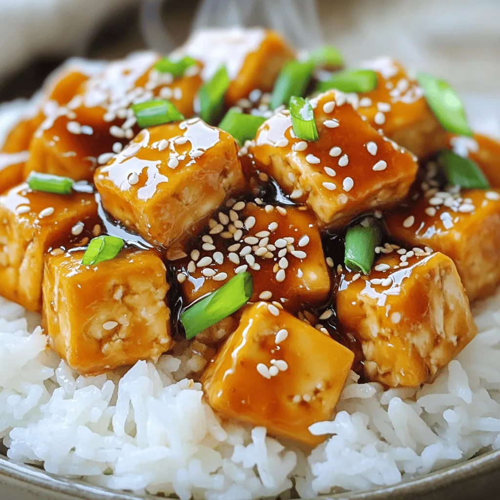 - 1 block (14 oz) firm tofu, drained and pressed - 3 tablespoons honey - 2 tablespoons soy sauce - 1 tablespoon sriracha - 4 cloves garlic, finely minced - 1 tablespoon fresh ginger, finely grated - 2 tablespoons sesame oil - 1 teaspoon cornstarch (optional) When preparing spicy honey garlic tofu, you need simple yet flavorful ingredients. Each ingredient plays a key role in creating that sweet and spicy taste. Tofu is the star. It brings a nice texture and absorbs flavors well. You want firm tofu for this dish. It holds its shape while cooking. Honey gives a natural sweetness. Soy sauce adds a salty umami kick. Sriracha provides heat, which you can adjust to your liking. Garlic and ginger work together to create a fragrant base. They add depth and warmth to the sauce. The sesame oil adds a nutty flavor that enhances the dish. If you want a thicker sauce, cornstarch is optional. It helps the sauce cling to the tofu. - 1 tablespoon sesame seeds - Fresh green onions, finely chopped - Cooked rice or quinoa Garnishes add a nice touch to your dish. Sesame seeds give a bit of crunch. Green onions add a fresh bite. Serve the spicy honey garlic tofu over cooked rice or quinoa. This allows the grains to soak up the sauce. To make it even more appealing, arrange the tofu artfully. A wedge of lime on the side adds color and a zesty flavor. For the full recipe, check out [Full Recipe]. Start by cutting your tofu into bite-sized cubes or triangles. I like to use a sharp knife for clean cuts. Take your time to make even pieces. Next, press the tofu to remove extra water. This step is key for a crispy finish. After pressing, pat the tofu dry with a paper towel. This will help achieve a crunchier texture when cooking. In a medium bowl, mix together the honey, soy sauce, sriracha, minced garlic, grated ginger, and sesame oil. Use a whisk to blend everything well until smooth. If you want a thicker sauce, add cornstarch to the mix. Stir until it dissolves completely. This sauce will give your tofu a sweet and spicy kick. Heat some sesame oil in a non-stick skillet over medium heat. Once the oil is hot, carefully add the tofu cubes. Let them cook without moving them for about 4-5 minutes. This allows the bottoms to turn golden and crispy. After that, gently flip each piece using a spatula. Cook for another 4-5 minutes until all sides are brown. Next, lower the heat and pour the honey garlic sauce over the tofu. Gently stir to coat each piece well. Let it cook for 2-3 minutes, allowing the sauce to thicken. It should cling to the tofu and create a nice glaze. Remove the skillet from heat and garnish with sesame seeds and chopped green onions. Serve your delicious spicy honey garlic tofu over cooked rice or quinoa. The grains soak up the tasty sauce, making every bite satisfying. For the full recipe, check out the earlier section. Enjoy your meal! Tofu needs pressing and drying. This step is key. Pressed tofu removes water. Less water means a crispier texture. After pressing, pat the tofu dry with a paper towel. This helps it fry better. For a crispy exterior, heat your pan well. Use enough sesame oil for frying. Cook the tofu without moving it too much. Let it brown well on each side. Do you like it spicy? You can change the heat! Sriracha adds great flavor. If you want less heat, use less sriracha. Start with a little, then taste. You can always add more later. For more heat, increase the sriracha. You control the spice! How you serve your dish matters. For a nice look, use shallow bowls. Arrange the tofu over rice or quinoa. This makes it colorful. Add a lime wedge on the side for extra zing. You can also sprinkle sesame seeds and green onions on top. These toppings add flavor and beauty. Serve it hot for the best taste. Try these ideas to impress your guests! For the full recipe, check out the Spicy Honey Garlic Tofu Delight. {{image_4}} You can swap honey for maple syrup or agave. These options are vegan-friendly. They give a similar sweet taste, but each has its own unique flavor. Maple syrup adds a rich, earthy note. Agave is milder and sweeter. Adjust the amount to suit your taste. Want more crunch? Add your favorite vegetables. Bell peppers, broccoli, or snap peas work great. Just toss them in while the tofu cooks. For extra texture, try adding nuts. Cashews or peanuts add a delightful crunch. They also give your dish a boost of healthy fats. To make this dish vegan, replace honey with maple syrup or agave. For gluten-free, use tamari instead of soy sauce. Always check labels to ensure all ingredients meet your needs. These small changes keep your meal tasty and fit your dietary preferences. Store leftover Spicy Honey Garlic Tofu in an airtight container. It keeps well in the fridge for up to four days. Make sure the tofu is cool before sealing. This helps preserve flavor and texture. For best results, keep the sauce separate if possible. This prevents the tofu from getting soggy and keeps it crispy. To reheat, use a skillet over medium heat. Add a splash of sesame oil to the pan. This helps regain some crispiness. Cook for about five minutes, stirring gently. You can also use a microwave. Heat on medium power for one to two minutes. If using a microwave, cover the tofu to keep it moist. Be careful not to overheat, or the texture may change. Freezing is an option, but it can change the texture. If you decide to freeze, cool the tofu completely first. Place it in a freezer-safe bag or container. Remove as much air as possible. This prevents freezer burn. Thaw in the fridge overnight when ready to eat. Reheat as mentioned above, but expect a softer texture. Enjoy your Spicy Honey Garlic Tofu even days later! For the full recipe, check out the details above. It takes about 15 minutes to prep and 10 minutes to cook. The total time is only 25 minutes. This means you can enjoy a great meal without waiting long. You can use soft tofu, but the texture will change. Soft tofu is creamier and may crumble during cooking. Firm tofu holds its shape better and gets crispy. If you choose soft tofu, be gentle when cooking. This dish pairs well with several sides. Here are some ideas: - Steamed broccoli - Sautéed spinach - Mixed vegetable stir-fry - Cooked rice or quinoa These sides balance flavors and add more nutrients to your meal. Enjoy exploring different combinations! This blog post covers your journey to making Spicy Honey Garlic Tofu. We’ve explored the key ingredients, step-by-step cooking instructions, and helpful tips to achieve perfect texture and flavor. You also learned how to adapt the recipe to your tastes and dietary needs. Now, you can confidently create a delicious dish that impresses. With a few simple steps, you can make a meal for you and your loved ones. Enjoy the process and the tasty results!