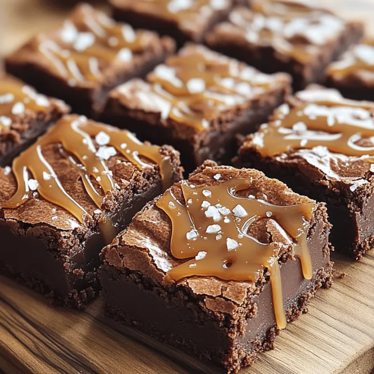 - 1 cup unsalted butter (2 sticks) - 1 cup semi-sweet chocolate chips - 1 cup granulated sugar - 1 cup packed brown sugar - 4 large eggs - 1 teaspoon pure vanilla extract - 1 cup all-purpose flour - 1/2 cup unsweetened cocoa powder - 1 teaspoon fine sea salt - 1 cup caramel sauce (store-bought or homemade) - Flaky sea salt for garnish Gathering your ingredients is the first step to making these fudgy salted caramel brownies. You want fresh items for the best taste. Butter and Chocolate: Using unsalted butter helps you control the salt. Semi-sweet chocolate chips give a rich flavor. Sugars: Granulated and brown sugars add sweetness and moisture. Brown sugar makes the brownies chewier. Eggs: They bind the ingredients. Four large eggs make the brownies rich and fudgy. Vanilla: Pure vanilla extract adds depth to the flavor. Dry Ingredients: The flour and cocoa powder create the brownie base. Sea salt balances the sweetness. Caramel Sauce: This is key for that gooey, sweet filling. You can use store-bought or make your own. Flaky Sea Salt: This garnish enhances the caramel flavor. It adds a tasty crunch on top. - Dark chocolate chips - Nuts (such as pecans or walnuts) - Peanut butter Adding dark chocolate chips gives a deep flavor. Nuts add crunch and texture. Peanut butter can bring a nutty twist. Feel free to mix and match these options! For the full recipe, check the section above. - Preheat to 350°F (175°C) - Grease and line a 9x13 inch baking pan Start by preheating your oven to 350°F (175°C). This step is key for even baking. While the oven heats, prepare your pan. Grease it lightly with butter or cooking spray. Then, line it with parchment paper. Leave some paper hanging over the edges. This makes it easier to lift the brownies out later. - Melt butter and chocolate together - Mix in sugars, eggs, and vanilla In a heavy saucepan, melt the unsalted butter with the semi-sweet chocolate chips over low heat. Stir continuously until smooth and melted. Remove it from the heat and let it cool for about 5 minutes. In a large bowl, mix the cooled chocolate mixture with granulated sugar and brown sugar. Stir until well blended. Add 4 large eggs, one at a time, mixing well after each. Finally, stir in 1 teaspoon of pure vanilla extract. - Whisk together flour, cocoa powder, and salt - Layering the batter and caramel in the pan In another bowl, whisk together 1 cup of all-purpose flour, 1/2 cup of cocoa powder, and 1 teaspoon of fine sea salt. Gradually add this dry mix to your wet ingredients. Stir gently until just combined. Be careful not to overmix. Pour half of the brownie batter into the prepared pan and spread it out evenly. Next, drizzle half of the caramel sauce over the batter. Pour the remaining brownie batter on top, smoothing it out. Drizzle the rest of the caramel sauce over the top and use a knife to swirl it gently. - Bake for 25-30 minutes and check doneness Place your pan in the preheated oven. Bake for 25-30 minutes. To check if they are done, insert a toothpick into the center. It should come out with some moist crumbs, not wet batter. Avoid overbaking. This ensures a fudgy texture. - Cool and sprinkle with flaky sea salt - Cut into squares for serving Once baked, remove the pan from the oven. Let the brownies cool in the pan on a wire rack for at least 20 minutes. Before cutting, sprinkle the top with flaky sea salt. This adds a nice contrast to the sweet caramel. Carefully lift the brownies out of the pan using the parchment paper. Cut into squares and enjoy this rich, fudgy treat! For the full recipe, check out the earlier section. To get that perfect fudgy texture, avoid overmixing the batter. Mix just until the flour is combined. A few lumps are fine. This keeps the brownies rich and gooey. Bake them for 25 to 30 minutes. Check with a toothpick; it should come out with moist crumbs, not wet batter. This small step makes a big difference! Want to change up the flavor? Adding a teaspoon of espresso powder gives the taste a nice boost. You can also swap ingredients based on your needs. For a gluten-free version, use almond flour instead of all-purpose flour. If you need it vegan, try flax eggs in place of regular eggs. These small changes can make your brownies shine! When serving, use a nice platter to show off your brownies. Cut them into neat squares for a clean look. You can also sprinkle some flaky sea salt on top for that fancy touch. For a creative garnish, try adding fresh berries or a drizzle of chocolate sauce. These little details make your brownies look as good as they taste! Do not forget to check the Full Recipe for more details on making these delightful treats! {{image_4}} You can change up the flavor of your fudgy salted caramel brownies in fun ways. One option is to make fudgy salted caramel peanut butter brownies. Just swirl in some creamy peanut butter with the caramel. It gives a rich, nutty taste that pairs well with chocolate. Another fun twist is to create a mint chocolate chip version. Add a few drops of peppermint extract to the batter. Then, mix in some mint chocolate chips before baking. This gives your brownies a fresh taste that is perfect for special occasions. If you have dietary needs, don't worry! You can still enjoy these brownies. For a gluten-free option, use almond flour instead of regular flour. It keeps the brownies moist and adds a nice flavor. If you prefer vegan brownies, you can use flax eggs instead of regular eggs. To make one flax egg, mix one tablespoon of ground flaxseed with three tablespoons of water. Let it sit for a few minutes until it thickens. This works great in the recipe! You can also switch up your brownies for the seasons. For fall, add some pumpkin puree to your batter. This gives your brownies a cozy, warm flavor that is great for chilly days. In summer, why not incorporate fresh berries? Blueberries or raspberries can add a burst of flavor and a pop of color. Simply fold them into the batter before baking, and enjoy a refreshing treat. For the full recipe, check out the details above! To keep your fudgy salted caramel brownies fresh, store them in an airtight container. This helps maintain their chewy texture. If you plan to eat them within a few days, room temperature is fine. For longer storage, you can refrigerate or freeze them. When refrigerating, make sure they are well-wrapped to avoid drying out. Freezing works well too! Just wrap them tightly in plastic wrap and then in foil. How long will brownies last at room temperature? They can stay fresh for about 3 to 4 days if stored properly. Signs that brownies are no longer fresh include a dry texture or a hard crust. If they smell off or have visible mold, it's best to toss them. The best methods for reheating brownies include using the microwave or the oven. For the microwave, heat for about 10 to 15 seconds. This gives a warm, gooey center. If using the oven, preheat to 350°F (175°C) and place brownies in for about 5 minutes. Enjoying brownies warmed with ice cream makes for a delicious treat. The cold ice cream pairs perfectly with the warm, fudgy brownie! Fudgy brownies have a rich and dense texture. The key ingredients that help create this texture are: - Butter: Using more butter adds fat, which helps keep brownies moist. - Chocolate: Melted chocolate contributes to a fudgier texture than cocoa powder alone. - Eggs: The right amount of eggs adds moisture and richness. - Less flour: Using less flour than in cake recipes keeps them dense. These ingredients work together to create that delicious, fudgy bite. Yes, you can use cocoa powder instead of melted chocolate. If you choose this route, follow these tips: - Use 1/3 cup of cocoa powder for every ounce of chocolate. - Add 2 tablespoons of fat (like oil or butter) to replace the chocolate's fat. - The result will be a slightly different flavor and texture but still tasty. The toothpick test is a great way to check if brownies are done. Here’s how to do it: - Insert a toothpick into the center of the brownies. - If it comes out with moist crumbs, they’re ready! - If it comes out with wet batter, they need more time. Be careful not to overbake, or you’ll lose that fudgy texture! Yes, you can prepare these brownies ahead of time. Here are some suggestions: - Baking: Make and bake them up to two days in advance. - Storing: Keep them in an airtight container at room temperature. - Freezing: You can freeze baked brownies for up to three months. Just wrap them well. This makes it easy for gatherings or special occasions! If you don’t have caramel sauce, you can use these alternatives: - Chocolate sauce: Adds a rich chocolate flavor. - Nut butter: Peanut or almond butter gives a creamy twist. - Fruit preserves: Raspberry or strawberry preserves can add sweetness and a fruity touch. Each option will change the flavor, but they can be just as delicious! For the complete deliciousness of the fudgy salted caramel brownies, check out the Full Recipe. In this post, we explored how to make rich, fudgy brownies with caramel. You learned about the key ingredients, step-by-step instructions, and helpful tips to enhance flavor and texture. Now, you can enjoy these brownies at any time by experimenting with various flavors and dietary needs. Whether you prefer classic or creative variations, these brownies are sure to please. Remember, quality ingredients and proper baking techniques are key for the best results. Happy baking!