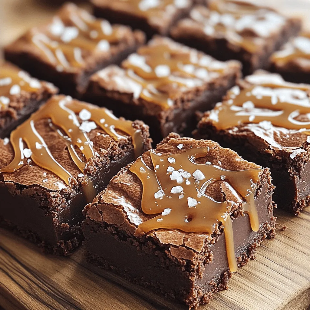 - 1 cup unsalted butter (2 sticks) - 1 cup semi-sweet chocolate chips - 1 cup granulated sugar - 1 cup packed brown sugar - 4 large eggs - 1 teaspoon pure vanilla extract - 1 cup all-purpose flour - 1/2 cup unsweetened cocoa powder - 1 teaspoon fine sea salt - 1 cup caramel sauce (store-bought or homemade) - Flaky sea salt for garnish Gathering your ingredients is the first step to making these fudgy salted caramel brownies. You want fresh items for the best taste. Butter and Chocolate: Using unsalted butter helps you control the salt. Semi-sweet chocolate chips give a rich flavor. Sugars: Granulated and brown sugars add sweetness and moisture. Brown sugar makes the brownies chewier. Eggs: They bind the ingredients. Four large eggs make the brownies rich and fudgy. Vanilla: Pure vanilla extract adds depth to the flavor. Dry Ingredients: The flour and cocoa powder create the brownie base. Sea salt balances the sweetness. Caramel Sauce: This is key for that gooey, sweet filling. You can use store-bought or make your own. Flaky Sea Salt: This garnish enhances the caramel flavor. It adds a tasty crunch on top. - Dark chocolate chips - Nuts (such as pecans or walnuts) - Peanut butter Adding dark chocolate chips gives a deep flavor. Nuts add crunch and texture. Peanut butter can bring a nutty twist. Feel free to mix and match these options! For the full recipe, check the section above. - Preheat to 350°F (175°C) - Grease and line a 9x13 inch baking pan Start by preheating your oven to 350°F (175°C). This step is key for even baking. While the oven heats, prepare your pan. Grease it lightly with butter or cooking spray. Then, line it with parchment paper. Leave some paper hanging over the edges. This makes it easier to lift the brownies out later. - Melt butter and chocolate together - Mix in sugars, eggs, and vanilla In a heavy saucepan, melt the unsalted butter with the semi-sweet chocolate chips over low heat. Stir continuously until smooth and melted. Remove it from the heat and let it cool for about 5 minutes. In a large bowl, mix the cooled chocolate mixture with granulated sugar and brown sugar. Stir until well blended. Add 4 large eggs, one at a time, mixing well after each. Finally, stir in 1 teaspoon of pure vanilla extract. - Whisk together flour, cocoa powder, and salt - Layering the batter and caramel in the pan In another bowl, whisk together 1 cup of all-purpose flour, 1/2 cup of cocoa powder, and 1 teaspoon of fine sea salt. Gradually add this dry mix to your wet ingredients. Stir gently until just combined. Be careful not to overmix. Pour half of the brownie batter into the prepared pan and spread it out evenly. Next, drizzle half of the caramel sauce over the batter. Pour the remaining brownie batter on top, smoothing it out. Drizzle the rest of the caramel sauce over the top and use a knife to swirl it gently. - Bake for 25-30 minutes and check doneness Place your pan in the preheated oven. Bake for 25-30 minutes. To check if they are done, insert a toothpick into the center. It should come out with some moist crumbs, not wet batter. Avoid overbaking. This ensures a fudgy texture. - Cool and sprinkle with flaky sea salt - Cut into squares for serving Once baked, remove the pan from the oven. Let the brownies cool in the pan on a wire rack for at least 20 minutes. Before cutting, sprinkle the top with flaky sea salt. This adds a nice contrast to the sweet caramel. Carefully lift the brownies out of the pan using the parchment paper. Cut into squares and enjoy this rich, fudgy treat! For the full recipe, check out the earlier section. To get that perfect fudgy texture, avoid overmixing the batter. Mix just until the flour is combined. A few lumps are fine. This keeps the brownies rich and gooey. Bake them for 25 to 30 minutes. Check with a toothpick; it should come out with moist crumbs, not wet batter. This small step makes a big difference! Want to change up the flavor? Adding a teaspoon of espresso powder gives the taste a nice boost. You can also swap ingredients based on your needs. For a gluten-free version, use almond flour instead of all-purpose flour. If you need it vegan, try flax eggs in place of regular eggs. These small changes can make your brownies shine! When serving, use a nice platter to show off your brownies. Cut them into neat squares for a clean look. You can also sprinkle some flaky sea salt on top for that fancy touch. For a creative garnish, try adding fresh berries or a drizzle of chocolate sauce. These little details make your brownies look as good as they taste! Do not forget to check the Full Recipe for more details on making these delightful treats! {{image_4}} You can change up the flavor of your fudgy salted caramel brownies in fun ways. One option is to make fudgy salted caramel peanut butter brownies. Just swirl in some creamy peanut butter with the caramel. It gives a rich, nutty taste that pairs well with chocolate. Another fun twist is to create a mint chocolate chip version. Add a few drops of peppermint extract to the batter. Then, mix in some mint chocolate chips before baking. This gives your brownies a fresh taste that is perfect for special occasions. If you have dietary needs, don't worry! You can still enjoy these brownies. For a gluten-free option, use almond flour instead of regular flour. It keeps the brownies moist and adds a nice flavor. If you prefer vegan brownies, you can use flax eggs instead of regular eggs. To make one flax egg, mix one tablespoon of ground flaxseed with three tablespoons of water. Let it sit for a few minutes until it thickens. This works great in the recipe! You can also switch up your brownies for the seasons. For fall, add some pumpkin puree to your batter. This gives your brownies a cozy, warm flavor that is great for chilly days. In summer, why not incorporate fresh berries? Blueberries or raspberries can add a burst of flavor and a pop of color. Simply fold them into the batter before baking, and enjoy a refreshing treat. For the full recipe, check out the details above! To keep your fudgy salted caramel brownies fresh, store them in an airtight container. This helps maintain their chewy texture. If you plan to eat them within a few days, room temperature is fine. For longer storage, you can refrigerate or freeze them. When refrigerating, make sure they are well-wrapped to avoid drying out. Freezing works well too! Just wrap them tightly in plastic wrap and then in foil. How long will brownies last at room temperature? They can stay fresh for about 3 to 4 days if stored properly. Signs that brownies are no longer fresh include a dry texture or a hard crust. If they smell off or have visible mold, it's best to toss them. The best methods for reheating brownies include using the microwave or the oven. For the microwave, heat for about 10 to 15 seconds. This gives a warm, gooey center. If using the oven, preheat to 350°F (175°C) and place brownies in for about 5 minutes. Enjoying brownies warmed with ice cream makes for a delicious treat. The cold ice cream pairs perfectly with the warm, fudgy brownie! Fudgy brownies have a rich and dense texture. The key ingredients that help create this texture are: - Butter: Using more butter adds fat, which helps keep brownies moist. - Chocolate: Melted chocolate contributes to a fudgier texture than cocoa powder alone. - Eggs: The right amount of eggs adds moisture and richness. - Less flour: Using less flour than in cake recipes keeps them dense. These ingredients work together to create that delicious, fudgy bite. Yes, you can use cocoa powder instead of melted chocolate. If you choose this route, follow these tips: - Use 1/3 cup of cocoa powder for every ounce of chocolate. - Add 2 tablespoons of fat (like oil or butter) to replace the chocolate's fat. - The result will be a slightly different flavor and texture but still tasty. The toothpick test is a great way to check if brownies are done. Here’s how to do it: - Insert a toothpick into the center of the brownies. - If it comes out with moist crumbs, they’re ready! - If it comes out with wet batter, they need more time. Be careful not to overbake, or you’ll lose that fudgy texture! Yes, you can prepare these brownies ahead of time. Here are some suggestions: - Baking: Make and bake them up to two days in advance. - Storing: Keep them in an airtight container at room temperature. - Freezing: You can freeze baked brownies for up to three months. Just wrap them well. This makes it easy for gatherings or special occasions! If you don’t have caramel sauce, you can use these alternatives: - Chocolate sauce: Adds a rich chocolate flavor. - Nut butter: Peanut or almond butter gives a creamy twist. - Fruit preserves: Raspberry or strawberry preserves can add sweetness and a fruity touch. Each option will change the flavor, but they can be just as delicious! For the complete deliciousness of the fudgy salted caramel brownies, check out the Full Recipe. In this post, we explored how to make rich, fudgy brownies with caramel. You learned about the key ingredients, step-by-step instructions, and helpful tips to enhance flavor and texture. Now, you can enjoy these brownies at any time by experimenting with various flavors and dietary needs. Whether you prefer classic or creative variations, these brownies are sure to please. Remember, quality ingredients and proper baking techniques are key for the best results. Happy baking!