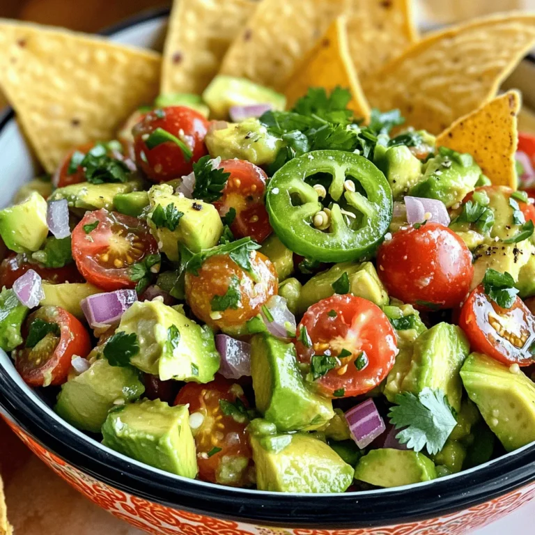 - 2 ripe avocados, diced into cubes - 1 cup cherry tomatoes, halved - 1/4 red onion, finely chopped - 1 small jalapeño, seeded and minced - Juice of 1 lime - 2 tablespoons fresh cilantro, chopped - 1/2 teaspoon garlic powder - Salt and pepper, to taste To start, gather your fresh ingredients. The key here is using ripe avocados. They should feel soft when you press them gently. If they are too hard, they won’t taste great. Dicing the avocados is easy. Just cut them in half, remove the pit, and scoop the flesh out. Then, chop it into small cubes. This helps the salsa mix well. Halving cherry tomatoes adds sweetness. They bring bright color and flavor. Finely chop the red onion for a mild kick but not too strong. The jalapeño adds heat, so adjust it to your taste. Freshness matters. Using fresh cilantro brightens the salsa. Fresh lime juice prevents browning and makes it zesty. Garlic powder adds depth without overpowering the other flavors. Always taste and adjust salt and pepper. This makes the salsa just right for you. Remember, fresh ingredients create the best zesty avocado salsa. For the full recipe, check the recipe section. - Step 1: Dicing avocados Start by taking two ripe avocados. Cut them in half and remove the pit. Carefully scoop the flesh out with a spoon. Dice the avocado into small cubes and place them in a medium mixing bowl. - Step 2: Adding cherry tomatoes Next, take one cup of cherry tomatoes. Cut each tomato in half. Add the halved tomatoes to the bowl with the avocado. This will add sweetness and color to the salsa. - Step 3: Mixing in red onion and jalapeño Now, finely chop a quarter of a red onion. Add this to the bowl. For some heat, take a small jalapeño, seed it, and mince it. Mix both the onion and jalapeño into the avocado and tomato mixture until all the ingredients combine well. - Avoiding mushy avocados To keep your avocados firm, choose ripe ones that are not overly soft. Dice them gently to avoid mashing. - Ensuring an even mix of ingredients Stir the mixture gently. You want to combine flavors without turning the avocados into mush. A light hand is key here. - How to serve the salsa Serve your zesty avocado salsa in a bright bowl. Surround it with crispy tortilla chips for easy dipping. - Ideal accompaniments This salsa pairs well with grilled chicken or fish. You can also enjoy it on tacos or with nachos for a fun snack. You can find the Full Recipe for a detailed guide on how to create this delicious dish! To elevate your zesty avocado salsa, consider adding spices. A pinch of cumin adds a warm, earthy note. For a kick, try a dash of smoked paprika. You can also use different types of lime. Key limes offer a tart, bold flavor. Persian limes provide a milder taste. Experiment to find your favorite. Store any leftover salsa in an airtight container. This keeps it fresh longer. To prevent browning, press plastic wrap directly on the surface of the salsa. You can also add more lime juice on top. This extra layer helps keep that vibrant green color. For the best flavor, enjoy your salsa within a day or two. For the full recipe, check out the section above. {{image_4}} You can switch out the jalapeño for milder peppers, like green bell pepper. This change makes the salsa less spicy. You might also try serrano peppers for a different heat level. You can use fresh herbs like parsley or mint instead of cilantro. Each herb brings a new flavor twist to the salsa. Want to make your salsa even more exciting? Add diced mango for sweetness or fresh corn for crunch. Both ingredients blend well with the creamy avocado. You can also pair your zesty avocado salsa with other dips. Try it with bean dip or a creamy yogurt dip for a fun snack platter. These combinations make your meal colorful and fun, pleasing everyone at the table. Avocados offer many health perks. They are rich in healthy fats, which are good for your heart. They also have fiber, which helps digestion. Plus, avocados are full of vitamins like C, E, and K. These are great for your skin and bones. Tomatoes add even more benefits. They are low in calories and high in vitamin C. This vitamin boosts your immune system. Onions have their own benefits too. They can help lower blood pressure and provide antioxidants. Together, these ingredients create a tasty and healthy salsa. Each serving of zesty avocado salsa has about 100 calories. This is a great snack or side dish. The nutritional breakdown includes: - Fats: 8g (mostly healthy fats from avocados) - Carbs: 10g (mainly from tomatoes and onions) - Proteins: 2g (a little from all the ingredients) This salsa is light and perfect for any meal. Enjoy it with chips, tacos, or on top of grilled chicken. The balance of flavors makes it a delightful choice for your table. Check the Full Recipe for all the details! How can I make the salsa spicier? To add heat, use more jalapeño. You can also try adding diced serrano peppers or even a splash of hot sauce. Each of these will bring a kick to your salsa. Start with a little, then taste and adjust. Can I prepare this salsa in advance? Yes, you can make it ahead. However, fresh salsa tastes best. If you prepare it early, store it in the fridge. Use an airtight container to keep it fresh. Add more lime juice to help prevent browning. What can I use if I don’t have lime? If you don't have lime, lemon juice works well too. It gives a similar tang. You can also use vinegar, like apple cider vinegar. Just adjust the amount to your taste. Is there a substitute for fresh cilantro? If you don’t like cilantro, try parsley. It adds a fresh flavor without the strong taste. Chopped green onions can also work as a nice substitute. How to tell if avocados are ripe? To check ripeness, gently squeeze the avocado. It should yield slightly to pressure but not feel mushy. You can also look for dark green skin. Avoid any avocados with large dark spots. What to serve with zesty avocado salsa? Zesty avocado salsa pairs great with tortilla chips. You can also serve it with grilled meats or tacos. It works well as a topping for fish or even on eggs. For a fun twist, try it in wraps or sandwiches. For the full recipe, check out the details above! This blog post covered how to make a tasty avocado salsa. We looked at the key ingredients and their preparation. Freshness is key for great flavor. The step-by-step guide showed you how to mix everything just right. We also shared tips for storage and spice tweaks. In conclusion, enjoy creating your own unique salsa. Feel free to try new ingredients or flavors. This dish can fit any gathering and impress your friends!
