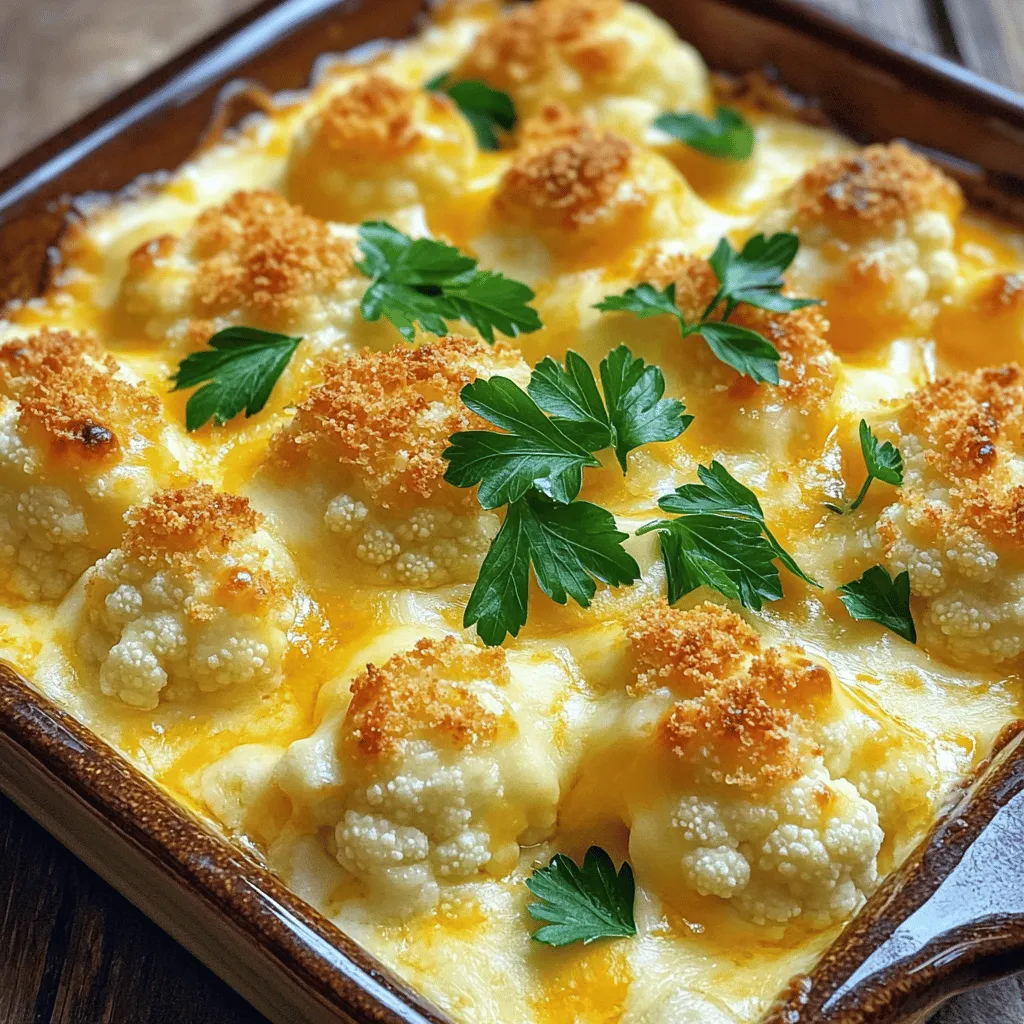 To make a tasty cheesy cauliflower bake, you need simple, fresh ingredients. Here’s what you’ll need: - 1 large head of cauliflower, cut into bite-sized florets - 1 cup sharp cheddar cheese, grated (plus an additional 1/4 cup for topping) - 1/2 cup cream cheese, softened to room temperature - 1/4 cup sour cream - 1/2 cup milk, preferably whole or 2% - 2 cloves garlic, minced finely - 1/4 teaspoon cayenne pepper (optional for heat) - Salt and freshly ground black pepper to taste - 1/2 cup seasoned breadcrumbs - 1 tablespoon extra virgin olive oil - Fresh parsley, finely chopped (for garnish) These ingredients blend together to create a creamy, cheesy dish. The cauliflower gives you a nice crunch and the cheese adds a rich flavor. You can personalize your cheesy cauliflower bake with some fun add-ins. Here are a few options: - Cooked bacon or ham for a meaty twist - Chopped spinach or broccoli for extra greens - Sliced jalapeños for a spicy kick - Diced tomatoes for a fresh touch Feel free to mix and match based on what you like or have on hand. These add-ins can enhance the flavor and make the dish even more enjoyable. Seasoning is key to making your bake shine. Here are some great options to consider: - Garlic powder for extra garlic flavor - Onion powder for depth - Paprika for a hint of smokiness - Italian herbs like oregano or basil for a fresh taste Each seasoning can add a unique touch. Play with the amounts to find your perfect flavor balance. For the full recipe, be sure to check the cooking steps provided. To begin, gather all the ingredients for your cheesy cauliflower bake. You will need: - 1 large head of cauliflower, cut into bite-sized florets - 1 cup sharp cheddar cheese, grated (plus an additional 1/4 cup for topping) - 1/2 cup cream cheese, softened to room temperature - 1/4 cup sour cream - 1/2 cup milk, preferably whole or 2% - 2 cloves garlic, minced finely - 1/4 teaspoon cayenne pepper (optional for heat) - Salt and freshly ground black pepper to taste - 1/2 cup seasoned breadcrumbs - 1 tablespoon extra virgin olive oil - Fresh parsley, finely chopped (for garnish) Next, preheat your oven to 375°F (190°C). Now, take your cauliflower florets and steam them over boiling water for about 5 to 7 minutes. You want them just tender, not mushy. Drain the florets well and set them aside to cool a bit. In a medium saucepan, combine the softened cream cheese, sour cream, and milk. Heat this mixture over medium heat. Stir it well until it's smooth and creamy, with no lumps. This will be your rich cheese sauce. After that, add in the minced garlic and cayenne pepper, if you like some kick. Season with salt and black pepper. Keep stirring until the garlic smells good, which takes about 1 to 2 minutes. Now, slowly mix in 3/4 cup of the grated cheddar cheese. Keep stirring until it melts into the sauce, creating a silky texture. This step is key for a cheesy flavor! Take a large mixing bowl and add the steamed cauliflower florets. Pour your cheese sauce over the cauliflower. Use a spatula to fold the florets into the sauce, making sure they are all coated well. Now, transfer this cheesy mixture to a greased 9x13 inch baking dish. Spread it out evenly. In a small bowl, mix the breadcrumbs with olive oil. This gives a nice crunch. Sprinkle this breadcrumb mixture over the cheesy cauliflower. To make it even cheesier, sprinkle the remaining 1/4 cup of cheddar cheese on top. Place the dish in your preheated oven and bake for 20 to 25 minutes. You want the top to be golden brown and bubbly. Once done, take it out and let it cool for about 5 minutes. Before serving, add a sprinkle of fresh parsley on top for a nice touch. Enjoy your cheesy cauliflower bake! For the complete recipe, check the Full Recipe section. To get a creamy sauce, start with softened cream cheese. It mixes better. Use medium heat when cooking the sauce. This helps it become smooth and not lumpy. Stir often to blend the cream cheese, sour cream, and milk. Add garlic and spices after the cream cheese melts. This keeps the flavors fresh and bright. You can use many toppings to boost flavor. Try a mix of breadcrumbs and olive oil for crunch. It gives a nice texture. Adding more cheese on top makes it richer. For a twist, sprinkle some paprika or chili flakes for heat. Fresh herbs like parsley or chives add a pop of color and taste. Avoid overcooking the cauliflower. It should be tender but still firm. If it gets too soft, it will turn mushy in the bake. Also, don’t skip the step of mixing the cheese sauce well. Uneven sauce makes some bites bland. Lastly, remember to let the bake cool a bit before serving. This helps the flavors settle and makes it easier to serve. {{image_4}} You can boost the nutrition of your cheesy cauliflower bake by adding more veggies. Think about mixing in broccoli, spinach, or bell peppers. Just chop them small so they cook nicely with the cauliflower. You can also use zucchini or carrots for a sweeter touch. Make sure to steam them lightly before adding to the dish. This keeps them tender and delicious. If you like a kick, try adding spices. You can mix in diced jalapeños or a dash of hot sauce. For a smoky flavor, consider using smoked paprika. Just adjust the cayenne pepper in the recipe if you add more heat. This makes the dish exciting and gives it that extra zing. Want a lighter version of this dish? Swap out the cream cheese for Greek yogurt. It adds creaminess without the extra fat. You can also use low-fat cheese instead of sharp cheddar. If you want fewer carbs, try replacing cauliflower with broccoli or Brussels sprouts. Each option gives a fresh twist while keeping it tasty. For more details, check the Full Recipe for everything you need to know! To keep your cheesy cauliflower bake fresh, let it cool first. Place leftovers in an airtight container. Store it in the fridge. It will last for about three to four days. If you want to enjoy it later, consider freezing it. Reheat the cheesy cauliflower bake in the oven for the best taste. Preheat your oven to 350°F (175°C). Place the bake in a baking dish, cover it with foil, and heat for about 15-20 minutes. If you're in a hurry, you can use a microwave. Heat it in short bursts, checking often to avoid overcooking. If you want to freeze your cheesy cauliflower bake, it's easy! Allow it to cool completely, then transfer it to a freezer-safe container. Label the container with the date. This dish can stay in the freezer for up to three months. When you are ready to eat, let it thaw overnight in the fridge before reheating. For the full recipe, check the section above. Yes, you can use frozen cauliflower. Just make sure to thaw it first. Drain any excess water before using it in the recipe. This will help keep the bake from getting too watery. Frozen cauliflower can be just as tasty as fresh! If you need a substitute for cream cheese, try using Greek yogurt. It gives a nice creamy texture. You can also use cottage cheese blended until smooth. Both options keep the bake rich and delicious. To make this cheesy cauliflower bake gluten-free, use gluten-free breadcrumbs. You can find these at most grocery stores. You can also crush gluten-free crackers as a good substitute. This way, everyone can enjoy this tasty dish! Absolutely! Feel free to add your favorite cheese. Gruyère or mozzarella would work well. Just mix in extra cheese when you combine it with the sauce. More cheese means more flavor! The bake is ready when the top is golden brown and bubbly. You can also insert a fork to check if the cauliflower is tender. Let it cool for a few minutes to set before serving. Yes! You can prepare the cheesy cauliflower bake a day ahead. Just cover it and store it in the fridge. When you are ready, bake it straight from the fridge. It might take a bit longer to cook, but it will still be delicious! Definitely! Kids usually love cheesy dishes, and this one is no exception. It’s a fun way to get them to eat their veggies. You can even let them help with mixing the ingredients! This cheesy cauliflower bake goes great with many dishes. Try serving it with a side salad or grilled chicken. It can be a lovely addition to a family meal or a potluck! Yes, adding protein is a great idea! Cooked chicken, bacon bits, or even sausage can boost the flavor. Just mix your choice of protein into the cheesy mix before baking. In this blog post, I shared how to make a cheesy cauliflower bake. We covered essential ingredients, helpful cooking steps, and tips for a creamy sauce. I offered variations for different tastes and storage info to keep leftovers fresh. Remember, cooking is fun! You can customize this dish to fit your needs. Enjoy making this bake your own. Happy cooking!