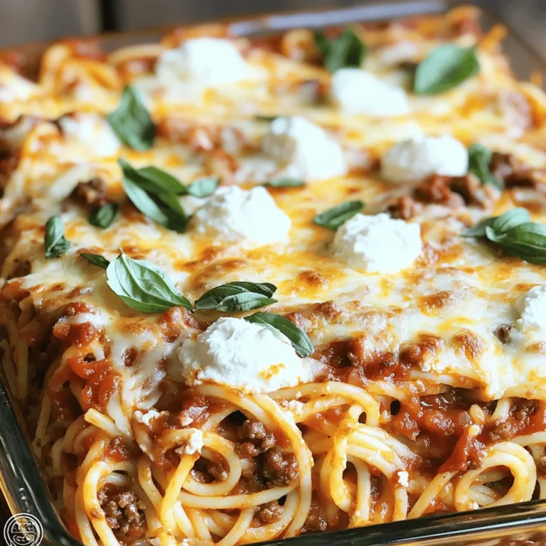 Million Dollar Spaghetti Casserole is a hearty dish that combines pasta, meat, and cheese. This recipe is simple yet tasty, making it perfect for family dinners or gatherings. You can find the full recipe listed above. Here’s what you need: - 12 oz spaghetti - 1 lb ground beef or turkey - 1 medium onion, finely diced - 3 cloves garlic, minced - 2 cups marinara sauce - 1 cup ricotta cheese - 2 cups shredded mozzarella cheese (divided) - 1 cup grated Parmesan cheese (divided) - 1 large egg - 2 teaspoons Italian seasoning - Salt and freshly cracked pepper to taste - Fresh basil leaves for garnish If you want to switch things up, here are some options: - Use ground chicken instead of beef or turkey. - Substitute marinara sauce with your favorite pasta sauce. - Try cottage cheese instead of ricotta for a lighter choice. - Use a mix of different cheeses for added flavor. - Add spinach or zucchini for a veggie boost. These swaps can help you customize the dish to your taste! To start, gather your ingredients. You will need: - 12 oz spaghetti - 1 lb ground beef or turkey - 1 medium onion, finely diced - 3 cloves garlic, minced - 2 cups marinara sauce - 1 cup ricotta cheese - 2 cups shredded mozzarella cheese (divided) - 1 cup grated Parmesan cheese (divided) - 1 large egg - 2 teaspoons Italian seasoning - Salt and freshly cracked pepper to taste - Fresh basil leaves for garnish First, preheat your oven to 350°F (175°C). Next, cook the spaghetti in a large pot of salted boiling water. Follow the package directions until the spaghetti is al dente. Drain it and set it aside. In a large skillet over medium heat, add your ground meat. Cook until it turns brown, breaking it into small pieces as it cooks. Add the diced onion and minced garlic. Cook until the onion softens and looks clear. Drain extra fat if needed. Pour in the marinara sauce and mix with the meat. Let it simmer for about 5 minutes. Add Italian seasoning, salt, and pepper to taste. Meanwhile, mix the ricotta cheese, egg, half of the mozzarella, and half of the Parmesan in a bowl. Stir until smooth. Now, it’s time to layer your casserole. In a large casserole dish, place half of the cooked spaghetti at the bottom. Top it with half of the meat sauce. Then, spoon half of the ricotta mixture on top. Repeat this layering with the rest of the spaghetti, meat sauce, and ricotta. For the final touch, sprinkle the remaining mozzarella and Parmesan on top. Cover the dish with aluminum foil and place it in your preheated oven. Bake for 30 minutes. After that, remove the foil and bake for another 15 minutes. You want the cheese to bubble and turn a light golden color. Layering is key to making this casserole great. Start with spaghetti to give it a solid base. The meat sauce adds flavor and moisture. The ricotta mixture brings creaminess. Make sure you distribute each layer evenly. This helps every bite taste just as good. When you finish layering, the top cheese layer will create a lovely crust when it bakes. After baking, let the casserole cool for about 10 minutes before serving. This helps it set and makes serving easier. Garnish with fresh basil for a nice pop of color and flavor. Don't forget to check the full recipe for all the details! To get the cheese just right, mix ricotta, egg, and half of the mozzarella and Parmesan. This blend gives a creamy texture that melts perfectly. Make sure to combine well so it becomes smooth. A well-mixed cheese layer will ensure even flavor in every bite. You can also add a pinch of salt to enhance the taste. A watery casserole can ruin your meal. To prevent this, drain excess fat from the meat after cooking. Also, let the marinara sauce simmer a bit longer. This helps thicken the sauce. Using whole wheat or thicker pasta can also help absorb moisture. If you still find your casserole a bit runny, a sprinkle of breadcrumbs on top can soak up excess liquid. Serve your Million Dollar Spaghetti Casserole with a fresh salad. A simple green salad with a light vinaigrette is perfect. Garlic bread is also a great side. It adds a crunchy texture and complements the meal well. For drinks, pair it with a nice red wine or sparkling water with lemon. This adds a refreshing touch to your dining experience. Enjoy your meal with family and friends, and watch them go back for seconds! {{image_4}} You can easily make a vegetarian Million Dollar Spaghetti Casserole. Simply replace the meat with veggies. Try using mushrooms, zucchini, or bell peppers. You can also add lentils for protein. This version keeps the same rich flavors while being meat-free. If you need a gluten-free option, swap regular spaghetti for gluten-free pasta. Many brands offer great alternatives made from rice or quinoa. Make sure to check the marinara sauce too. Some brands may contain gluten, so read the label carefully. To boost flavor, consider adding spices and herbs. A pinch of red pepper flakes adds heat. Fresh or dried basil elevates the taste. You can also try oregano or thyme for depth. These simple additions can make your casserole even more delicious. For the full recipe, check out the Million Dollar Spaghetti Casserole section. To keep your Million Dollar Spaghetti Casserole fresh, store it in an airtight container. Make sure the dish has cooled to room temperature before sealing it. This helps prevent condensation, which can make the pasta soggy. If you plan to eat it within three days, it’s safe to keep it in the fridge. When you're ready to enjoy your leftovers, preheat your oven to 350°F (175°C). Place the casserole in an oven-safe dish. Cover it with foil to keep it moist while reheating. Bake for about 20-25 minutes, or until heated through. If you prefer the top crispy, remove the foil for the last 5 minutes. You can also reheat individual portions in the microwave for quicker servings. Just cover the dish and heat for about 2-3 minutes, checking often. If you want to store your Million Dollar Spaghetti Casserole for longer, freezing is a great option. Cut the casserole into portions and place each piece in freezer-safe containers. Make sure to label them with the date. It can last up to three months in the freezer. When you're ready to eat it, thaw it overnight in the fridge. Then, reheat as mentioned above. This way, you can enjoy a delicious meal anytime! Million Dollar Spaghetti Casserole lasts about 3 to 5 days in the fridge. To keep it fresh, store it in an airtight container. This keeps moisture in and prevents it from drying out. Always check for any off odors or discoloration before eating leftovers. Yes, you can prepare this dish in advance. You can assemble the casserole a day ahead. Just cover it tightly and store it in the fridge. When you are ready to bake, take it out and let it sit for about 30 minutes at room temperature. This helps it cook evenly. To reheat leftovers, preheat your oven to 350°F (175°C). Place the casserole in an oven-safe dish and cover it with foil. Heat for about 20 to 25 minutes. You can also reheat it in the microwave. Just use a microwave-safe container and heat in short bursts until warm. Enjoy your delicious meal again! This blog post covered all you need for making Million Dollar Spaghetti Casserole. We reviewed the key ingredients and shared helpful substitutions. Step-by-step instructions guide you through preparation and cooking. Tips ensure you avoid common issues, while variations let you customize for dietary needs. Lastly, I shared smart storage methods for leftovers. With these details, you're ready to create a tasty dish that's sure to impress. Enjoy your cooking adventure!