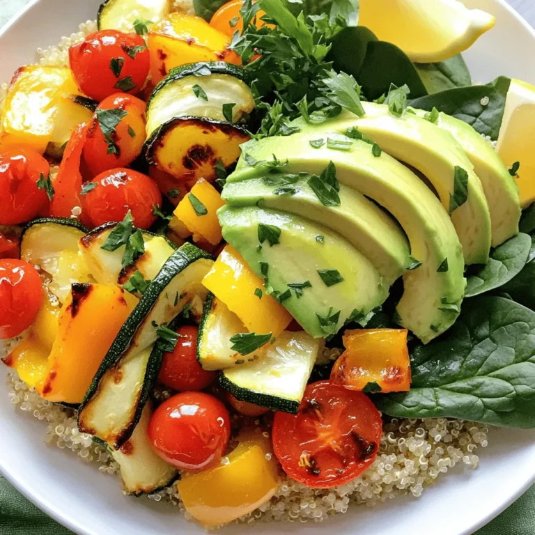 - 1 cup quinoa - 2 cups vegetable broth or water - 1 medium zucchini, diced into bite-sized pieces - 1 red bell pepper, diced - 1 yellow bell pepper, diced - 1 medium red onion, roughly chopped - 1 cup cherry tomatoes, halved - 2 tablespoons olive oil - 1 teaspoon garlic powder - 1 teaspoon smoked paprika - Salt and freshly cracked black pepper to taste - 1 cup fresh spinach, roughly chopped - 1 ripe avocado, sliced In this recipe, quinoa is the star. It has a great nutty taste and is full of protein. This dish also shines with a mix of vegetables. Zucchini, bell peppers, red onion, and cherry tomatoes work well together. They roast nicely and bring a sweet flavor. The spinach adds a fresh touch, while the avocado gives creaminess. For flavor, we use garlic powder and smoked paprika. They add depth to the dish. Olive oil is key for roasting the veggies, helping them caramelize and get crispy. - Fresh herbs (parsley or cilantro) - Lemon wedges Garnishes make everything better. Fresh herbs like parsley or cilantro add brightness. They bring color and a burst of flavor. Lemon wedges are also great to serve. A squeeze of lemon gives a fresh kick to each bite. You can find the full recipe for this delicious Roasted Vegetable Quinoa Bowl in the article. Enjoy making this colorful and healthy dish! - Preheat the oven to 425°F (220°C). - On a baking sheet, place diced zucchini, red and yellow bell peppers, chopped red onion, and halved cherry tomatoes. - Drizzle with 2 tablespoons of olive oil. - Season with 1 teaspoon garlic powder, 1 teaspoon smoked paprika, salt, and pepper. - Toss everything together until the veggies are well-coated. - Spread the vegetables evenly in a single layer. - Place the baking sheet in the preheated oven. - Roast the vegetables for 25-30 minutes. - Stir halfway through cooking. - The veggies should be tender and lightly caramelized on the edges. - In a medium-sized saucepan, combine 1 cup of rinsed quinoa with 2 cups of vegetable broth or water. - Bring the mixture to a boil. - Lower the heat to medium-low and cover. - Let it simmer for about 15 minutes until the quinoa absorbs all the liquid. - After cooking, remove the saucepan from the heat. - Let it sit, covered, for 5 minutes. - Fluff the quinoa gently with a fork. - Stir in 1 cup of fresh spinach until it wilts slightly. - Divide the fluffy quinoa among serving bowls. - Top each portion with the roasted vegetable mixture. - Neatly arrange slices of avocado on top of the veggies. - Garnish with chopped parsley or cilantro. - Serve immediately with lemon wedges on the side for a zesty kick. Using these steps, you can create a vibrant and healthy roasted vegetable quinoa bowl. This dish is not only simple but also packs a punch of flavor and nutrition. For the full recipe, check out the details above. To get perfect quinoa, rinse it well. This removes the natural coating that can taste bitter. Use two cups of broth for one cup of quinoa. Once cooked, let it sit covered for five minutes. This creates fluffy quinoa. When roasting vegetables, cut them into equal sizes. This ensures even cooking. Mix and match your veggies. Zucchini, bell peppers, and red onions work well together. Try seasonal vegetables for a fresh twist. For plating, use deep bowls. Start with a base of quinoa. Layer the roasted vegetables on top. Add avocado slices for creaminess. A drizzle of olive oil makes it shine. This also enhances flavor and makes it look inviting. Feel free to adjust spices based on your taste. If you like heat, add chili flakes or cayenne pepper. For a different twist, try adding lemon zest or fresh herbs. Consider using cumin or coriander for a warm flavor. You can also mix in nuts for extra crunch. For the full recipe, refer to the [Full Recipe]. {{image_4}} You can customize this roasted vegetable quinoa bowl with seasonal veggies. In spring, use asparagus and peas. Summer calls for zucchini and corn. Fall brings squash and Brussels sprouts. Winter is perfect for root veggies like carrots and parsnips. Cruciferous vegetables add a nice crunch. Try broccoli, cauliflower, or kale. These veggies roast well and offer great flavor. Mixing different colors adds visual appeal and nutrients. A homemade dressing can really boost the taste. Try mixing olive oil, lemon juice, and a pinch of salt. This simple blend brightens the dish. You can add herbs for extra flavor. A tahini dressing made with tahini, garlic, and lemon is also a great choice. For vegan options, consider a balsamic vinaigrette. It adds a sweet and tangy kick. Another option is a creamy avocado dressing. It’s rich and pairs perfectly with roasted veggies. Want to make your bowl heartier? Add beans or tofu for protein. Chickpeas or black beans work well. They add texture and flavor. Tofu, when roasted, becomes crispy on the outside and soft inside. Incorporating nuts and seeds can also boost protein and crunch. Almonds, walnuts, or sunflower seeds add a nice touch. They give a satisfying crunch and healthy fats. To keep your Roasted Vegetable Quinoa Bowl fresh, store leftovers in an airtight container. Place it in the fridge right away. It stays good for up to three days. When freezing, use a freezer-safe container. This way, you can enjoy it later. The dish can freeze well for up to one month. Just label the container with the date for easy tracking. For reheating, I suggest using the microwave. Place the bowl in the microwave for one to two minutes. Stir halfway through to heat evenly. If you want to keep the texture, add a splash of water before microwaving. This helps keep the quinoa fluffy. You can also heat it on the stove. Use a non-stick pan and a little oil. Heat it over medium until warm. This method keeps the flavors bright. Enjoy your meal warm and tasty! Yes, you can easily make this recipe gluten-free. Quinoa is already gluten-free, which is great! If you want to ensure all ingredients are safe, use gluten-free vegetable broth. Always check labels on store-bought items. This way, you can enjoy a tasty and safe meal. Meal prep is simple with this quinoa bowl. Cook a large batch of quinoa and roast extra vegetables. Store each part in separate containers. Keep the quinoa in the fridge for up to five days. The roasted veggies stay fresh too. Just reheat when you're ready to eat. This saves time on busy days. You can pair this quinoa bowl with many sides. Try serving it with a fresh salad or some crusty bread. A dollop of yogurt can add creaminess. You could also add grilled chicken or chickpeas for more protein. Each addition brings new flavors and textures. To add some heat, try adding spices during cooking. Chili powder or cayenne pepper works well. You can also drizzle hot sauce over the finished bowl. For a different kick, add sliced jalapeños or red pepper flakes. Adjust the spice level to your taste. Enjoy experimenting! For the complete recipe, check the [Full Recipe]. This article covered how to make a Roasted Vegetable Quinoa Bowl. You learned about key ingredients, like quinoa and fresh veggies. I shared steps for cooking, assembling, and storing your bowl. You also found tips for presentation and flavor. Enjoy this healthy dish as is or experiment with variations. Keep cooking and exploring new flavors!