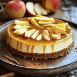 - 1 ½ cups graham cracker crumbs - ½ cup unsalted butter, melted - 2 tablespoons granulated sugar - 16 oz cream cheese, softened - ¾ cup granulated sugar - 1 teaspoon vanilla extract - 3 large eggs, at room temperature - 1 cup sour cream - 1 teaspoon ground cinnamon - 2 large apples, peeled and diced - 2 tablespoons unsalted butter - ¼ cup brown sugar - 1 teaspoon vanilla extract - ½ teaspoon ground cinnamon - 1 tablespoon fresh lemon juice - ½ cup brown sugar - ¼ cup unsalted butter - ¼ cup heavy cream - 1 teaspoon vanilla extract When making this caramel apple cheesecake, you need fresh and quality ingredients. The crust starts with graham cracker crumbs for a sweet base. The filling combines cream cheese, sugar, and eggs to create a creamy texture. For the apple filling, use firm apples like Granny Smith. They add a nice tartness. The caramel sauce gives a rich finish, blending sweetness with richness. Each ingredient plays a role in crafting a delicious dessert. If you want the full details, check out the Full Recipe. - Preheat the oven to 325°F (160°C). - In a bowl, mix graham cracker crumbs, melted butter, and sugar. Press this mixture into the bottom of a springform pan. - Bake for 10 minutes, then let it cool completely. - In a skillet, melt butter over medium heat. - Add diced apples, brown sugar, vanilla extract, cinnamon, and lemon juice. Cook for 5-7 minutes until apples are tender. - Remove from heat and set aside to cool. - In a large bowl, beat cream cheese with an electric mixer until smooth. - Gradually add sugar and vanilla extract, mixing until combined. - Add eggs one at a time, mixing on low speed. Avoid overmixing. - Slowly mix in the sour cream and ground cinnamon until the batter is creamy. - Pour half of the cheesecake mixture over the cooled crust. - Spread half of the apple filling on top of the cheesecake mixture. - Pour the rest of the cheesecake mixture over the apples, then add the remaining apple filling on top. - Bake in the oven for 50-60 minutes. The cheesecake should be set but slightly jiggly in the center. - After baking, turn off the oven. Crack the door open and let the cheesecake cool inside for 1 hour. - In a saucepan over medium heat, combine brown sugar, butter, and heavy cream. - Stir until the mixture boils and the sugar dissolves. Boil for 2 minutes without stirring. - Remove from heat and stir in vanilla extract. For the complete details on how to make this dish, refer to the Full Recipe. To make your cheesecake perfect, avoid overmixing. This keeps it smooth and creamy. When mixing, just blend until everything is combined. Also, bake at a low temperature. Set your oven to 325°F. This helps the cheesecake cook evenly and keeps it from cracking. When it’s time to serve, chill your cheesecake well. Serve it with warm caramel sauce drizzled on top. This will make every bite extra special. For a lovely touch, garnish with a sprinkle of cinnamon. Thin apple slices also look great and add flavor. Make sure all your ingredients are at room temperature. Cold ingredients can lead to lumps in your cheesecake. Also, let the cheesecake cool properly after baking. If you skip this step, it may crack. Cooling in the oven for an hour helps it set without issues. For more details on making this delicious treat, check out the Full Recipe. {{image_4}} You can make a no-bake version of this cheesecake. It’s quick and easy! For the crust, use crushed cookies. Mix them with melted butter and press them into your pan. Instead of baking, use gelatin to set the filling. This keeps the cheesecake creamy and smooth without heat. Here’s a tip: chill the cheesecake in the fridge for at least 4 hours. This way, it will firm up nicely. You can also add whipped cream on top for extra fluffiness. Want a vegan twist? Substitute cream cheese with cashew cream or coconut cream. You can blend soaked cashews until smooth. Use flax eggs instead of regular eggs. Just mix 1 tablespoon of ground flaxseed with 2.5 tablespoons of water. Let it sit for a few minutes to thicken. For caramel sauce, try using coconut milk and maple syrup. This gives a rich flavor without dairy. If you need gluten-free options, use gluten-free graham cracker crumbs for the crust. Check the package to make sure they are certified gluten-free. For the filling, all the other ingredients are usually gluten-free, but double-check labels to avoid any gluten. Make sure to avoid cross-contamination with gluten in your kitchen. This way, you can enjoy a delicious caramel apple cheesecake without worry. For the full recipe, check out the details above. You can store the cheesecake in the refrigerator for up to five days. Make sure to cover it tightly with plastic wrap or place it in an airtight container. This keeps the flavors fresh and prevents it from drying out. If you want to keep it even longer, add a layer of foil over the wrap. This extra step helps lock in moisture and flavor. To freeze the cheesecake, first, let it cool completely. Then, wrap it tightly in plastic wrap, followed by aluminum foil. This method prevents freezer burn and preserves the taste. You can freeze it for up to three months. When you're ready to enjoy it, remove it from the freezer and place it in the fridge to thaw overnight. For the best texture, avoid thawing at room temperature, as this can make it too soft. I recommend using Granny Smith apples. They are tart and firm. This tartness balances the sweet cheesecake and caramel. Honeycrisp apples are also great. They add a nice crunch and sweetness. Avoid soft apples like Red Delicious, as they become mushy when baked. The cheesecake needs about 50-60 minutes to bake. It should be set but still jiggle in the center. After baking, cool it in the oven for about one hour. This step helps prevent cracks. Then, chill it in the fridge for at least four hours for the best texture. Yes, you can make this cheesecake a day or two ahead. Just cool it completely before wrapping it in plastic wrap. Store it in the fridge until you’re ready to serve. This cheesecake tastes even better after sitting for a day. The flavors blend well together. You can use plain Greek yogurt as a substitute. It offers a similar tang and creaminess. Another option is cream cheese thinned with a bit of milk. This will change the texture slightly but still taste great. Just remember, each substitute alters the final flavor a little. This cheesecake blends creamy filling with sweet apples and rich caramel. You learned about the key ingredients, from crust to filling. I shared step-by-step instructions to guide you through making it perfectly. Remember the tips to avoid common mistakes. Storage tips help you keep it fresh longer. Enjoy serving this dessert chilled with warm caramel sauce for the best taste. Try the variations for new flavors, too. This cheesecake is sure to impress your friends and family every time.
