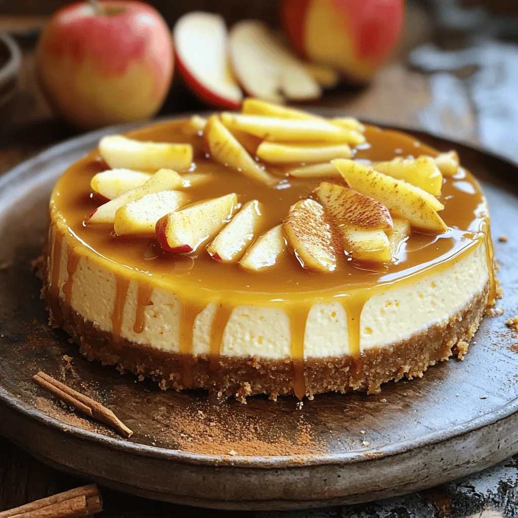 - 1 ½ cups graham cracker crumbs - ½ cup unsalted butter, melted - 2 tablespoons granulated sugar - 16 oz cream cheese, softened - ¾ cup granulated sugar - 1 teaspoon vanilla extract - 3 large eggs, at room temperature - 1 cup sour cream - 1 teaspoon ground cinnamon - 2 large apples, peeled and diced - 2 tablespoons unsalted butter - ¼ cup brown sugar - 1 teaspoon vanilla extract - ½ teaspoon ground cinnamon - 1 tablespoon fresh lemon juice - ½ cup brown sugar - ¼ cup unsalted butter - ¼ cup heavy cream - 1 teaspoon vanilla extract When making this caramel apple cheesecake, you need fresh and quality ingredients. The crust starts with graham cracker crumbs for a sweet base. The filling combines cream cheese, sugar, and eggs to create a creamy texture. For the apple filling, use firm apples like Granny Smith. They add a nice tartness. The caramel sauce gives a rich finish, blending sweetness with richness. Each ingredient plays a role in crafting a delicious dessert. If you want the full details, check out the Full Recipe. - Preheat the oven to 325°F (160°C). - In a bowl, mix graham cracker crumbs, melted butter, and sugar. Press this mixture into the bottom of a springform pan. - Bake for 10 minutes, then let it cool completely. - In a skillet, melt butter over medium heat. - Add diced apples, brown sugar, vanilla extract, cinnamon, and lemon juice. Cook for 5-7 minutes until apples are tender. - Remove from heat and set aside to cool. - In a large bowl, beat cream cheese with an electric mixer until smooth. - Gradually add sugar and vanilla extract, mixing until combined. - Add eggs one at a time, mixing on low speed. Avoid overmixing. - Slowly mix in the sour cream and ground cinnamon until the batter is creamy. - Pour half of the cheesecake mixture over the cooled crust. - Spread half of the apple filling on top of the cheesecake mixture. - Pour the rest of the cheesecake mixture over the apples, then add the remaining apple filling on top. - Bake in the oven for 50-60 minutes. The cheesecake should be set but slightly jiggly in the center. - After baking, turn off the oven. Crack the door open and let the cheesecake cool inside for 1 hour. - In a saucepan over medium heat, combine brown sugar, butter, and heavy cream. - Stir until the mixture boils and the sugar dissolves. Boil for 2 minutes without stirring. - Remove from heat and stir in vanilla extract. For the complete details on how to make this dish, refer to the Full Recipe. To make your cheesecake perfect, avoid overmixing. This keeps it smooth and creamy. When mixing, just blend until everything is combined. Also, bake at a low temperature. Set your oven to 325°F. This helps the cheesecake cook evenly and keeps it from cracking. When it’s time to serve, chill your cheesecake well. Serve it with warm caramel sauce drizzled on top. This will make every bite extra special. For a lovely touch, garnish with a sprinkle of cinnamon. Thin apple slices also look great and add flavor. Make sure all your ingredients are at room temperature. Cold ingredients can lead to lumps in your cheesecake. Also, let the cheesecake cool properly after baking. If you skip this step, it may crack. Cooling in the oven for an hour helps it set without issues. For more details on making this delicious treat, check out the Full Recipe. {{image_4}} You can make a no-bake version of this cheesecake. It’s quick and easy! For the crust, use crushed cookies. Mix them with melted butter and press them into your pan. Instead of baking, use gelatin to set the filling. This keeps the cheesecake creamy and smooth without heat. Here’s a tip: chill the cheesecake in the fridge for at least 4 hours. This way, it will firm up nicely. You can also add whipped cream on top for extra fluffiness. Want a vegan twist? Substitute cream cheese with cashew cream or coconut cream. You can blend soaked cashews until smooth. Use flax eggs instead of regular eggs. Just mix 1 tablespoon of ground flaxseed with 2.5 tablespoons of water. Let it sit for a few minutes to thicken. For caramel sauce, try using coconut milk and maple syrup. This gives a rich flavor without dairy. If you need gluten-free options, use gluten-free graham cracker crumbs for the crust. Check the package to make sure they are certified gluten-free. For the filling, all the other ingredients are usually gluten-free, but double-check labels to avoid any gluten. Make sure to avoid cross-contamination with gluten in your kitchen. This way, you can enjoy a delicious caramel apple cheesecake without worry. For the full recipe, check out the details above. You can store the cheesecake in the refrigerator for up to five days. Make sure to cover it tightly with plastic wrap or place it in an airtight container. This keeps the flavors fresh and prevents it from drying out. If you want to keep it even longer, add a layer of foil over the wrap. This extra step helps lock in moisture and flavor. To freeze the cheesecake, first, let it cool completely. Then, wrap it tightly in plastic wrap, followed by aluminum foil. This method prevents freezer burn and preserves the taste. You can freeze it for up to three months. When you're ready to enjoy it, remove it from the freezer and place it in the fridge to thaw overnight. For the best texture, avoid thawing at room temperature, as this can make it too soft. I recommend using Granny Smith apples. They are tart and firm. This tartness balances the sweet cheesecake and caramel. Honeycrisp apples are also great. They add a nice crunch and sweetness. Avoid soft apples like Red Delicious, as they become mushy when baked. The cheesecake needs about 50-60 minutes to bake. It should be set but still jiggle in the center. After baking, cool it in the oven for about one hour. This step helps prevent cracks. Then, chill it in the fridge for at least four hours for the best texture. Yes, you can make this cheesecake a day or two ahead. Just cool it completely before wrapping it in plastic wrap. Store it in the fridge until you’re ready to serve. This cheesecake tastes even better after sitting for a day. The flavors blend well together. You can use plain Greek yogurt as a substitute. It offers a similar tang and creaminess. Another option is cream cheese thinned with a bit of milk. This will change the texture slightly but still taste great. Just remember, each substitute alters the final flavor a little. This cheesecake blends creamy filling with sweet apples and rich caramel. You learned about the key ingredients, from crust to filling. I shared step-by-step instructions to guide you through making it perfectly. Remember the tips to avoid common mistakes. Storage tips help you keep it fresh longer. Enjoy serving this dessert chilled with warm caramel sauce for the best taste. Try the variations for new flavors, too. This cheesecake is sure to impress your friends and family every time.