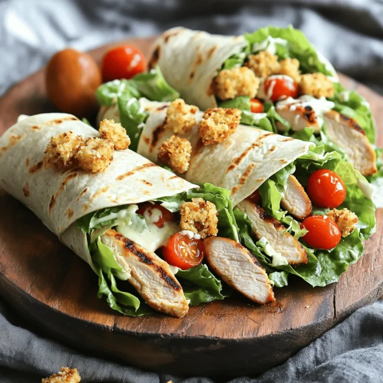 - 2 grilled chicken breasts, sliced into strips - 4 large romaine lettuce leaves, thoroughly washed and dried - 1 cup cherry tomatoes, cut in half - ½ cup grated Parmesan cheese, plus extra for garnish - ½ cup Caesar dressing (either store-bought or homemade) - 1 cup whole grain croutons, preferably crispy - 4 whole wheat tortillas, large - Salt and freshly ground black pepper to taste - Optional: ¼ cup sliced black olives or capers for added zing Gather these items for a fun cooking experience. I love using grilled chicken for its flavor. Fresh romaine lettuce adds a nice crunch. Cherry tomatoes bring a sweet and tangy taste. Parmesan cheese gives a rich flavor. The croutons add a delightful crunch to each bite. Whole wheat tortillas are my choice for a healthy wrap. Use salt and pepper to make your flavors pop. You can add olives or capers if you want an extra kick. These ingredients make a great mix for my Crunchy Chicken Caesar Wraps. For the full recipe, check out the detailed steps to create this easy meal. Enjoy the process and the tasty results! - Combine chicken, tomatoes, cheese, and croutons in a bowl. - Drizzle and toss with Caesar dressing. - Season with salt and pepper. Start by cutting your grilled chicken into strips. Then, grab a big bowl and mix it with cherry tomatoes, grated Parmesan cheese, and croutons. Drizzle the Caesar dressing on top. Toss everything until it’s coated. Taste it and add salt and pepper as needed. - Layer romaine lettuce on tortillas. - Distribute chicken Caesar mixture over lettuce. - Add optional black olives or capers. Now, take your whole wheat tortillas and lay them flat. Place a large romaine lettuce leaf on each tortilla. Spread the chicken Caesar mixture over the lettuce. You can sprinkle sliced black olives or capers on top for extra zing if you like. - Fold sides of tortillas inward. - Roll tightly from bottom to top. - Slice in half for serving. To wrap, fold the sides of each tortilla inward. Then, roll them tightly from the bottom up. This keeps all the yummy filling inside. After that, slice each wrap in half for easy eating. Enjoy your crunchy Chicken Caesar Wraps! For the full recipe, check out the earlier section. - Use grilled chicken for flavor and tenderness. The grill adds a nice smoky taste. - Don’t overdress the mixture to avoid sogginess. A little dressing goes a long way. - Adjust seasoning to taste. Start with salt and pepper, then tweak it as you like. - Plate wraps with a sprinkle of Parmesan cheese. It looks great and adds flavor. - Serve with extra Caesar dressing for dipping. This will enhance each bite. - Pair with a side salad for a complete meal. A fresh salad complements the wraps well. These tips will help you create the best Crunchy Chicken Caesar Wraps. Enjoy the process and have fun in the kitchen! For the complete recipe, check out the Full Recipe. {{image_4}} You can easily swap ingredients to change the flavor. Here are some ideas: - Use shrimp or tofu instead of chicken. Both add a unique twist. - Substitute regular lettuce with kale or spinach for a nutrient boost. - Experiment with different dressings like ranch or vinaigrette. Each adds its own flair. Making these wraps fit your diet is simple: - For a gluten-free option, use corn tortillas. They hold the filling well. - Opt for vegan ingredients and dressings for a plant-based meal. - Try a low-carb variation by using lettuce wraps instead of tortillas. This keeps it light and fresh. Each variation allows you to enjoy Crunchy Chicken Caesar Wraps in new ways. You can find the full recipe linked above. To keep your wraps fresh, place them in an airtight container. This helps prevent moisture loss. You can refrigerate them for up to 2 days. Eat them within this time for the best taste and texture. If you want to keep them longer, consider freezing the filling separately. If you need to heat them up, use a microwave for a quick heat-up. Be careful, as this may make the wraps soggy. For a crispy texture, reheat in the oven. Set the oven to 350°F (175°C) and heat for about 10 minutes. This will help restore some crunch. Enjoy your savory wraps again! Can I make Crunchy Chicken Caesar Wraps ahead of time? Yes, you can prepare these wraps ahead. Just keep the filling separate from the tortillas. This keeps everything fresh and crunchy. When ready to eat, assemble the wraps in minutes. What are the best sides to serve with these wraps? Great sides include a fresh salad, sweet potato fries, or a light soup. Each adds a nice balance to the meal. You can also serve extra Caesar dressing for dipping. How can I make a vegetarian version of this recipe? To make it vegetarian, swap the chicken for grilled veggies, chickpeas, or tofu. Use a plant-based Caesar dressing to keep the flavors. This way, you get a tasty, satisfying wrap without meat. How can I add more flavor to my wraps? You can add flavor by using herbs like basil or cilantro. A squeeze of lemon juice can brighten up the taste too. Consider adding spices like paprika or garlic powder for extra zing. Can I freeze these wraps for later? Yes, you can freeze the wraps. Wrap each one tightly in plastic wrap. Store them in a freezer-safe bag. When ready to eat, thaw them in the fridge overnight before enjoying. What are the topping options for extra crunch? For extra crunch, try adding sliced almonds, sunflower seeds, or crispy bacon bits. You can also use crispy fried onions or extra croutons on top. Each option adds a fun texture! For the full recipe, check the section above! This post guided you through making Crunchy Chicken Caesar Wraps. We covered the ingredients, preparation steps, tips for perfect wraps, and suggested variations. You learned how to store leftovers and reheat them for best results. Remember, you can easily customize this recipe to fit your tastes or dietary needs. Now, you can enjoy a fun, delicious meal right at home! Get creative and make it your own!