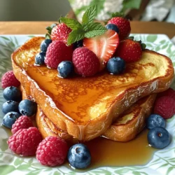 To make classic French toast, you need a few key items. Here’s what you will need: - Thick slices of bread (brioche or challah) - 2 large eggs - 1 cup milk (any variety will do) - 1 teaspoon pure vanilla extract - 1 teaspoon ground cinnamon - 1 tablespoon sugar (optional, for extra sweetness) These ingredients form the base of your French toast. The bread should be soft and thick to soak up the egg mixture well. Eggs and milk create a rich custard that gives the toast its creamy texture. Vanilla and cinnamon add warmth and flavor, while sugar can sweeten the mix. Once your French toast is cooked, you can add some delicious toppings. Here are some popular choices: - Maple syrup and fresh berries - Whipped cream and powdered sugar Maple syrup is a classic choice. It adds sweetness and enhances the flavor. Fresh berries like strawberries, blueberries, or raspberries add color and a burst of freshness. Whipped cream gives a light, fluffy touch, while powdered sugar adds a little elegance to your presentation. For the full recipe, check out the heavenly classic French toast section above! 1. In a mixing bowl, crack two large eggs. 2. Add one cup of milk to the eggs. 3. Whisk them together until they blend well. 4. Now, add one teaspoon of pure vanilla extract. 5. Next, sprinkle in one tablespoon of sugar, if you like it sweeter. 6. Finally, mix in one teaspoon of ground cinnamon. 7. Keep whisking until the mixture is frothy and smooth. 1. Preheat a non-stick skillet over medium heat. 2. Add one tablespoon of butter to the skillet. 3. Wait until the butter melts and coats the pan. 4. Carefully dip each slice of bread into the egg mix. 5. Soak the bread for just a few seconds on both sides. 6. Place the soaked bread in the hot skillet. 7. Cook for about 2-3 minutes until golden brown. 8. Flip the slices carefully and repeat on the other side. 9. Once both sides are browned, transfer the French toast to a plate. 10. Cover the toast with a kitchen towel to keep it warm. 1. Serve the French toast hot from the skillet. 2. Drizzle maple syrup over the top generously. 3. Garnish with fresh berries for a pop of color. 4. Arrange the toast on a plate nicely for a beautiful display. Follow this guide to make delicious classic French toast. For a full recipe, check out the Heavenly Classic French Toast section above. To get your French toast just right, focus on two key areas: soaking time and frying temperature. - Ideal soaking time for bread: Soak each slice for about 10-15 seconds. This allows the bread to absorb the egg mixture without getting too soggy. If you leave it too long, it may fall apart while cooking. - Optimal frying temperature: Heat your skillet to medium. A good test is to sprinkle a drop of water on the skillet; it should sizzle and evaporate quickly. This ensures even cooking and a golden crust. Don’t be afraid to play with flavors to make your French toast pop! - Experimenting with spices: Try adding a pinch of nutmeg or cardamom to your egg mixture. These spices add warmth and depth. Just a little goes a long way. - Options for enriched bread: Use brioche or challah, as they have a rich taste. You can also try flavored or stuffed bread, like cinnamon-raisin or chocolate chip. These options elevate your dish and provide unique flavors. Feeling adventurous? Check out the Full Recipe for a delightful twist on this classic! {{image_4}} You can take classic French toast to new heights. Adding chocolate chips or fresh fruit inside gives it a fun twist. Imagine biting into warm, sweet chocolate or juicy berries. This change makes it a dessert-like breakfast. Try mixing banana slices or strawberries into your egg mixture for extra flavor. You can also explore savory French toast. Use herbs like thyme or rosemary for a unique taste. Add cheese, like feta or cheddar, to make it richer. This option pairs well with a side salad or soup for lunch. Savory French toast is a great way to impress guests. For those with dietary needs, French toast can still shine. Use gluten-free bread if you need to avoid gluten. Many brands offer tasty options that hold up well when soaked. Pair it with plant-based milk like almond or oat milk. This keeps the recipe dairy-free but still creamy. You can also make a vegan version. Use flax eggs instead of regular eggs. To make a flax egg, mix one tablespoon of flaxseed meal with three tablespoons of water and let it sit. Alternatively, use aquafaba, the liquid from canned chickpeas. This acts like egg, adding fluffiness to your toast. These options make French toast inclusive for everyone. For more details, check the Full Recipe. To keep your French toast fresh, store it properly. You can refrigerate or freeze it. - Refrigerating: Place the leftovers in an airtight container. They will stay fresh for up to 3 days. - Freezing: For longer storage, wrap each slice in plastic wrap and place them in a freezer bag. They can last for about 2 months. When you're ready to eat, reheating is easy. - Best practices for reheating: For the microwave, heat for about 30 seconds. For the oven, preheat to 350°F (175°C) and warm for about 10 minutes. You can also use a skillet on low heat for a few minutes, flipping once. To maintain the quality of your French toast, follow these tips. - Duration for maintaining quality: Refrigerated French toast is best eaten within 3 days. Frozen French toast should be consumed within 2 months for the best taste. - Recommended containers for storage: Use airtight containers or freezer bags. This will help prevent freezer burn and keep your French toast tasting fresh. By storing your French toast correctly, you can enjoy this classic dish even longer! For the complete recipe, check out the Full Recipe link. For the best French toast, use thick slices of brioche or challah. These breads are soft and slightly sweet, which enhances the flavor. Their texture holds the egg mixture well, leading to a creamy inside. If you want a twist, try sourdough for a tangy taste or whole grain for added nutrition. Yes, you can make French toast in advance. Prepare the egg mixture and soak the bread the night before. Store the soaked bread in the fridge. When you’re ready, just heat a skillet and fry the slices. This saves time on busy mornings. You can also freeze cooked slices. Reheat them in a toaster or oven for a quick meal. To achieve a crispy outer layer, use a hot skillet and enough butter. Make sure not to soak the bread too long, or it will become soggy. Use a medium heat to cook it evenly. Flip the slices only once to get that perfect crunch. If you prefer extra crispiness, sprinkle the cooked toast with a bit of sugar before serving. Absolutely! French toast is great for meal prep. You can cook a large batch and store it in the fridge. It keeps well for up to three days. For quick breakfast options, reheat slices in a toaster or microwave. Pair with fresh fruit or yogurt for a balanced meal. French toast is a simple yet rewarding dish. It starts with thick bread, eggs, and milk. Then, add flavors like vanilla and cinnamon for depth. With the right cooking techniques, you achieve a perfect crisp outside and soft inside. Don't forget delicious toppings like syrup and berries. You can even experiment with various ingredients to suit any diet. Whether classic or gourmet, there’s a version for everyone. Now, you’re ready to create your own perfect French toast. Enjoy and share your delicious results!