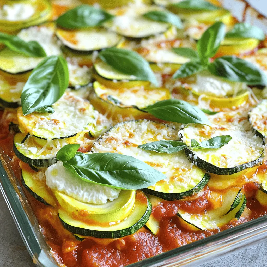 To make a yummy zucchini lasagna, gather these key ingredients: - 3 medium zucchinis, sliced into thin strips - 1 cup ricotta cheese - 1 cup shredded mozzarella cheese - 1/2 cup grated Parmesan cheese - 1 large egg - 2 cups marinara sauce These ingredients create layers of flavor and texture. Zucchini makes a great substitute for pasta. It is light and adds freshness. Ricotta and mozzarella give the dish creaminess. Parmesan adds a salty, deep flavor that ties it all together. Next, we need some seasonings and garnishes: - 1 teaspoon dried oregano - 1 teaspoon dried basil - Salt and pepper to taste - Fresh basil leaves for garnish (optional) Dried oregano and basil give the lasagna an aromatic boost. Salt and pepper enhance all the flavors. Fresh basil on top adds a pop of color and a fresh taste. These simple seasonings elevate the dish without overpowering it. For the full recipe, check out the "Full Recipe" section. 1. Preheat Oven and Prepare Zucchini Start by preheating your oven to 375°F (190°C). This helps ensure even cooking. Now, grab your zucchinis and slice them lengthwise into thin strips using a knife or mandoline. Aim for 1/4 inch thickness for best results. 2. Rinse and Dry Zucchini Strips Place the zucchini strips on a kitchen towel. Sprinkle them with salt and let them sit for 15-20 minutes. This step draws out extra moisture, which can make your lasagna soggy. After resting, rinse the strips under cold water. Pat them dry with paper towels to remove any moisture. 1. Create the Ricotta Mixture and Sauce Layers In a mixing bowl, combine the ricotta cheese, egg, dried oregano, dried basil, salt, and pepper. Mix until smooth. Next, spread a thin layer of marinara sauce on the bottom of a 9x13 inch baking dish. This adds flavor and keeps the lasagna from sticking. 2. Assemble the Lasagna in a Baking Dish Layer one-third of the zucchini strips over the sauce. Spoon half of the ricotta mixture over the zucchini. Follow this with one-third of the marinara sauce and a sprinkle of mozzarella cheese. Repeat this process with another layer of zucchini, ricotta, sauce, and mozzarella. For the final layer, arrange the last zucchini strips on top. Cover with the rest of the marinara sauce and top with mozzarella and Parmesan cheese. 1. Cover and Bake Cover the baking dish tightly with aluminum foil. Bake in the preheated oven for 30 minutes. This helps steam the zucchini and cook the layers evenly. 2. Browning the Cheese After 30 minutes, remove the foil. Bake for another 15-20 minutes. This step allows the cheese to bubble and turn golden brown. Let the lasagna cool for 10 minutes before slicing. Enjoy your delicious creation! For the complete recipe, check out the Full Recipe. - Choosing Fresh Zucchini When picking zucchini, look for firm, smooth skin. The color should be bright green. Avoid any that have soft spots or wrinkles. Fresh zucchini packs the best flavor and texture. - Preventing Sogginess in the Lasagna To keep your lasagna from getting soggy, salt the zucchini strips. After cutting, place them on a towel and sprinkle with salt. Let them sit for 15-20 minutes. This draws out extra moisture. Rinse the strips and pat them dry to remove salt. This simple step helps keep the layers from turning mushy. - Mixing Ratios for Creaminess The cheese mixture is vital for a creamy texture. I recommend using equal parts ricotta and mozzarella. Add a bit of Parmesan for extra flavor. Mix in one egg for binding. This will keep the cheese layer rich and smooth. - Adding Flavor Enhancements To boost the flavor of your cheese mix, add herbs like oregano and basil. A pinch of salt and pepper will enhance the taste. You can also try adding garlic powder for an extra kick. Simple changes can make a big impact! For the full recipe, check out the [Full Recipe]. {{image_4}} For a veggie twist, add different vegetables. Spinach, mushrooms, or bell peppers work great. You can layer them just like the zucchini. Each vegetable brings its own flavor and texture, making your dish unique. If you want to change the cheese, try goat cheese or cottage cheese. Both give a different taste and texture. Mix them with the ricotta for a creamier feel. For low-carb lovers, swap the marinara sauce for a homemade sauce. Use crushed tomatoes, garlic, and herbs to cut carbs. You can also use less cheese. Try full-fat cream cheese for a rich flavor with fewer carbs. To reduce carbs without losing taste, add herbs like thyme and rosemary. They pack a punch and enhance the flavors. You can still enjoy a great meal that fits your diet. For the full recipe, check out the details above! - Refrigeration Tips: Let the lasagna cool before storing. Cover it tightly with plastic wrap or foil. This keeps it fresh. Store in the fridge for up to 4 days. If you want, you can also place it in an airtight container. - Freezing Instructions and Best Practices: To freeze, let the lasagna cool completely. Cut it into portions for easy serving. Wrap each piece in plastic wrap, then place it in a freezer bag. Squeeze out the air to avoid freezer burn. It will stay good for up to 3 months. When you’re ready to eat, thaw it in the fridge overnight. - Best Methods for Maintaining Texture: The oven is best for reheating. Preheat it to 350°F (175°C). Place the lasagna in an oven-safe dish. Cover it with foil to prevent drying. Heat for about 20-30 minutes. This helps keep the cheese gooey and the zucchini tender. - Tips for Even Heating: If using the microwave, slice the lasagna into smaller pieces. This helps it heat evenly. Cover it with a microwave-safe lid to trap steam. Heat in short bursts, stirring gently between. This keeps it from getting too hot in some spots while cold in others. Yes, you can use other vegetables. Here are some great options: - Eggplant: Slices work well in layers. - Bell Peppers: Cut into thin strips for a sweet taste. - Sweet Potatoes: Thinly sliced, they add a nice sweetness. - Butternut Squash: A great alternative for a different flavor. These veggies can replace zucchini as the main layer. Adjust cooking times as needed. Cooked zucchini lasagna lasts about 3 to 5 days in the fridge. Store it in an airtight container. Make sure it cools down before you seal it. This helps keep it fresh longer. Absolutely! Zucchini lasagna is great for meal prep. Here are some tips: - Cook a larger batch and divide it into portions. - Layer and assemble, then freeze before baking. - Thaw it overnight in the fridge before baking. This makes a quick meal on busy nights. For the full recipe, check out the Zucchini Lasagna Delight! In this post, we covered how to make delicious zucchini lasagna. We discussed the key ingredients, like zucchini and ricotta cheese. I laid out step-by-step instructions for preparing, layering, and baking your dish. We also explored various tips to perfect your lasagna, like choosing the best zucchini and adding extra veggies. Remember, you can customize the recipe to fit your diet. Enjoy experimenting with flavors and textures! Your homemade zucchini lasagna is sure to impress everyone.