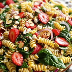 For this easy summer dish, gather these simple ingredients: - 8 oz. whole wheat or gluten-free pasta (fusilli or bowtie shapes work best) - 2 cups fresh baby spinach, thoroughly rinsed and gently dried - 2 cups fresh strawberries, hulled and sliced into thin rounds - 1/2 cup crumbled feta cheese, preferably from a block for better texture - 1/4 cup sliced almonds, toasted until golden for enhanced flavor - 1/4 cup red onion, finely sliced for a mild sharpness - 1/4 cup extra-virgin olive oil for a rich dressing - 2 tablespoons balsamic vinegar for a tangy sweetness - 1 tablespoon honey or maple syrup for a vegan option - Salt and freshly cracked black pepper to taste You can swap ingredients based on your taste or dietary needs. Here are some ideas: - Use quinoa or chickpea pasta instead of regular pasta for added protein. - Swap feta cheese for goat cheese or omit it for a dairy-free option. - Replace almonds with walnuts or pecans if you prefer a different nut flavor. - Try spinach with kale or mixed greens to change the greens in the salad. - Substitute honey with agave syrup for a vegan-friendly sweetener. Understanding the nutrition can help you make informed choices. Here’s a breakdown: - Whole wheat pasta: High in fiber, offers energy and keeps you full. - Baby spinach: Low in calories, rich in vitamins A and C, and iron. - Strawberries: Packed with antioxidants and vitamin C, good for skin health. - Feta cheese: Provides calcium and protein but is higher in sodium. - Sliced almonds: Healthy fats and protein, great for heart health. - Red onion: Contains quercetin, which has anti-inflammatory effects. - Extra-virgin olive oil: Full of healthy fats and supports heart health. - Balsamic vinegar: Low in calories, adds flavor without extra fat. - Honey or maple syrup: Natural sweeteners that offer some nutrients. - Salt and pepper: Used to enhance flavor, but use in moderation. This information helps you know what’s in your food. For the complete recipe, check the Full Recipe section. To make this salad, follow these easy steps. First, gather all your ingredients. Make sure everything is fresh and ready before you start cooking. This helps keep the process smooth and fun! Start by filling a large pot with water. Add a big pinch of salt for flavor. Bring the water to a rolling boil. Once it boils, add the pasta. I recommend using whole wheat or gluten-free fusilli or bowtie shapes. Cook the pasta as per the package instructions until it is al dente. When it's done, drain the pasta. Rinse it with cold water to stop the cooking. Let it drain well before mixing it into the salad. For the dressing, grab a small mixing bowl. Combine extra-virgin olive oil, balsamic vinegar, honey, salt, and pepper. Use a whisk to mix everything well. This makes the dressing smooth and creamy. Taste it and adjust the salt or honey if you like. This dressing adds a delightful tang to your salad. Check out the [Full Recipe] for exact measurements and more details! Start with the pasta. Make sure it is cool before adding the other items. This keeps the spinach fresh. Add the spinach next. It will wilt if you mix it in too early. Next, gently toss in the strawberries, feta, and almonds. Use a big spoon or tongs to mix. This helps keep the strawberries and feta intact. Finally, drizzle the dressing over the top. Toss again until everything is coated. For a stunning look, use a big white platter. This makes the colors pop. Arrange the salad in the center, leaving space around the edges. Add extra strawberries and feta on top for style. Whole spinach leaves can add a fresh touch. You can also serve salad in clear bowls. This way, everyone can see the vibrant mix of colors. To avoid a soggy salad, use fresh ingredients. Wait to dress the salad until just before serving. If you have leftovers, store the dressing separately. This keeps everything crisp. You can also add the spinach last. It will stay fresher longer this way. Lastly, try not to overmix. Gentle tossing helps keep the salad intact. {{image_4}} You can easily add protein to your salad. Chicken, shrimp, or tofu can boost flavor and nutrition. For chicken, use grilled or shredded pieces. Shrimp can be sautéed with garlic for extra taste. Tofu should be firm and cubed. Marinate it with soy sauce for a savory touch. Mix your chosen protein into the salad after tossing the pasta and veggies. This change makes the dish hearty and filling. If you want a vegan dressing, switch honey for maple syrup. This keeps the sweetness but aligns with plant-based diets. You can also add more herbs, like basil or cilantro, to enhance the flavor. These additions bring freshness and aroma to the dressing. Simply mix them into the olive oil and vinegar blend. This small tweak keeps the salad vibrant and satisfying without losing taste. You can swap ingredients based on the season to keep it fun. In spring, try adding peas or fresh herbs like dill. In summer, consider ripe peaches or blueberries instead of strawberries. In fall, roasted butternut squash can add sweetness. In winter, try using pomegranate seeds for a burst of color and flavor. These swaps can create a new experience each time you make the salad. It keeps your meals exciting and full of joy. To keep your salad fresh, store it in an airtight container. This helps prevent the salad from wilting. Make sure to separate the dressing if possible. This keeps the spinach and pasta from getting soggy. Use a container that fits snugly to minimize air exposure. You don’t need to reheat this salad, as it tastes best cold. If you want to refresh it, simply add a bit more dressing. Toss the salad gently to mix the new dressing, and serve right away. You can also add fresh strawberries or spinach to liven it up. The salad stays fresh in the fridge for about 3 days. The pasta and spinach may lose their crunch over time. Strawberries can become mushy as they sit. To enjoy the best flavor and texture, eat the salad within the first two days. For more detailed instructions, refer to the Full Recipe. Yes, you can make this salad ahead of time. I recommend preparing it a few hours before serving. This way, the flavors blend together nicely. However, add the dressing just before serving. This keeps the greens fresh and crisp. I suggest using whole wheat or gluten-free pasta. Fusilli or bowtie shapes work best. Their curves hold the dressing and flavors well. They add a fun texture to the salad too. Absolutely! This salad is great for meal prep. It stores well in the fridge and stays tasty for a few days. Just remember to keep the dressing separate until you're ready to eat. This helps maintain the salad's crunch. If you want a change, try using lemon juice or apple cider vinegar. Both add a nice tang. You can also use a creamy dressing like ranch or poppy seed if you prefer. Just make sure it complements the salad's flavors. You can find the full recipe for Strawberry Spinach Pasta Salad in the main article. It includes detailed steps and tips to create this refreshing dish. Enjoy making it! This post detailed how to make a tasty Strawberry Spinach Pasta Salad. We covered ingredients, step-by-step cooking, and helpful tips. You learned about substitutions, storage, and variations to keep it fresh. Remember, salad is flexible. Feel free to mix and match ingredients to your taste. Enjoy your salad, and share it with friends for a delightful meal. Happy cooking!