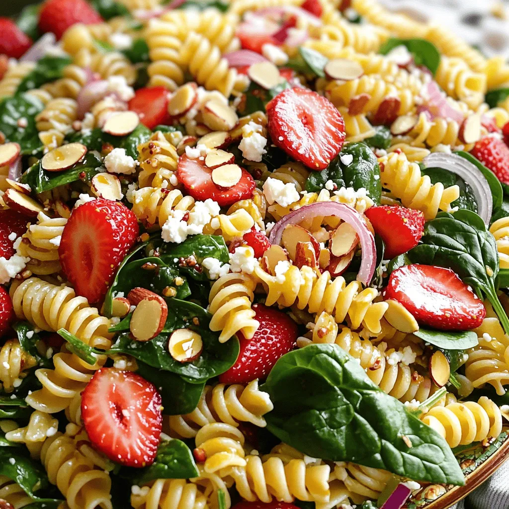 For this easy summer dish, gather these simple ingredients: - 8 oz. whole wheat or gluten-free pasta (fusilli or bowtie shapes work best) - 2 cups fresh baby spinach, thoroughly rinsed and gently dried - 2 cups fresh strawberries, hulled and sliced into thin rounds - 1/2 cup crumbled feta cheese, preferably from a block for better texture - 1/4 cup sliced almonds, toasted until golden for enhanced flavor - 1/4 cup red onion, finely sliced for a mild sharpness - 1/4 cup extra-virgin olive oil for a rich dressing - 2 tablespoons balsamic vinegar for a tangy sweetness - 1 tablespoon honey or maple syrup for a vegan option - Salt and freshly cracked black pepper to taste You can swap ingredients based on your taste or dietary needs. Here are some ideas: - Use quinoa or chickpea pasta instead of regular pasta for added protein. - Swap feta cheese for goat cheese or omit it for a dairy-free option. - Replace almonds with walnuts or pecans if you prefer a different nut flavor. - Try spinach with kale or mixed greens to change the greens in the salad. - Substitute honey with agave syrup for a vegan-friendly sweetener. Understanding the nutrition can help you make informed choices. Here’s a breakdown: - Whole wheat pasta: High in fiber, offers energy and keeps you full. - Baby spinach: Low in calories, rich in vitamins A and C, and iron. - Strawberries: Packed with antioxidants and vitamin C, good for skin health. - Feta cheese: Provides calcium and protein but is higher in sodium. - Sliced almonds: Healthy fats and protein, great for heart health. - Red onion: Contains quercetin, which has anti-inflammatory effects. - Extra-virgin olive oil: Full of healthy fats and supports heart health. - Balsamic vinegar: Low in calories, adds flavor without extra fat. - Honey or maple syrup: Natural sweeteners that offer some nutrients. - Salt and pepper: Used to enhance flavor, but use in moderation. This information helps you know what’s in your food. For the complete recipe, check the Full Recipe section. To make this salad, follow these easy steps. First, gather all your ingredients. Make sure everything is fresh and ready before you start cooking. This helps keep the process smooth and fun! Start by filling a large pot with water. Add a big pinch of salt for flavor. Bring the water to a rolling boil. Once it boils, add the pasta. I recommend using whole wheat or gluten-free fusilli or bowtie shapes. Cook the pasta as per the package instructions until it is al dente. When it's done, drain the pasta. Rinse it with cold water to stop the cooking. Let it drain well before mixing it into the salad. For the dressing, grab a small mixing bowl. Combine extra-virgin olive oil, balsamic vinegar, honey, salt, and pepper. Use a whisk to mix everything well. This makes the dressing smooth and creamy. Taste it and adjust the salt or honey if you like. This dressing adds a delightful tang to your salad. Check out the [Full Recipe] for exact measurements and more details! Start with the pasta. Make sure it is cool before adding the other items. This keeps the spinach fresh. Add the spinach next. It will wilt if you mix it in too early. Next, gently toss in the strawberries, feta, and almonds. Use a big spoon or tongs to mix. This helps keep the strawberries and feta intact. Finally, drizzle the dressing over the top. Toss again until everything is coated. For a stunning look, use a big white platter. This makes the colors pop. Arrange the salad in the center, leaving space around the edges. Add extra strawberries and feta on top for style. Whole spinach leaves can add a fresh touch. You can also serve salad in clear bowls. This way, everyone can see the vibrant mix of colors. To avoid a soggy salad, use fresh ingredients. Wait to dress the salad until just before serving. If you have leftovers, store the dressing separately. This keeps everything crisp. You can also add the spinach last. It will stay fresher longer this way. Lastly, try not to overmix. Gentle tossing helps keep the salad intact. {{image_4}} You can easily add protein to your salad. Chicken, shrimp, or tofu can boost flavor and nutrition. For chicken, use grilled or shredded pieces. Shrimp can be sautéed with garlic for extra taste. Tofu should be firm and cubed. Marinate it with soy sauce for a savory touch. Mix your chosen protein into the salad after tossing the pasta and veggies. This change makes the dish hearty and filling. If you want a vegan dressing, switch honey for maple syrup. This keeps the sweetness but aligns with plant-based diets. You can also add more herbs, like basil or cilantro, to enhance the flavor. These additions bring freshness and aroma to the dressing. Simply mix them into the olive oil and vinegar blend. This small tweak keeps the salad vibrant and satisfying without losing taste. You can swap ingredients based on the season to keep it fun. In spring, try adding peas or fresh herbs like dill. In summer, consider ripe peaches or blueberries instead of strawberries. In fall, roasted butternut squash can add sweetness. In winter, try using pomegranate seeds for a burst of color and flavor. These swaps can create a new experience each time you make the salad. It keeps your meals exciting and full of joy. To keep your salad fresh, store it in an airtight container. This helps prevent the salad from wilting. Make sure to separate the dressing if possible. This keeps the spinach and pasta from getting soggy. Use a container that fits snugly to minimize air exposure. You don’t need to reheat this salad, as it tastes best cold. If you want to refresh it, simply add a bit more dressing. Toss the salad gently to mix the new dressing, and serve right away. You can also add fresh strawberries or spinach to liven it up. The salad stays fresh in the fridge for about 3 days. The pasta and spinach may lose their crunch over time. Strawberries can become mushy as they sit. To enjoy the best flavor and texture, eat the salad within the first two days. For more detailed instructions, refer to the Full Recipe. Yes, you can make this salad ahead of time. I recommend preparing it a few hours before serving. This way, the flavors blend together nicely. However, add the dressing just before serving. This keeps the greens fresh and crisp. I suggest using whole wheat or gluten-free pasta. Fusilli or bowtie shapes work best. Their curves hold the dressing and flavors well. They add a fun texture to the salad too. Absolutely! This salad is great for meal prep. It stores well in the fridge and stays tasty for a few days. Just remember to keep the dressing separate until you're ready to eat. This helps maintain the salad's crunch. If you want a change, try using lemon juice or apple cider vinegar. Both add a nice tang. You can also use a creamy dressing like ranch or poppy seed if you prefer. Just make sure it complements the salad's flavors. You can find the full recipe for Strawberry Spinach Pasta Salad in the main article. It includes detailed steps and tips to create this refreshing dish. Enjoy making it! This post detailed how to make a tasty Strawberry Spinach Pasta Salad. We covered ingredients, step-by-step cooking, and helpful tips. You learned about substitutions, storage, and variations to keep it fresh. Remember, salad is flexible. Feel free to mix and match ingredients to your taste. Enjoy your salad, and share it with friends for a delightful meal. Happy cooking!