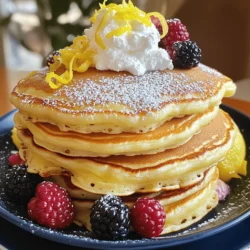 To make these delightful pancakes, gather these ingredients: - 1 cup ricotta cheese - 1 cup all-purpose flour - 2 large eggs - 1/2 cup milk - 1/4 cup granulated sugar - Zest of 1 lemon (about 1-2 teaspoons) - 2 tablespoons freshly squeezed lemon juice - 1 tablespoon baking powder - 1/2 teaspoon fine salt - 1 teaspoon pure vanilla extract - Butter or vegetable oil for cooking These ingredients create a light and zesty pancake that shines at breakfast or brunch. If you have dietary needs, here are some easy swaps: - Ricotta Cheese: Use cottage cheese or vegan ricotta for a lighter option. - All-Purpose Flour: Swap with almond flour or a gluten-free blend for gluten-free pancakes. - Milk: Use almond milk, oat milk, or any non-dairy milk you prefer. - Eggs: Replace with 1/4 cup applesauce or a flax egg (1 tablespoon ground flaxseed mixed with 2.5 tablespoons water). These substitutions will keep your pancakes tasty and friendly for various diets. Accurate measuring makes a big difference in cooking. Here’s how: - Flour: Spoon flour into your measuring cup and level it off with a knife. Avoid scooping directly to prevent packing. - Liquid Ingredients: Use a liquid measuring cup. Pour until you reach the desired line for accuracy. - Zest: Use a fine grater to get the zest without the bitter white pith. By measuring correctly, your pancakes will turn out fluffy and delicious every time. For the full recipe, check out the complete guide to making these lemon ricotta pancakes. Start by gathering your wet ingredients. In a medium bowl, add 1 cup of ricotta cheese, 2 large eggs, and 1/2 cup of milk. Next, add 1/4 cup of granulated sugar, the zest of 1 lemon, 2 tablespoons of freshly squeezed lemon juice, and 1 teaspoon of pure vanilla extract. Whisk these together until smooth. This mix should be creamy and well-blended. The ricotta cheese gives the pancakes a lovely texture. In a separate large bowl, combine 1 cup of all-purpose flour, 1 tablespoon of baking powder, 1/2 teaspoon of fine salt, and 1/4 cup of granulated sugar. Stir the dry ingredients together until they are mixed well. This step is key for even flavor and rise. Make sure there are no lumps in the flour. Now, it’s time to cook! Create a well in the center of the dry mix and pour in the ricotta mixture. Gently fold the wet and dry ingredients together. It’s okay if the batter is a bit lumpy; this helps keep the pancakes fluffy. Heat a non-stick skillet over medium heat. Add a small amount of butter or vegetable oil. Once hot, pour about 1/4 cup of batter onto the skillet. Cook until bubbles form on the surface, about 2-3 minutes. Carefully flip the pancake and cook until golden brown, another 2-3 minutes. Keep the cooked pancakes warm on a plate. For the full recipe, check the section above. Enjoy these delightful lemon ricotta pancakes! To make your pancakes fluffy, use fresh ingredients. The baking powder needs to be active. When mixing, fold the batter gently. You want to keep some lumps in the batter. Overmixing leads to dense pancakes. Let the batter rest for a few minutes before cooking. This helps the bubbles form and makes them rise better. If you have extra batter, store it in the fridge. Place it in an airtight container. Use the batter within one to two days for best results. Before using it again, give it a gentle stir. You might need to add a splash of milk if it thickens too much. Serve these pancakes warm for the best taste. After cooking, keep them on a plate in a warm oven. Set the oven to the lowest temperature. If you stack them, add parchment paper between layers. This prevents them from sticking together. Enjoy the delightful texture and zesty flavor of your lemon ricotta pancakes! {{image_4}} You can easily add blueberries or other fruits to the batter. Just fold in about 1 cup of fresh or frozen blueberries after mixing the wet and dry ingredients. This adds a burst of sweet flavor. You can also try diced strawberries or banana slices. These fruits pair well with lemon, giving your pancakes a bright taste. If you need a gluten-free option, swap the all-purpose flour for gluten-free flour. A mix of almond flour and coconut flour works well. Use 1/2 cup of almond flour and 1/2 cup of coconut flour. This change keeps the pancakes light and fluffy. You may need to add an extra egg to help bind the batter. For a savory twist, add herbs like fresh rosemary or thyme. Chop about 1 tablespoon of herbs and fold them into the batter. This change gives the pancakes a unique flavor. Serve them with a dollop of sour cream or yogurt for a tasty brunch. Explore the Full Recipe to enjoy these delightful variations! After enjoying your lemon ricotta pancakes, you may have some left. To store them, let the pancakes cool completely. Place them in an airtight container. You can stack them, but add a piece of parchment paper between layers to avoid sticking. Store them in the fridge for up to three days. This keeps the pancakes fresh and tasty. When you're ready to eat the leftover pancakes, you can easily reheat them. The best way is to use a skillet. Heat the skillet over low heat and add a small amount of butter. Place the pancakes in the skillet for about one to two minutes on each side. They should be warm and soft. You can also use a microwave. Just place them on a plate and cover with a damp paper towel. Heat for about 20-30 seconds, but check to avoid overheating. If you want to save pancakes for longer, freezing is a great option. To freeze, let the pancakes cool completely. Then, stack them with parchment paper in between. Wrap the stack in plastic wrap or place them in a freezer bag. Label the bag with the date. You can freeze them for up to two months. When you're ready to eat, thaw them in the fridge overnight before reheating. Enjoy your tasty lemon ricotta pancakes whenever you like! For the full recipe, check out the earlier section. Yes, you can prepare the batter ahead of time. I often mix it up the night before. Just store it in the fridge. Use it within 24 hours for the best taste. Make sure to stir it gently before cooking. The batter may thicken, so a little milk can help. These pancakes are great with many toppings. Here are some ideas: - Maple syrup for sweetness - Fresh berries like blueberries or strawberries - Whipped cream for a light touch - A dusting of powdered sugar for extra flair - Greek yogurt for a creamy contrast Each option adds a fun twist to your meal. You can tell pancakes are done by checking for bubbles. When bubbles form on top, it’s time to flip them. Cook until both sides are golden brown. You can also check the center with a toothpick. If it comes out clean, your pancake is ready. This ensures a fluffy and perfect texture. Lemon ricotta pancakes are a delightful treat. You learned about the ingredients, measuring tips, and cooking methods for fluffy results. We covered variations, storage tips, and answers to common questions. Incorporating fruits or herbs can add fun twists. Enjoy experimenting with recipes and sharing warm pancakes with others. You have everything you need to make delicious breakfast memories. Enjoy every bite!