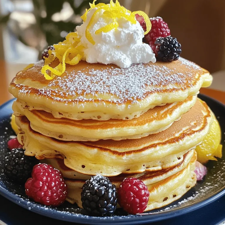 To make these delightful pancakes, gather these ingredients: - 1 cup ricotta cheese - 1 cup all-purpose flour - 2 large eggs - 1/2 cup milk - 1/4 cup granulated sugar - Zest of 1 lemon (about 1-2 teaspoons) - 2 tablespoons freshly squeezed lemon juice - 1 tablespoon baking powder - 1/2 teaspoon fine salt - 1 teaspoon pure vanilla extract - Butter or vegetable oil for cooking These ingredients create a light and zesty pancake that shines at breakfast or brunch. If you have dietary needs, here are some easy swaps: - Ricotta Cheese: Use cottage cheese or vegan ricotta for a lighter option. - All-Purpose Flour: Swap with almond flour or a gluten-free blend for gluten-free pancakes. - Milk: Use almond milk, oat milk, or any non-dairy milk you prefer. - Eggs: Replace with 1/4 cup applesauce or a flax egg (1 tablespoon ground flaxseed mixed with 2.5 tablespoons water). These substitutions will keep your pancakes tasty and friendly for various diets. Accurate measuring makes a big difference in cooking. Here’s how: - Flour: Spoon flour into your measuring cup and level it off with a knife. Avoid scooping directly to prevent packing. - Liquid Ingredients: Use a liquid measuring cup. Pour until you reach the desired line for accuracy. - Zest: Use a fine grater to get the zest without the bitter white pith. By measuring correctly, your pancakes will turn out fluffy and delicious every time. For the full recipe, check out the complete guide to making these lemon ricotta pancakes. Start by gathering your wet ingredients. In a medium bowl, add 1 cup of ricotta cheese, 2 large eggs, and 1/2 cup of milk. Next, add 1/4 cup of granulated sugar, the zest of 1 lemon, 2 tablespoons of freshly squeezed lemon juice, and 1 teaspoon of pure vanilla extract. Whisk these together until smooth. This mix should be creamy and well-blended. The ricotta cheese gives the pancakes a lovely texture. In a separate large bowl, combine 1 cup of all-purpose flour, 1 tablespoon of baking powder, 1/2 teaspoon of fine salt, and 1/4 cup of granulated sugar. Stir the dry ingredients together until they are mixed well. This step is key for even flavor and rise. Make sure there are no lumps in the flour. Now, it’s time to cook! Create a well in the center of the dry mix and pour in the ricotta mixture. Gently fold the wet and dry ingredients together. It’s okay if the batter is a bit lumpy; this helps keep the pancakes fluffy. Heat a non-stick skillet over medium heat. Add a small amount of butter or vegetable oil. Once hot, pour about 1/4 cup of batter onto the skillet. Cook until bubbles form on the surface, about 2-3 minutes. Carefully flip the pancake and cook until golden brown, another 2-3 minutes. Keep the cooked pancakes warm on a plate. For the full recipe, check the section above. Enjoy these delightful lemon ricotta pancakes! To make your pancakes fluffy, use fresh ingredients. The baking powder needs to be active. When mixing, fold the batter gently. You want to keep some lumps in the batter. Overmixing leads to dense pancakes. Let the batter rest for a few minutes before cooking. This helps the bubbles form and makes them rise better. If you have extra batter, store it in the fridge. Place it in an airtight container. Use the batter within one to two days for best results. Before using it again, give it a gentle stir. You might need to add a splash of milk if it thickens too much. Serve these pancakes warm for the best taste. After cooking, keep them on a plate in a warm oven. Set the oven to the lowest temperature. If you stack them, add parchment paper between layers. This prevents them from sticking together. Enjoy the delightful texture and zesty flavor of your lemon ricotta pancakes! {{image_4}} You can easily add blueberries or other fruits to the batter. Just fold in about 1 cup of fresh or frozen blueberries after mixing the wet and dry ingredients. This adds a burst of sweet flavor. You can also try diced strawberries or banana slices. These fruits pair well with lemon, giving your pancakes a bright taste. If you need a gluten-free option, swap the all-purpose flour for gluten-free flour. A mix of almond flour and coconut flour works well. Use 1/2 cup of almond flour and 1/2 cup of coconut flour. This change keeps the pancakes light and fluffy. You may need to add an extra egg to help bind the batter. For a savory twist, add herbs like fresh rosemary or thyme. Chop about 1 tablespoon of herbs and fold them into the batter. This change gives the pancakes a unique flavor. Serve them with a dollop of sour cream or yogurt for a tasty brunch. Explore the Full Recipe to enjoy these delightful variations! After enjoying your lemon ricotta pancakes, you may have some left. To store them, let the pancakes cool completely. Place them in an airtight container. You can stack them, but add a piece of parchment paper between layers to avoid sticking. Store them in the fridge for up to three days. This keeps the pancakes fresh and tasty. When you're ready to eat the leftover pancakes, you can easily reheat them. The best way is to use a skillet. Heat the skillet over low heat and add a small amount of butter. Place the pancakes in the skillet for about one to two minutes on each side. They should be warm and soft. You can also use a microwave. Just place them on a plate and cover with a damp paper towel. Heat for about 20-30 seconds, but check to avoid overheating. If you want to save pancakes for longer, freezing is a great option. To freeze, let the pancakes cool completely. Then, stack them with parchment paper in between. Wrap the stack in plastic wrap or place them in a freezer bag. Label the bag with the date. You can freeze them for up to two months. When you're ready to eat, thaw them in the fridge overnight before reheating. Enjoy your tasty lemon ricotta pancakes whenever you like! For the full recipe, check out the earlier section. Yes, you can prepare the batter ahead of time. I often mix it up the night before. Just store it in the fridge. Use it within 24 hours for the best taste. Make sure to stir it gently before cooking. The batter may thicken, so a little milk can help. These pancakes are great with many toppings. Here are some ideas: - Maple syrup for sweetness - Fresh berries like blueberries or strawberries - Whipped cream for a light touch - A dusting of powdered sugar for extra flair - Greek yogurt for a creamy contrast Each option adds a fun twist to your meal. You can tell pancakes are done by checking for bubbles. When bubbles form on top, it’s time to flip them. Cook until both sides are golden brown. You can also check the center with a toothpick. If it comes out clean, your pancake is ready. This ensures a fluffy and perfect texture. Lemon ricotta pancakes are a delightful treat. You learned about the ingredients, measuring tips, and cooking methods for fluffy results. We covered variations, storage tips, and answers to common questions. Incorporating fruits or herbs can add fun twists. Enjoy experimenting with recipes and sharing warm pancakes with others. You have everything you need to make delicious breakfast memories. Enjoy every bite!