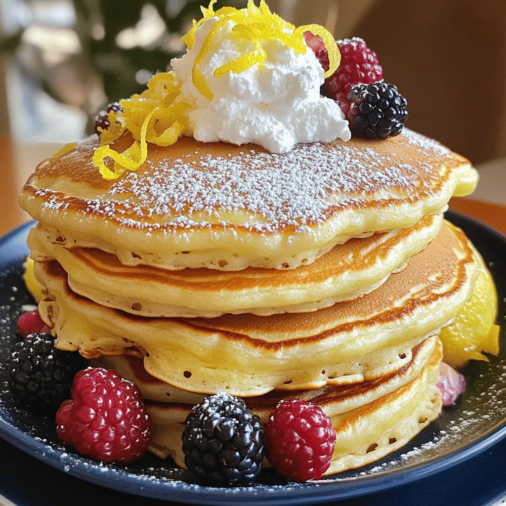 To make these delightful pancakes, gather these ingredients: - 1 cup ricotta cheese - 1 cup all-purpose flour - 2 large eggs - 1/2 cup milk - 1/4 cup granulated sugar - Zest of 1 lemon (about 1-2 teaspoons) - 2 tablespoons freshly squeezed lemon juice - 1 tablespoon baking powder - 1/2 teaspoon fine salt - 1 teaspoon pure vanilla extract - Butter or vegetable oil for cooking These ingredients create a light and zesty pancake that shines at breakfast or brunch. If you have dietary needs, here are some easy swaps: - Ricotta Cheese: Use cottage cheese or vegan ricotta for a lighter option. - All-Purpose Flour: Swap with almond flour or a gluten-free blend for gluten-free pancakes. - Milk: Use almond milk, oat milk, or any non-dairy milk you prefer. - Eggs: Replace with 1/4 cup applesauce or a flax egg (1 tablespoon ground flaxseed mixed with 2.5 tablespoons water). These substitutions will keep your pancakes tasty and friendly for various diets. Accurate measuring makes a big difference in cooking. Here’s how: - Flour: Spoon flour into your measuring cup and level it off with a knife. Avoid scooping directly to prevent packing. - Liquid Ingredients: Use a liquid measuring cup. Pour until you reach the desired line for accuracy. - Zest: Use a fine grater to get the zest without the bitter white pith. By measuring correctly, your pancakes will turn out fluffy and delicious every time. For the full recipe, check out the complete guide to making these lemon ricotta pancakes. Start by gathering your wet ingredients. In a medium bowl, add 1 cup of ricotta cheese, 2 large eggs, and 1/2 cup of milk. Next, add 1/4 cup of granulated sugar, the zest of 1 lemon, 2 tablespoons of freshly squeezed lemon juice, and 1 teaspoon of pure vanilla extract. Whisk these together until smooth. This mix should be creamy and well-blended. The ricotta cheese gives the pancakes a lovely texture. In a separate large bowl, combine 1 cup of all-purpose flour, 1 tablespoon of baking powder, 1/2 teaspoon of fine salt, and 1/4 cup of granulated sugar. Stir the dry ingredients together until they are mixed well. This step is key for even flavor and rise. Make sure there are no lumps in the flour. Now, it’s time to cook! Create a well in the center of the dry mix and pour in the ricotta mixture. Gently fold the wet and dry ingredients together. It’s okay if the batter is a bit lumpy; this helps keep the pancakes fluffy. Heat a non-stick skillet over medium heat. Add a small amount of butter or vegetable oil. Once hot, pour about 1/4 cup of batter onto the skillet. Cook until bubbles form on the surface, about 2-3 minutes. Carefully flip the pancake and cook until golden brown, another 2-3 minutes. Keep the cooked pancakes warm on a plate. For the full recipe, check the section above. Enjoy these delightful lemon ricotta pancakes! To make your pancakes fluffy, use fresh ingredients. The baking powder needs to be active. When mixing, fold the batter gently. You want to keep some lumps in the batter. Overmixing leads to dense pancakes. Let the batter rest for a few minutes before cooking. This helps the bubbles form and makes them rise better. If you have extra batter, store it in the fridge. Place it in an airtight container. Use the batter within one to two days for best results. Before using it again, give it a gentle stir. You might need to add a splash of milk if it thickens too much. Serve these pancakes warm for the best taste. After cooking, keep them on a plate in a warm oven. Set the oven to the lowest temperature. If you stack them, add parchment paper between layers. This prevents them from sticking together. Enjoy the delightful texture and zesty flavor of your lemon ricotta pancakes! {{image_4}} You can easily add blueberries or other fruits to the batter. Just fold in about 1 cup of fresh or frozen blueberries after mixing the wet and dry ingredients. This adds a burst of sweet flavor. You can also try diced strawberries or banana slices. These fruits pair well with lemon, giving your pancakes a bright taste. If you need a gluten-free option, swap the all-purpose flour for gluten-free flour. A mix of almond flour and coconut flour works well. Use 1/2 cup of almond flour and 1/2 cup of coconut flour. This change keeps the pancakes light and fluffy. You may need to add an extra egg to help bind the batter. For a savory twist, add herbs like fresh rosemary or thyme. Chop about 1 tablespoon of herbs and fold them into the batter. This change gives the pancakes a unique flavor. Serve them with a dollop of sour cream or yogurt for a tasty brunch. Explore the Full Recipe to enjoy these delightful variations! After enjoying your lemon ricotta pancakes, you may have some left. To store them, let the pancakes cool completely. Place them in an airtight container. You can stack them, but add a piece of parchment paper between layers to avoid sticking. Store them in the fridge for up to three days. This keeps the pancakes fresh and tasty. When you're ready to eat the leftover pancakes, you can easily reheat them. The best way is to use a skillet. Heat the skillet over low heat and add a small amount of butter. Place the pancakes in the skillet for about one to two minutes on each side. They should be warm and soft. You can also use a microwave. Just place them on a plate and cover with a damp paper towel. Heat for about 20-30 seconds, but check to avoid overheating. If you want to save pancakes for longer, freezing is a great option. To freeze, let the pancakes cool completely. Then, stack them with parchment paper in between. Wrap the stack in plastic wrap or place them in a freezer bag. Label the bag with the date. You can freeze them for up to two months. When you're ready to eat, thaw them in the fridge overnight before reheating. Enjoy your tasty lemon ricotta pancakes whenever you like! For the full recipe, check out the earlier section. Yes, you can prepare the batter ahead of time. I often mix it up the night before. Just store it in the fridge. Use it within 24 hours for the best taste. Make sure to stir it gently before cooking. The batter may thicken, so a little milk can help. These pancakes are great with many toppings. Here are some ideas: - Maple syrup for sweetness - Fresh berries like blueberries or strawberries - Whipped cream for a light touch - A dusting of powdered sugar for extra flair - Greek yogurt for a creamy contrast Each option adds a fun twist to your meal. You can tell pancakes are done by checking for bubbles. When bubbles form on top, it’s time to flip them. Cook until both sides are golden brown. You can also check the center with a toothpick. If it comes out clean, your pancake is ready. This ensures a fluffy and perfect texture. Lemon ricotta pancakes are a delightful treat. You learned about the ingredients, measuring tips, and cooking methods for fluffy results. We covered variations, storage tips, and answers to common questions. Incorporating fruits or herbs can add fun twists. Enjoy experimenting with recipes and sharing warm pancakes with others. You have everything you need to make delicious breakfast memories. Enjoy every bite!