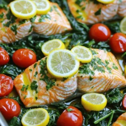 This recipe uses simple, fresh ingredients. Here’s what you need: - 4 skinless salmon fillets - 3 tablespoons extra virgin olive oil - 4 cloves garlic, finely minced - 2 lemons (1 juiced, 1 thinly sliced) - 1 teaspoon dried oregano - 1 teaspoon smoked paprika - Salt and freshly cracked black pepper to taste - 1 cup cherry tomatoes, halved - 1 cup fresh baby spinach - Fresh parsley, chopped (for a vibrant garnish) These ingredients come together to create a bright and tasty meal. The salmon is rich in omega-3 fatty acids. Garlic adds a punch of flavor, while lemon brings a zesty brightness. The tomatoes and spinach add color and nutrients. You can enhance this dish with a few extra ingredients. Consider adding: - Red pepper flakes for heat - Capers for a briny touch - Fresh basil or dill for an herb boost These options can change the flavor and make the dish your own. Feel free to mix and match based on what you have on hand. You only need a few simple tools for this dish: - A large baking sheet - Parchment paper for easy cleanup - A small mixing bowl for the marinade - A whisk or fork to combine the marinade These items make the cooking process quick and easy. Having the right tools helps ensure your meal turns out perfect every time. For the full recipe, check the link above! Start by preheating your oven to 400°F (200°C). This step helps cook the salmon evenly. Line a large baking sheet with parchment paper. This makes cleanup easy later. In a small bowl, mix together the extra virgin olive oil, minced garlic, and juice from one lemon. Add dried oregano, smoked paprika, and a pinch of salt and pepper. Whisk it all together until smooth. This marinade adds great flavor to the salmon. Place the salmon fillets on the lined baking sheet. Pour the marinade over each fillet. Make sure every piece gets covered well. This will keep the salmon moist and tasty. Next, place thin lemon slices on top of each fillet. Scatter halved cherry tomatoes around the salmon. If any marinade is left, drizzle it over the tomatoes. Put the baking sheet in the preheated oven. Bake for 12 to 15 minutes. Check the salmon by using a fork. It should flake easily when it’s done. In the last 5 minutes, add fresh baby spinach around the salmon. This will wilt nicely and soak up the flavors. When finished, take the baking sheet out of the oven. Top with chopped parsley for a fresh look. Enjoy your one pan lemon garlic salmon! For the full recipe, click here. To cook salmon just right, aim for a few key points. First, use fresh salmon fillets. Fresh fish tastes better and cooks evenly. Next, don’t overcook it. Salmon is perfect when it flakes easily with a fork. Keep an eye on the clock. Set a timer for about 12-15 minutes. If you like it a bit rare, check earlier. You can also use a meat thermometer. The ideal temperature is around 125°F (52°C) for medium-rare. You can add your twist to this dish for more flavor. Try adding a splash of white wine to the marinade. It gives a nice depth to the taste. You can also add fresh herbs like dill or thyme. They pair well with salmon and bring out its flavors. For a spicy kick, add red pepper flakes to the marinade. If you want a citrus twist, try using lime instead of lemon. To make a complete meal, think about your sides. Roasted asparagus or green beans go well with salmon. They add color and crunch to your plate. You can also serve it with a light salad. A simple mix of greens and vinaigrette works great. Another option is quinoa or rice. They soak up the juices and complement the salmon’s flavor. Feel free to mix and match your sides to make it your own! For the full recipe, check above. {{image_4}} You can switch salmon for other proteins. Try chicken breast, shrimp, or tofu. Each option cooks well with the same flavors. Chicken takes a bit longer to cook, about 20-25 minutes. Shrimp cooks fast; it needs just 8-10 minutes. Tofu can be baked for 15-20 minutes. Adjust cook times based on the protein you choose. Feel free to mix up the veggies in this dish. You can replace cherry tomatoes with bell peppers or zucchini. Broccoli or asparagus also works well. Just cut them into bite-sized pieces. These veggies add color and nutrients. Make sure to adjust the cooking time. Some may need a little longer to tenderize. You can change the flavor with simple swaps. Use lime juice instead of lemon for a different zest. Fresh herbs like dill or basil can replace parsley. Add a pinch of red pepper flakes for heat. If you want a smoky taste, try adding smoked salt. Experimenting with flavors can make this dish uniquely yours. For more ideas, check out the Full Recipe. After enjoying your one pan lemon garlic salmon, store any leftovers in an airtight container. Keep it in the fridge for up to three days. Make sure to let it cool down before sealing the container. This helps maintain the salmon's texture and flavor. To reheat, use your oven or a microwave. If using an oven, preheat it to 350°F (175°C). Place the salmon on a baking sheet and cover it with foil. Heat for about 10 minutes. For the microwave, place the salmon on a plate. Heat in 30-second intervals until warm. Be careful not to overcook it. If you want to save leftovers longer, freezing is a great option. Wrap the salmon in plastic wrap, then place it in a freezer-safe bag. Remove as much air as possible. You can freeze it for up to two months. When you're ready to eat, thaw it overnight in the fridge before reheating. You can find the full recipe to enjoy this dish again or share with friends. You can check if the salmon is done by using a fork. Gently flake the thickest part of the fillet. If it flakes easily, it’s ready. Salmon is best when it reaches an internal temperature of 145°F (63°C). You can also look for a change in color. It should be opaque and not translucent. Yes, you can prep the salmon and marinade ahead of time. Store the salmon fillets in the fridge with the marinade for up to 24 hours. This helps build flavor. However, it's best to bake it fresh for the best taste and texture. If you don’t have fresh parsley, you can use fresh cilantro or basil. Both add a nice touch. Dried herbs like parsley can work too, but use less since they are more concentrated. Absolutely! This recipe is healthy and packed with nutrients. Salmon provides Omega-3 fatty acids, which are good for your heart. The tomatoes and spinach add vitamins and minerals. Using olive oil is a healthy fat choice too. Yes, you can use frozen salmon. Just make sure to thaw it first. You can do this by placing it in the fridge overnight or using the microwave. Once thawed, you can follow the full recipe as usual. This post covered key ingredients, tools, and step-by-step baking instructions for salmon. We explored tips for perfect cooking and tasty variations you can try. You learned how to store leftovers safely and how to reheat them without losing flavor. Cooking salmon can be simple and rewarding. Now, enjoy your flavorful dish and share it with loved ones. Happy cooking!
