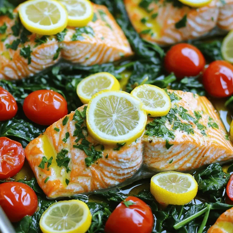 This recipe uses simple, fresh ingredients. Here’s what you need: - 4 skinless salmon fillets - 3 tablespoons extra virgin olive oil - 4 cloves garlic, finely minced - 2 lemons (1 juiced, 1 thinly sliced) - 1 teaspoon dried oregano - 1 teaspoon smoked paprika - Salt and freshly cracked black pepper to taste - 1 cup cherry tomatoes, halved - 1 cup fresh baby spinach - Fresh parsley, chopped (for a vibrant garnish) These ingredients come together to create a bright and tasty meal. The salmon is rich in omega-3 fatty acids. Garlic adds a punch of flavor, while lemon brings a zesty brightness. The tomatoes and spinach add color and nutrients. You can enhance this dish with a few extra ingredients. Consider adding: - Red pepper flakes for heat - Capers for a briny touch - Fresh basil or dill for an herb boost These options can change the flavor and make the dish your own. Feel free to mix and match based on what you have on hand. You only need a few simple tools for this dish: - A large baking sheet - Parchment paper for easy cleanup - A small mixing bowl for the marinade - A whisk or fork to combine the marinade These items make the cooking process quick and easy. Having the right tools helps ensure your meal turns out perfect every time. For the full recipe, check the link above! Start by preheating your oven to 400°F (200°C). This step helps cook the salmon evenly. Line a large baking sheet with parchment paper. This makes cleanup easy later. In a small bowl, mix together the extra virgin olive oil, minced garlic, and juice from one lemon. Add dried oregano, smoked paprika, and a pinch of salt and pepper. Whisk it all together until smooth. This marinade adds great flavor to the salmon. Place the salmon fillets on the lined baking sheet. Pour the marinade over each fillet. Make sure every piece gets covered well. This will keep the salmon moist and tasty. Next, place thin lemon slices on top of each fillet. Scatter halved cherry tomatoes around the salmon. If any marinade is left, drizzle it over the tomatoes. Put the baking sheet in the preheated oven. Bake for 12 to 15 minutes. Check the salmon by using a fork. It should flake easily when it’s done. In the last 5 minutes, add fresh baby spinach around the salmon. This will wilt nicely and soak up the flavors. When finished, take the baking sheet out of the oven. Top with chopped parsley for a fresh look. Enjoy your one pan lemon garlic salmon! For the full recipe, click here. To cook salmon just right, aim for a few key points. First, use fresh salmon fillets. Fresh fish tastes better and cooks evenly. Next, don’t overcook it. Salmon is perfect when it flakes easily with a fork. Keep an eye on the clock. Set a timer for about 12-15 minutes. If you like it a bit rare, check earlier. You can also use a meat thermometer. The ideal temperature is around 125°F (52°C) for medium-rare. You can add your twist to this dish for more flavor. Try adding a splash of white wine to the marinade. It gives a nice depth to the taste. You can also add fresh herbs like dill or thyme. They pair well with salmon and bring out its flavors. For a spicy kick, add red pepper flakes to the marinade. If you want a citrus twist, try using lime instead of lemon. To make a complete meal, think about your sides. Roasted asparagus or green beans go well with salmon. They add color and crunch to your plate. You can also serve it with a light salad. A simple mix of greens and vinaigrette works great. Another option is quinoa or rice. They soak up the juices and complement the salmon’s flavor. Feel free to mix and match your sides to make it your own! For the full recipe, check above. {{image_4}} You can switch salmon for other proteins. Try chicken breast, shrimp, or tofu. Each option cooks well with the same flavors. Chicken takes a bit longer to cook, about 20-25 minutes. Shrimp cooks fast; it needs just 8-10 minutes. Tofu can be baked for 15-20 minutes. Adjust cook times based on the protein you choose. Feel free to mix up the veggies in this dish. You can replace cherry tomatoes with bell peppers or zucchini. Broccoli or asparagus also works well. Just cut them into bite-sized pieces. These veggies add color and nutrients. Make sure to adjust the cooking time. Some may need a little longer to tenderize. You can change the flavor with simple swaps. Use lime juice instead of lemon for a different zest. Fresh herbs like dill or basil can replace parsley. Add a pinch of red pepper flakes for heat. If you want a smoky taste, try adding smoked salt. Experimenting with flavors can make this dish uniquely yours. For more ideas, check out the Full Recipe. After enjoying your one pan lemon garlic salmon, store any leftovers in an airtight container. Keep it in the fridge for up to three days. Make sure to let it cool down before sealing the container. This helps maintain the salmon's texture and flavor. To reheat, use your oven or a microwave. If using an oven, preheat it to 350°F (175°C). Place the salmon on a baking sheet and cover it with foil. Heat for about 10 minutes. For the microwave, place the salmon on a plate. Heat in 30-second intervals until warm. Be careful not to overcook it. If you want to save leftovers longer, freezing is a great option. Wrap the salmon in plastic wrap, then place it in a freezer-safe bag. Remove as much air as possible. You can freeze it for up to two months. When you're ready to eat, thaw it overnight in the fridge before reheating. You can find the full recipe to enjoy this dish again or share with friends. You can check if the salmon is done by using a fork. Gently flake the thickest part of the fillet. If it flakes easily, it’s ready. Salmon is best when it reaches an internal temperature of 145°F (63°C). You can also look for a change in color. It should be opaque and not translucent. Yes, you can prep the salmon and marinade ahead of time. Store the salmon fillets in the fridge with the marinade for up to 24 hours. This helps build flavor. However, it's best to bake it fresh for the best taste and texture. If you don’t have fresh parsley, you can use fresh cilantro or basil. Both add a nice touch. Dried herbs like parsley can work too, but use less since they are more concentrated. Absolutely! This recipe is healthy and packed with nutrients. Salmon provides Omega-3 fatty acids, which are good for your heart. The tomatoes and spinach add vitamins and minerals. Using olive oil is a healthy fat choice too. Yes, you can use frozen salmon. Just make sure to thaw it first. You can do this by placing it in the fridge overnight or using the microwave. Once thawed, you can follow the full recipe as usual. This post covered key ingredients, tools, and step-by-step baking instructions for salmon. We explored tips for perfect cooking and tasty variations you can try. You learned how to store leftovers safely and how to reheat them without losing flavor. Cooking salmon can be simple and rewarding. Now, enjoy your flavorful dish and share it with loved ones. Happy cooking!