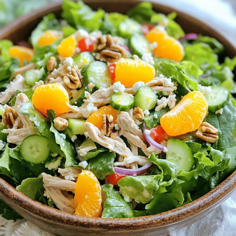 Here’s a complete list of ingredients for your easy chicken salad: - 2 cups cooked chicken breast, shredded - 1 cup mixed greens - 1/2 cup orange segments - 1/2 cup cucumber, diced - 1/4 cup red bell pepper, chopped - 1/4 cup red onion, thinly sliced - 1/4 cup feta cheese (optional) - 1/4 cup walnuts, roughly chopped - 3 tablespoons extra virgin olive oil - 2 tablespoons freshly squeezed lemon juice - 1 tablespoon honey - Salt and pepper to taste If you want to switch things up, here are some ideas: - Use rotisserie chicken instead of cooking your own. - Swap mixed greens for spinach or romaine. - Try using tangerine or grapefruit segments for a twist. - Replace walnuts with pecans or almonds for a different crunch. - Omit feta for a dairy-free option, or use avocado for creaminess. Want to make your salad even better? Add some of these: - A handful of fresh herbs like cilantro or mint. - Sliced avocado for extra creaminess. - Diced apples or grapes for a sweet touch. - A pinch of chili flakes for some heat. - A sprinkle of sunflower seeds for extra texture. This easy chicken salad is not only quick to make, but it also lets you personalize it to your taste. You can find the full recipe and more tips in the Zesty Citrus Chicken Salad section. Enjoy! Start with the chicken. Use cooked chicken breast. Shred it into bite-sized pieces. You can use leftover chicken or rotisserie chicken for speed. Next, wash the mixed greens well. I like to mix spinach, arugula, and romaine. Chop the cucumber into small cubes. Cut the red bell pepper into small chunks. Slice the red onion thinly. If you use feta cheese, crumble it into small pieces. In a large bowl, combine all the prepared ingredients. Add the shredded chicken, mixed greens, orange segments, diced cucumber, chopped red bell pepper, sliced red onion, and feta cheese. Using two salad spoons, toss everything gently. Make sure all the ingredients blend well together. This helps the flavors mix nicely. In a small bowl, whisk together the olive oil, lemon juice, honey, salt, and pepper. Keep whisking until the dressing is smooth. This step is key to making the dressing creamy. It adds a nice flavor to the salad. Drizzle the dressing over the salad mixture. Toss again gently to coat everything. Let the salad sit for about 10 minutes. This helps the flavors blend. Before serving, sprinkle the chopped walnuts on top. They add a nice crunch. For a pretty display, serve the salad in shallow bowls. You can add extra orange segments or fresh herbs as a garnish. This makes your dish look even more inviting. To make this chicken salad fast, use pre-cooked chicken. You can buy it or cook it ahead. Shredding the chicken is quick with two forks. Also, chop your veggies while the chicken cools. This way, you save time and keep things moving. When choosing greens, look for bright colors. They should feel crisp, not wilted. For cucumbers, pick ones that are firm with no soft spots. Choose bell peppers that are shiny and firm. Fresh oranges should feel heavy for their size. These tips ensure your salad tastes great and is healthy. When tossing your salad, use two large spoons. This method helps mix all the ingredients without smashing them. Add the dressing before tossing for better coverage. Toss gently so the greens stay crisp. Letting the salad rest helps all the flavors blend well. You can find the full recipe for this zesty chicken salad to try these tips. {{image_4}} You can change the flavor of your chicken salad with different dressings. Try ranch for a creamy touch. A yogurt-based dressing offers a lighter option. If you like spice, add sriracha to your dressing. For a zesty kick, consider a cilantro-lime vinaigrette. Each dressing gives you a new taste experience. Adding new ingredients can make your chicken salad special. Consider adding: - 1/2 avocado, diced for creaminess - 1/4 cup dried cranberries for sweetness - 1/4 cup chopped apples for crunch - 1/4 cup celery, diced for freshness - 1/4 cup cooked quinoa for added protein These additions create exciting flavors and textures. Feel free to mix and match! If you want a vegetarian or vegan option, replace chicken with chickpeas. You can also use tofu or tempeh for a protein boost. For the dressing, swap honey with maple syrup. This keeps the dish sweet and vegan-friendly. You can make this salad work for everyone! For more details, check out the Full Recipe. To store your chicken salad, use an airtight container. This keeps moisture in and air out. Place the salad in the fridge right after serving. If you have extra salad, try to separate the dressing. This keeps the greens fresh and crunchy. You can keep chicken salad in the fridge for about three to four days. Check for any off smells or changes in color before eating. If you notice any changes, it is best to throw it away. Freezing chicken salad is not ideal because of the ingredients. However, if you want to freeze it, do so without the greens. Place the salad in a freezer-safe container. It can last for up to three months. When you are ready to eat, thaw it in the fridge overnight. Add fresh greens and dressing just before serving. For the best taste, always try to enjoy the salad fresh. For the full recipe, check out the Zesty Citrus Chicken Salad. The best way to cook chicken for salad is to grill or bake it. This method keeps the chicken moist and adds flavor. You can also poach chicken in water or broth for tender results. Make sure to season it well with salt and pepper for added taste. Once cooked, shred the chicken into bite-sized pieces for easy mixing in your salad. Yes, you can make this recipe ahead of time. Prepare the chicken salad and store it in an airtight container in the fridge. It tastes even better when the flavors have time to blend. Just keep the dressing separate until you are ready to serve it to maintain the crunchiness of the greens. Chicken salad lasts about three to four days in the fridge. Make sure to keep it in an airtight container. Always check for any signs of spoilage before you eat it. If it smells off or looks unusual, it’s best to throw it away. Yes, you can use canned chicken for this salad. Canned chicken is a great option for a quick meal. Just drain and rinse it before adding it to your salad. This saves time and still gives you a tasty dish. You can serve chicken salad in many ways. Try it on a sandwich, in a wrap, or over a bed of greens. You can also serve it with crackers or on a plate of fresh veggies. It pairs well with fruit or a light soup for a full meal. For the complete recipe, check out the Full Recipe section. This chicken salad recipe combines tasty ingredients and simple steps. You need cooked chicken, fresh veggies, and a zesty dressing. I shared tips for fresh ingredients and time-saving hacks. Try variations with different dressings and add-ins to keep it fun. Store your leftovers properly to enjoy later. This dish is not just easy to make, but also packed with flavor and nutrition. Enjoy creating your own version; the possibilities are endless!