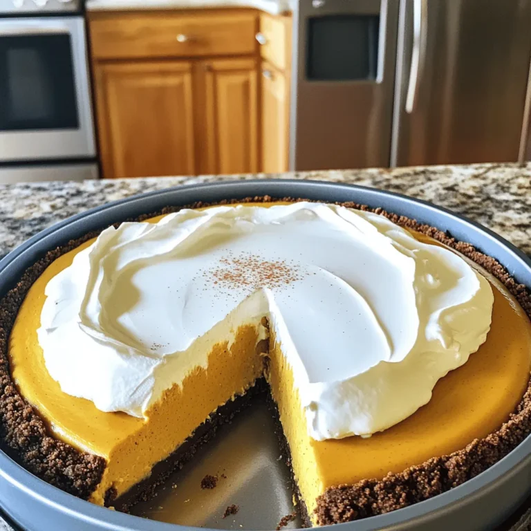 To make the No Bake Pumpkin Cheesecake, you will need: - 1 ½ cups graham cracker crumbs - ½ cup unsweetened cocoa powder - ⅓ cup unsalted butter, melted - 1 cup cream cheese, softened to room temperature - 1 cup canned pumpkin puree - 1 cup powdered sugar - 1 teaspoon vanilla extract - 1 teaspoon pumpkin pie spice - 1 cup heavy whipping cream If you want to change things up, consider these options: - For the crust, use crushed cookies or nuts instead of graham crackers. - Swap unsweetened cocoa powder with a flavored powder for a twist. - Use coconut cream instead of heavy cream for a dairy-free version. - If you prefer a less sweet cheesecake, cut down the powdered sugar. You will need a few essential tools to prepare this dish: - Mixing bowls for combining ingredients - Electric mixer to whip cream and blend the filling - Springform pan to hold the cheesecake - Spatula for smoothing the filling in the pan - Measuring cups and spoons for accurate ingredient amounts These tools will help you create a creamy and easy delight that everyone will love! For the full recipe, check out the details above. To make the crust, start by mixing the graham cracker crumbs and cocoa powder. Use a medium bowl for this. Pour in the melted butter and stir well. You want it to look like wet sand. Next, press this mixture firmly into the bottom of a 9-inch springform pan. Make sure it's an even layer. This helps it hold together well. Now, place the pan in the refrigerator. Chill it while you make the cheesecake filling. Let it sit for about 10 minutes. This step is key for a firm crust. Now, let’s focus on the cheesecake filling. In a large bowl, add the softened cream cheese. Use an electric mixer to beat it until it’s nice and smooth. This should take about 2 minutes. Next, add the pumpkin puree, powdered sugar, vanilla extract, and pumpkin pie spice. Mix these ingredients on medium speed. Make sure everything blends well and is creamy. There should be no lumps. This is crucial for a smooth cheesecake. For the next step, we need to whip the heavy cream. In a separate bowl, use an electric mixer on high speed. Whip the cream until stiff peaks form. This will take around 2-3 minutes. Once done, gently fold the whipped cream into the pumpkin mixture. Start with one-third of the whipped cream. This lightens the mixture. Then add the rest, folding until no white streaks are left. Be careful not to deflate the whipped cream. Now, pour the creamy filling over your chilled crust. Use a spatula to smooth the top. Cover the pan tightly with plastic wrap. Refrigerate for at least 4 hours, or overnight. This helps it set completely. After it’s firm, carefully remove the sides of the springform pan. Slice it into wedges and enjoy! You can find the full recipe above. To avoid lumps in your filling, start with softened cream cheese. This makes mixing easy. Use an electric mixer or whisk to blend until smooth. Mix in the pumpkin puree and powdered sugar slowly. This keeps the texture creamy. Fold in the whipped cream gently. Use a spatula and make sure no white streaks remain. This will give you a light and fluffy filling. For a beautiful presentation, serve each slice with a dollop of whipped cream. A sprinkle of cocoa powder on top looks nice too. You can add a light dusting of pumpkin pie spice for extra flavor. A small sprig of mint adds a nice pop of color. Place each slice on a colorful plate to make it stand out. One mistake is not chilling the crust long enough. Always chill the crust before adding the filling. This makes it firm. Another error is overmixing the filling. If you mix too much after adding whipped cream, it will deflate. Avoid adding too much pumpkin pie spice. Too much can overwhelm the other flavors. Follow the Full Recipe for best results. {{image_4}} You can spice up your cheesecake in fun ways. Try adding ground cinnamon or nutmeg for warmth. A bit of ginger can also bring a nice kick. You might even add a splash of maple syrup for sweetness. All these flavors can make your cheesecake even more exciting! Want to make this cheesecake gluten-free? Use gluten-free graham crackers for the crust. If you're going vegan, substitute cream cheese with a dairy-free version. Use coconut cream instead of heavy cream for a rich texture. These options keep the taste great while fitting different diets. Get creative with your cheesecake! Try mixing in chocolate chips or swirls of caramel. You could also add a layer of crushed cookies on top for crunch. Think about using different types of fruit, like apples or pecans. Each change can turn this dessert into something new and fun! Check out the Full Recipe for more ideas. To keep your no-bake pumpkin cheesecake fresh, store it in the fridge. First, cover the cheesecake with plastic wrap. This helps to keep it from drying out. If you have leftovers, it's best to slice the cheesecake before storing. Use an airtight container to hold the slices, or keep them in the springform pan if it fits in your fridge. You can freeze this cheesecake for later! First, let it set in the fridge completely. Once firm, wrap the cheesecake tightly in plastic wrap. Then, place it in a freezer-safe container. Remember to label it with the date. To enjoy later, move it to the fridge to thaw overnight. You can also thaw it at room temperature for about two hours. In the fridge, your no-bake pumpkin cheesecake lasts about 4 to 5 days. If you freeze it, it will stay good for about 1 to 2 months. Just make sure it is well-wrapped to keep it fresh! This way, you can enjoy this creamy and easy delight whenever you like. For the full recipe, check out the details above! The No Bake Pumpkin Cheesecake takes about 4 hours to set in the fridge. For the best results, let it chill overnight. This extra time helps the flavors blend well and gives the cheesecake a nice firm texture. Be sure to cover it well so it doesn’t absorb any smells from the fridge. Yes, you can make this cheesecake ahead of time. I often prepare it a day or two before serving. Just keep it covered in the fridge. This way, you save time and enjoy the dessert when you’re ready. It also allows the flavors to deepen, making it taste even better. If you don’t have a springform pan, don’t worry! You can use a regular pie dish or an 8-inch round cake pan. Just line the dish with parchment paper for easy removal. You can also use a flat-bottomed dish to serve directly from it. This way, you still get to enjoy your delicious No Bake Pumpkin Cheesecake! No Bake Pumpkin Cheesecake is a delicious treat that's easy to make. We covered all the key ingredients, tools, and steps, so you can create this dessert with confidence. Don't forget the tips for perfecting the texture and any updates for dietary needs. You can also be creative with flavors and ensure your cheesecake stays fresh. Now that you have the knowledge, get in the kitchen and enjoy making this festive cheesecake! Your friends and family will love it.