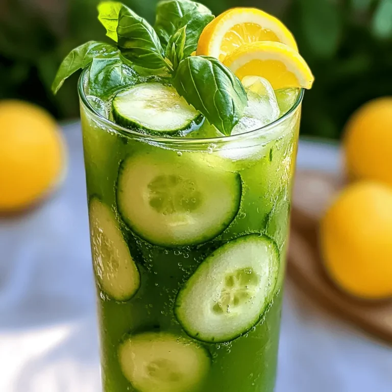 For a refreshing cucumber basil lemonade, gather these simple ingredients: - 1 large cucumber, peeled and diced - 1 cup fresh basil leaves, loosely packed - 1 cup freshly squeezed lemon juice (approximately 4-5 medium lemons) - 3/4 cup honey or agave syrup (sweetness can be adjusted to taste) - 4 cups cold water - Ice cubes - Optional garnishes (lemon slices, basil sprigs) Using fresh ingredients makes a big difference. The cucumber adds a cool, crisp flavor. The basil brings a pleasant herbal note. Fresh lemon juice gives it that bright, tangy kick. You can adjust the sweetness to match your taste by adding more or less honey. This recipe is flexible, so feel free to experiment with the amounts. For a fun twist, you can even try other herbs! Check out the Full Recipe for more details on how to make it. 1. First, get your large cucumber and peel it. Dice it into small pieces. 2. Place the diced cucumber and fresh basil leaves into your blender. 3. Add 1 cup of water to help everything blend well. 4. Blend on high until the mixture is smooth and creamy. 5. Now, take a fine mesh sieve and place it over a large pitcher. 6. Pour the blended mixture into the sieve to strain it. 7. Use the back of a spoon to press down on the solids. 8. Make sure to extract as much liquid as you can. Discard the solids. 9. Next, pour in 1 cup of freshly squeezed lemon juice into the pitcher. 10. Add 3/4 cup of honey or agave syrup to the lemon juice. 11. Use a whisk or a spoon to mix everything until the sweetener dissolves. 1. Now, add 3 cups of cold water to the pitcher. 2. Stir the mixture again until it is well combined. 3. Taste your lemonade and see if you want it sweeter. 4. If needed, add more honey or agave syrup to reach your desired sweetness. 5. Cover the pitcher and place it in the fridge for at least 30 minutes. 6. This chilling time helps the flavors blend together nicely. 7. When ready to serve, fill your glasses with ice cubes. 8. Pour the chilled cucumber basil lemonade over the ice. 9. For a nice touch, garnish each glass with a slice of lemon and a basil sprig. For the full recipe, refer to the details above. Enjoy your refreshing drink! To make a smooth cucumber basil lemonade, start with fresh ingredients. A ripe cucumber gives a crisp taste, while fresh basil adds a lovely aroma. When blending, cut the cucumber into small pieces. This helps the blender work faster and blend well. - Use a good-quality blender for best results. - Add a cup of cold water with the cucumber and basil to help the blend. Fresh ingredients are key for this drink. They provide vibrant flavor and color. Fresh basil leaves should be bright green and fragrant. This ensures you get the best taste and aroma in your lemonade. Adjusting the sweetness is simple. If you want a sweeter drink, add more honey or agave syrup. Start with the recommended 3/4 cup. Then, taste the mixture. If it’s not sweet enough, add a little more. If you prefer natural sweeteners, try these options: - Maple syrup offers a rich, unique flavor. - Coconut sugar adds a hint of caramel. - Stevia is a zero-calorie option for a light touch of sweetness. With these tips, you can make your cucumber basil lemonade just the way you like it. For the full recipe, check out the earlier section. {{image_4}} You can change the taste of cucumber basil lemonade by adding fruits. Strawberries and watermelon work great here. Just blend them with the cucumber and basil. This will give your drink a fun twist and new colors. Using flavored sweeteners can also change the taste. Ginger adds a spicy kick, while mint gives a cool touch. You can use these sweeteners instead of honey or agave. Feel free to mix and match until you find your favorite flavor! Garnishing your drink makes it look nice and taste better. Adding lemon slices on the rim of the glass is simple yet effective. You can also use fresh basil sprigs for a pop of green. These little touches make your lemonade more inviting. Pairing your cucumber basil lemonade with food can enhance your meal. This drink goes well with light dishes like salads or grilled chicken. It also complements spicy foods, as it cools the palate. You can enjoy it at picnics or barbecues for a perfect summer treat. Explore the [Full Recipe] to discover how to make this refreshing drink! To keep your cucumber basil lemonade fresh, store it in the fridge. Use a clean, airtight container or a pitcher with a lid. This will help lock in the flavors and aromas. Make sure to pour it into the container without any ice. Ice can make the drink watery and less enjoyable. The shelf life of cucumber basil lemonade is about three days. After that, the taste may change. It’s best to consume it within this time for the best flavor. If you notice any off smell or taste, it’s time to toss it. If you want to save some for later, freezing is a great option. Pour the lemonade into ice cube trays. This way, you can freeze it in small portions. Once frozen, transfer the cubes to a freezer bag. Make sure to label the bag with the date. When you want to enjoy it again, simply thaw the cubes in the fridge overnight. You can also drop them into a glass of water or soda for a cool drink. Enjoy your cucumber basil lemonade as a refreshing treat any time! Can I use bottled lemon juice instead of fresh? Yes, you can use bottled lemon juice. However, fresh lemon juice tastes better. It has a bright flavor and more nutrients. Fresh lemons also add a lovely aroma. How long does cucumber basil lemonade last in the fridge? Cucumber basil lemonade lasts for about three to five days in the fridge. Keep it in a sealed container. The flavors may change slightly over time, but it will still taste great. Is it possible to make this drink sugar-free? Yes, you can make this drink sugar-free. Use a sugar substitute like stevia or monk fruit. Adjust the amount based on your taste. This way, you can enjoy the drink without added sugar. What are the health benefits of cucumber and basil? Cucumber is hydrating and low in calories. It helps keep your skin fresh. Basil has anti-inflammatory properties. It can help with digestion and boost your mood. Together, they make a healthy drink choice. For the full recipe of cucumber basil lemonade, check out the recipe section. This blog post covered how to make a refreshing cucumber basil lemonade. You learned about the key ingredients, simple steps, and tips for the best taste. I shared ways to adjust sweetness and enhance flavors with fruits. Lastly, I discussed storage options for leftovers and answered frequent questions. Try this drink next time you need something cool and tasty. Enjoy the fresh flavors and make it your own!