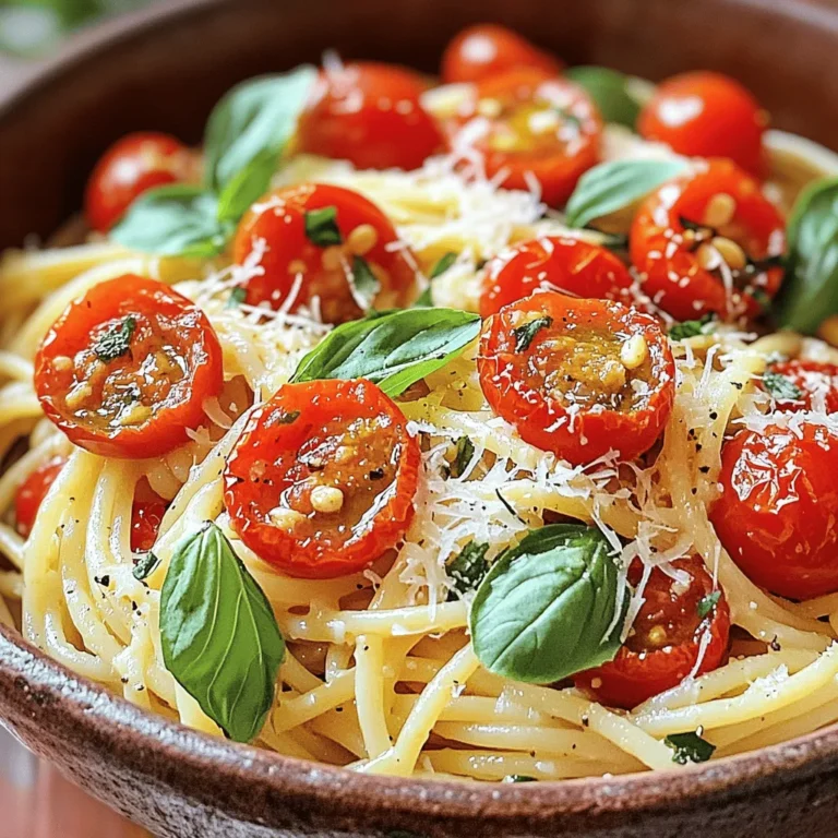 - 2 cups cherry tomatoes, halved - 3 tablespoons extra virgin olive oil - 4 cloves garlic, finely minced - 1 teaspoon dried oregano - Salt and freshly cracked black pepper to taste - 8 oz spaghetti or your preferred pasta - 1/4 cup fresh basil leaves, roughly chopped - 1/4 cup grated Parmesan cheese (optional for serving) - 1 teaspoon balsamic vinegar (optional for depth of flavor) Each ingredient plays a key role in the dish. The cherry tomatoes bring sweetness and acidity. Olive oil adds richness and helps the flavors meld. Garlic gives a punchy aroma, while oregano adds a hint of earthiness. Salt and pepper enhance all the flavors. Spaghetti provides a perfect base for the sauce. Fresh basil adds brightness and freshness. Parmesan cheese gives a savory finish, if you choose to add it. Balsamic vinegar can deepen the flavor, giving a sweet tang. Each serving has about 350 calories, 10 grams of protein, 60 grams of carbs, and 10 grams of fat. Using fresh ingredients boosts flavor and nutrition. Fresh tomatoes are high in vitamins and antioxidants. Olive oil offers healthy fats that support heart health. Garlic may help boost your immune system. Fresh basil contains vitamins A and K. This dish is not just tasty; it also supports a balanced diet. To start, you need to prepare the cherry tomatoes and garlic. First, wash the cherry tomatoes well. Next, cut each tomato in half. This helps them roast evenly. For the garlic, take four cloves and finely mince them. This step releases their rich flavor. When selecting tomatoes, look for bright red ones. They should feel firm but not hard. Avoid any tomatoes with blemishes or soft spots. Fresh and ripe tomatoes give the best taste to your pasta. Roasting the tomatoes is key to this dish. Preheat your oven to 400°F (200°C). This high heat caramelizes the sugars in the tomatoes. On a large baking sheet, combine the halved tomatoes with two tablespoons of olive oil, minced garlic, dried oregano, and some salt and pepper. Toss everything together. Spread the mixture in a single layer to ensure even roasting. Place the baking sheet in the oven. Roast the tomatoes for about 20-25 minutes. You want them to burst and turn golden around the edges. This brings out their sweet flavor. While the tomatoes roast, cook the pasta. Fill a large pot with water and bring it to a rapid boil. Add a generous amount of salt, about one tablespoon, to the water. This helps flavor the pasta. Once boiling, add your spaghetti or preferred pasta. Cook until it is al dente, which means it’s firm to the bite. After cooking, drain the pasta but remember to reserve about half a cup of the starchy water. This water helps bind the sauce later on. Now it's time to mix everything together. In a large mixing bowl, combine the roasted tomatoes with any juices from the baking sheet. Add the drained pasta to this mix. Drizzle in the last tablespoon of olive oil and balsamic vinegar if you’re using it. Toss everything well. Gradually add the reserved pasta water until you reach the right sauce consistency. You want the sauce to coat the pasta nicely, not be too watery. Finally, fold in the chopped basil and taste it. Adjust with more salt and pepper if needed. Serve your warm pasta in a bowl. You can top it with grated Parmesan cheese if you want. Enjoy this delicious dish! For the full recipe, check the earlier sections. To cook pasta well, avoid common mistakes. First, always use a large pot of water. This gives the pasta space to move around. Add salt to the water; it helps the pasta taste better. Check for doneness by tasting the pasta. It should be firm but not hard. This is called al dente. If you wait too long, it can become mushy. Herbs and spices can boost flavor. Try adding fresh basil or parsley. You can also use dried oregano or thyme. These herbs pair well with roasted tomatoes. Balsamic vinegar adds depth to the dish. It has a sweet and tangy flavor. Olive oil makes the pasta rich and smooth. A drizzle of both can elevate your meal. For a great look, serve pasta in a big bowl or on individual plates. Add extra fresh basil leaves on top for color. Grate Parmesan cheese over the dish for a nice finish. Drizzle some olive oil on top for shine. This makes it look gourmet. You can find more tips in the Full Recipe. {{image_4}} To make this dish vegan, swap out the Parmesan cheese for a plant-based alternative. Nutritional yeast is great for a cheesy flavor. You can also use cashew cream for a rich, creamy texture. Add nuts like pine nuts or walnuts for extra crunch. Fresh spinach or arugula can add a peppery taste. Don't forget to toss in some olives for a briny kick. If you need gluten-free pasta, there are many types available. Brown rice pasta or chickpea pasta work well. You can even make your own gluten-free pasta with rice flour and egg or water. There are many recipes online to guide you through this process. Homemade pasta can taste fresher and more delightful. Italian cuisine has many styles. In Southern Italy, they often use more garlic and olive oil. Northern regions may add cream for a richer sauce. In Tuscany, roasted tomatoes may mix with capers and olives. Each region has its unique twist on roasted tomato pasta. Explore these variations to find your favorite! To store leftover roasted tomato pasta, let it cool first. Place the pasta in an airtight container. This keeps it fresh and tasty. You can store it in the fridge for up to three days. For longer storage, freeze it. Use freezer-safe bags or containers to avoid freezer burn. When reheating, the best method is to use the stove. Place the pasta in a pan over low heat. Add a splash of water or olive oil. This keeps the pasta moist and helps it heat evenly. Stir it gently as it warms up. If you want to refresh leftovers, consider adding fresh basil or a sprinkle of cheese. This adds flavor and makes the dish feel new again. Enjoy your roasted tomato pasta even after storing it! For detailed cooking steps, check out the Full Recipe. You can store roasted tomato pasta in the fridge for about 3 to 5 days. Make sure to use an airtight container to keep it fresh. Before serving, check for any off smells or changes in color. If it looks fine, you can reheat it. Always ensure it reaches 165°F (74°C) when reheating to keep it safe. Yes, you can freeze roasted tomato pasta. Let it cool completely before packing it into freezer-safe containers. Use a container that fits your needs, leaving some space for expansion. When ready to eat, thaw it overnight in the fridge. Reheat it on the stove or in the microwave until hot. Spaghetti is a classic choice, but many types work well. Here are some great options: - Penne: Holds sauce well. - Fusilli: Twists catch bits of tomato. - Farfalle: Fun shape adds variety. - Whole wheat pasta: Adds nutrition and flavor. Experiment and find your favorite! To add some heat, try these simple tips: - Red pepper flakes: Sprinkle in while mixing the pasta. - Fresh chili: Chop and sauté with garlic. - Hot sauce: Drizzle in at serving for extra kick. Adjust the spice level to your taste! This blog post covered key ingredients for roasted tomato pasta and their roles. We looked at how to prepare tomatoes and garlic, then roasted them to perfection. We also explored cooking pasta al dente and combining everything for a balanced dish. Let's not forget the useful tips for flavor and presentation, along with variations for all diets. Fresh ingredients shine in this dish, and you can store leftovers for later. Now, you have all the tools to create a delicious meal. Happy cooking!