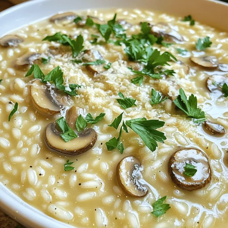 To make a tasty creamy mushroom risotto, you need several key ingredients: - 1 cup Arborio rice - 4 cups vegetable or mushroom broth - 1 cup fresh mushrooms (such as cremini or shiitake), sliced - 1 small onion, finely chopped - 2 cloves garlic, minced - 1/2 cup grated Parmesan cheese (or nutritional yeast for vegan) - 2 tablespoons olive oil - 1 tablespoon butter (or a vegan alternative) - 1/2 cup heavy cream (coconut cream works well for dairy-free) - Salt and pepper to taste - Fresh parsley, finely chopped (for garnish) These ingredients work together to create a smooth and rich dish. The Arborio rice gives risotto its creamy texture, while the broth adds depth of flavor. The mushrooms bring earthiness, and the cream creates that luscious mouthfeel. You can add a few optional ingredients to make your risotto special: - Peas for sweetness - Spinach for color and nutrition - Lemon zest for brightness - White wine for acidity - Truffle oil for luxury These options let you adapt the recipe to your taste. Mix and match as you like! If you want a vegan version, it’s easy to swap ingredients: - Use nutritional yeast instead of Parmesan cheese. - Replace butter with vegan butter or oil. - Use coconut cream instead of heavy cream. These substitutions maintain the creamy texture and rich flavor. You can enjoy a delicious meal while keeping it plant-based! If you want to dive deeper into the full recipe, check out the Full Recipe. Start by heating the vegetable or mushroom broth in a medium saucepan. Use medium heat and keep it warm but not boiling. This broth will mix into the risotto. Keeping it warm helps create a creamy texture. In a large skillet, add olive oil and butter. Heat this over medium heat. Next, add finely chopped onion and cook until it turns clear, about 3-4 minutes. This gives flavor to your risotto. Then, add minced garlic and sliced mushrooms. Sauté this for 5-7 minutes until the mushrooms turn tender and golden-brown. Now, add the Arborio rice to the skillet. Stir it gently for 1-2 minutes. This toasting step makes the rice absorb the flavors. After this, start adding the warm broth, one ladle at a time. Stir gently until most of the liquid is soaked up before adding more. Repeat this for about 18-20 minutes until the rice is creamy and al dente. When the rice is just right, lower the heat. Stir in heavy cream and grated Parmesan cheese. Mix well until the cheese melts and coats the rice. This makes your risotto rich and creamy. Taste it, and add salt and pepper to your liking. Finally, garnish with fresh parsley before serving. For the full details, check the Full Recipe. To get that smooth and rich texture, keep a few tips in mind. First, always use Arborio rice. This rice has more starch, which helps create creaminess. Second, add warm broth slowly, one ladle at a time. Stir gently until it absorbs before adding more. This method keeps the rice from becoming mushy. Lastly, finish with heavy cream and cheese. This step adds richness and binds the flavors. To boost flavor, sauté your onions until soft and sweet. Then, add garlic and mushrooms for depth. Use fresh herbs like thyme or rosemary for a fragrant touch. You can also deglaze the pan with white wine before adding broth. This adds a nice acidity and enhances the dish. For an extra layer of flavor, finish with a drizzle of truffle oil or a sprinkle of lemon zest. Avoid adding all your broth at once. This can lead to uneven cooking and a gluey texture. Don’t skip the toasting step for the rice; it makes a big difference in flavor. Also, resist the urge to rush the cooking process. Patience is key; let the rice absorb the broth slowly. Finally, make sure to taste as you go. Adjust salt and pepper to ensure each bite is perfect. For the full recipe, check out the Creamy Mushroom Risotto Delight. {{image_4}} You can add proteins to your risotto for a hearty meal. Chicken works well, especially if you sauté it first. Shrimp or scallops add a touch of luxury and flavor. For a plant-based option, try tofu. Just cube it and sauté until golden. Each protein brings its own taste, making the dish unique. Seasonal veggies can boost your risotto's flavor and nutrition. In spring, add peas or asparagus for a fresh crunch. Summer calls for zucchini or corn, while fall is perfect for squash or pumpkin. Winter veggies like kale or spinach add color and nutrients. These additions keep the dish exciting and vibrant. Herbs and spices can change the flavor profile of your risotto. Fresh thyme or rosemary adds an earthy note. For a bit of heat, try red pepper flakes or smoked paprika. You can also use fresh basil or parsley for a bright finish. These simple changes can elevate your dish and keep it fresh. Explore the [Full Recipe] for more ideas and tips on making creamy mushroom risotto. To store leftover risotto, first let it cool to room temperature. Place it in an airtight container. This helps keep it fresh and prevents drying. You can store it in the fridge for up to three days. If you want to enjoy it later, consider freezing it. When reheating risotto, add a splash of broth or water. This keeps it creamy. Heat it gently on the stove over low heat. Stir often to ensure even warming. Avoid the microwave if possible, as it can make the rice tough. Freezing risotto is easy but best done before adding cream or cheese. This keeps the texture nice. Spoon it into freezer-safe bags or containers, leaving some space. It can last up to three months in the freezer. When ready to eat, thaw it overnight in the fridge before reheating. For a creamy texture, add fresh cream or cheese just before serving. For the full recipe, check out Creamy Mushroom Risotto Delight. To keep risotto from becoming mushy, stir gently. Use the right rice, like Arborio. Add broth slowly, one ladle at a time. Wait until the liquid absorbs before adding more. Cook until the rice is al dente. This method ensures a creamy texture without losing its shape. Yes, you can use brown rice, but it takes longer to cook. Brown rice has a firmer texture, which changes the risotto's creaminess. You may need to increase the broth and cooking time. Keep an eye on it for best results. For a vegan risotto, use nutritional yeast in place of Parmesan. It adds a cheesy flavor without dairy. Other options include cashew cheese or vegan cream cheese. These substitutes give a nice taste while keeping it plant-based. Risotto lasts about 3 to 5 days in the fridge. Store it in an airtight container to keep it fresh. Reheat it gently on the stove. Add a splash of broth or water to help bring back its creamy texture. For the full recipe, check out the detailed cooking instructions. This blog covered how to make creamy mushroom risotto. We explored key ingredients, with options for customization and vegan swaps. The step-by-step guide showed how to prepare broth, sauté mushrooms, and finish with cream and cheese. I shared tips for a perfect texture and flavor, highlighting common mistakes to avoid. We discussed variations with proteins, veggies, and herbs. Lastly, I provided storage info to keep your risotto fresh. Now you have the tools to make your own delicious risotto. Enjoy experimenting and sharing your tasty dishes!