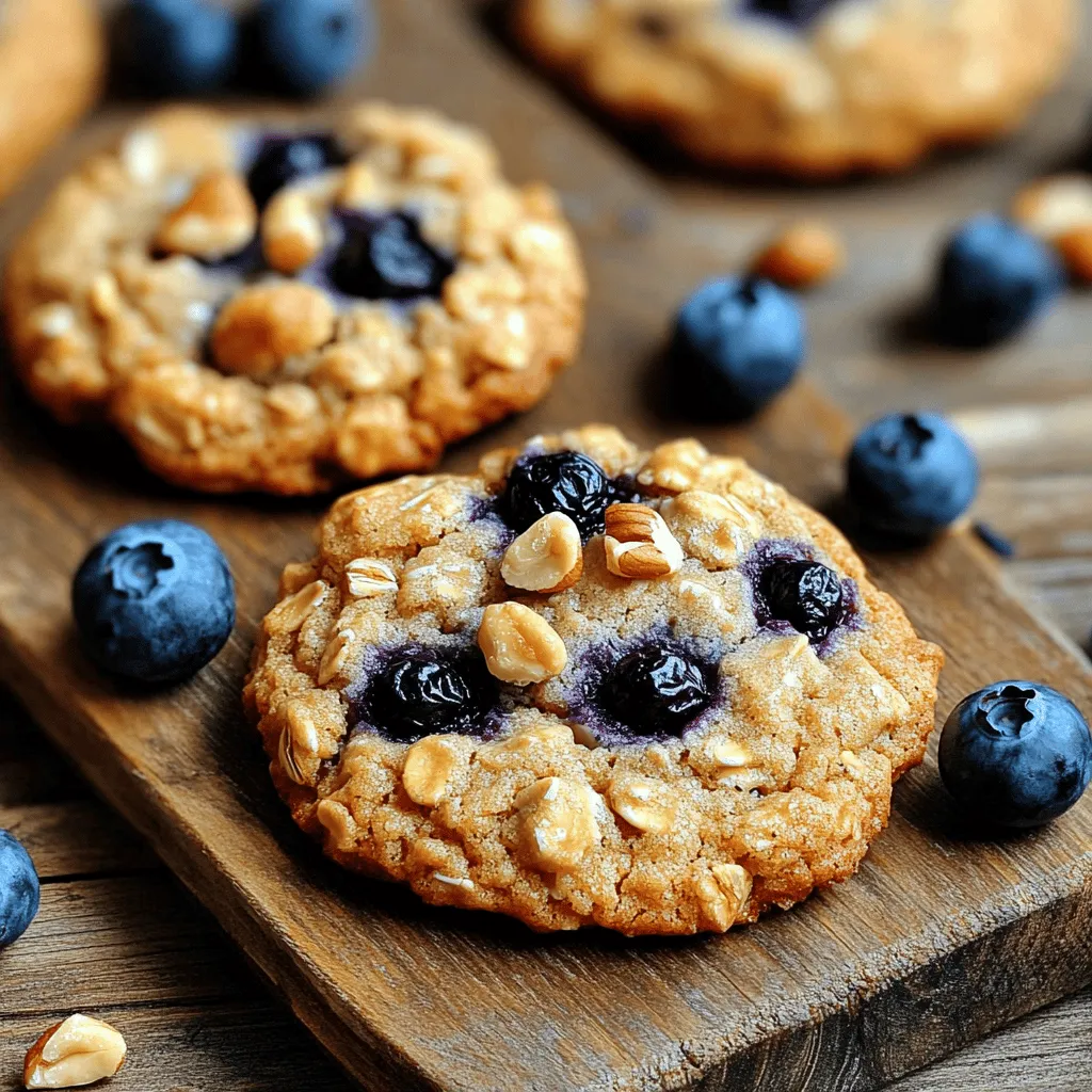 - 1 cup rolled oats - 1 cup almond flour - 1/2 teaspoon baking powder - 1/2 teaspoon baking soda - 1/4 teaspoon salt - 1/4 cup coconut oil, melted - 1/4 cup honey or maple syrup - 1 teaspoon vanilla extract - 1/2 cup fresh or frozen blueberries - 1/4 cup optional chopped nuts (walnuts or pecans) Healthy blueberry oatmeal cookies are simple to make with these ingredients. Each one plays a role in texture and flavor. Almond flour gives a nutty taste and keeps the cookies moist. Rolled oats add chewiness and fiber. Blueberries burst with juice and sweetness, making each bite delightful. Coconut oil adds healthy fats and a touch of sweetness. Honey or maple syrup acts as a natural sweetener, keeping these cookies nutritious. Baking powder and baking soda help them rise and create a light texture. Salt balances the sweetness, enhancing all the flavors. This simple list brings together everything you need for a great treat. For the full recipe, check out the details above. 1. Start by preheating your oven to 350°F (175°C). This helps the cookies bake evenly. 2. Line a baking sheet with parchment paper. This prevents the cookies from sticking. 3. In a large bowl, mix the rolled oats, almond flour, baking powder, baking soda, and salt. Stir well until everything is combined. 1. In another bowl, whisk together the melted coconut oil, honey or maple syrup, and vanilla extract. Make sure it is smooth and well blended. 2. Pour this wet mixture over the dry ingredients. Stir gently until just mixed. Do not overmix. This keeps the cookies chewy. 3. Now, add the blueberries. If you want nuts, add them too. Gently fold them into the dough. 1. Use a tablespoon to scoop the dough onto the prepared baking sheet. Space each scoop about 2 inches apart. 2. Lightly press down on each scoop with the back of the spoon. This helps them flatten since they won't spread much while baking. 3. Bake the cookies for 10 to 12 minutes. Look for lightly golden edges. 4. When done, take them out and let them cool on the baking sheet for 5 minutes. Then, move them to a wire rack to cool completely. Now, you have delicious cookies to enjoy! For the full recipe, check the section above. To make great cookies, do not overmix your dough. Overmixing makes cookies tough. Mix just until you combine the wet and dry ingredients. This helps keep your cookies chewy. When using blueberries, fresh berries work best. If you use frozen berries, do not thaw them. This keeps them from getting mushy in your dough. To add flavor, use spices like cinnamon or nutmeg. Both spices give warmth to your cookies. You can also add dried fruits like raisins or cranberries. These add sweetness and a chewy texture. Seeds like chia or flax seeds can boost nutrition and crunch. Serve your cookies on a colorful plate or a rustic wooden board. This makes them look inviting. For a pretty touch, add a sprig of mint or some whole blueberries around the cookies. These healthy treats pair well with almond milk or a warm cup of herbal tea. Enjoy these cookies as a snack or a sweet treat! For the full recipe, check out the complete guide. {{image_4}} You can easily make these cookies gluten-free. Start by substituting almond flour for regular flour. Almond flour adds a nutty flavor and keeps the cookies moist. Next, use gluten-free oats. Make sure to check the label, as some oats can have traces of gluten. This way, you still enjoy the chewy texture without any gluten. If you want a vegan cookie, replace honey with maple syrup. Maple syrup gives a sweet touch and keeps it plant-based. It works just as well in the recipe. You can also find egg substitutes if needed. Options like flaxseed meal or applesauce can help bind the cookies. Just mix one tablespoon of flaxseed meal with three tablespoons of water for each egg. Get creative with flavors by adjusting the fruits. You can add mashed bananas or dried cranberries for a fun twist. Both will change the taste but still keep the cookies healthy. Feeling adventurous? Add some chocolate chips! They create a sweet surprise in the cookies, making them even more enjoyable. Just fold in a handful when mixing the dough. For the full recipe, check out the section above. After baking your cookies, let them cool on a wire rack. This keeps them from getting soggy. Once cooled, store your cookies at room temperature. They stay fresh for about three days. To keep them tasty, place them in an airtight container. This helps keep moisture out, so your cookies remain soft. If you want to keep your cookies longer, freezing is a great option. Place the cooled cookies in a single layer on a baking sheet. Freeze them for about an hour, so they firm up. After that, transfer the cookies to a freezer-safe bag or container. They can last up to three months in the freezer. When you want to enjoy a cookie, take it out and let it thaw. You can heat it in the microwave for about 10-15 seconds for a warm treat. This will make them taste fresh again! If you follow these steps, your healthy blueberry oatmeal cookies will stay delicious for longer. To make healthy blueberry oatmeal cookies, follow these simple steps: 1. Preheat your oven to 350°F (175°C) and line a baking sheet with parchment paper. 2. Mix rolled oats, almond flour, baking powder, baking soda, and salt in a bowl. 3. In another bowl, whisk melted coconut oil, honey or maple syrup, and vanilla extract. 4. Combine the wet and dry ingredients, stirring gently until just mixed. 5. Fold in fresh or frozen blueberries and optional chopped nuts. 6. Scoop dough onto the baking sheet, spacing them about two inches apart. 7. Flatten each cookie with a spoon, then bake for 10-12 minutes until golden. This recipe combines wholesome ingredients for a tasty treat. You can check the Full Recipe for more details. You can use steel-cut oats, but the texture will be different. Steel-cut oats are chewier and denser. They take longer to cook and don’t soften as much during baking. If you want a softer cookie, stick with rolled oats. The rolled oats give a nice chewy texture that works well in cookies. To keep your cookies fresh, let them cool completely. Store them in an airtight container at room temperature. This method keeps them soft for up to a week. If you want to keep them longer, freeze the cookies. Place them in a freezer-safe bag or container. They will stay good for up to three months. When ready to eat, just thaw them at room temperature or warm them in the oven. Yes, these cookies are great for kids! They contain rolled oats, which provide fiber and energy. Blueberries are packed with vitamins and antioxidants. Almond flour adds healthy fats and protein. This combination makes a nutritious snack that kids will love. Plus, they are easy to make and fun to eat! This blog post gave you a solid guide to make healthy blueberry oatmeal cookies. You learned about the key ingredients, their nutritional benefits, and step-by-step instructions to bake them perfectly. I shared tips to enhance flavor and texture, along with storage advice. These cookies are tasty and can fit into many diets. Enjoy baking them and sharing with friends and family!