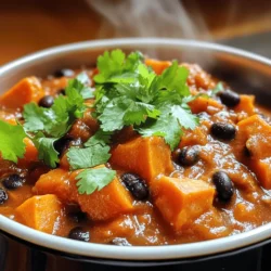 To make the Sweet Potato and Black Bean Chili, you need a mix of fresh and canned ingredients. Each adds to the hearty flavor. Here’s what you will need: - 1 large sweet potato, peeled and diced into 1-inch cubes - 1 can (15 oz) black beans, drained and rinsed thoroughly - 1 can (14.5 oz) diced tomatoes, with their juices - 1 medium onion, finely chopped - 3 cloves garlic, minced - 1 bell pepper (red or green), chopped into bite-sized pieces - 2 cups vegetable broth, low-sodium preferred - 1 tablespoon chili powder - 1 teaspoon ground cumin - 1 teaspoon smoked paprika - 1/2 teaspoon cayenne pepper (adjust according to your spice preference) - Salt and freshly ground black pepper to taste - 2 tablespoons extra virgin olive oil - Juice of 1 lime (about 2 tablespoons) - Fresh cilantro leaves, chopped, for garnish Each ingredient plays a key role. The sweet potato adds a creamy texture. Black beans bring protein and earthiness. Diced tomatoes add acidity and moisture. Onion and garlic create a deep, rich base. Bell pepper contributes crunch and sweetness. Vegetable broth makes the chili hearty. Spices like chili powder and cumin give warmth and depth. Olive oil enhances flavors and helps with cooking. Lime juice brightens the dish. Finally, cilantro adds freshness at the end. For the full recipe, check the detailed instructions to make this delicious meal! - Heating the oil: In a large pot, pour in the olive oil. Heat it over medium heat until it shimmers. This step helps enhance the flavors. - Sautéing vegetables: Add the chopped onion and bell pepper to the pot. Sauté for about five minutes. Stir often until the onion turns translucent. Then, add the minced garlic and cook for one to two more minutes. The aroma will fill your kitchen! - Incorporating sweet potatoes: Now, stir in the diced sweet potato. Mix everything well. Cook for another three to four minutes. This helps the sweet potatoes soften just a bit before the chili cooks fully. - Adding spices and tomatoes: Sprinkle the chili powder, cumin, smoked paprika, cayenne pepper, salt, and black pepper over the softened vegetables. Mix well to coat them. Then, pour in the diced tomatoes with their juices. This adds a rich flavor. - Simmering the chili: Pour in the vegetable broth next. Bring the mixture to a gentle simmer. Once it simmers, reduce the heat to low. Cover the pot and cook for about 15 to 20 minutes. Check if the sweet potatoes are tender. - Mixing in black beans: After the sweet potatoes are tender, stir in the drained black beans. Add the lime juice for some zest. Let the chili cook for another five minutes, just until the beans heat through. - Tasting and adjusting seasoning: Before you serve, taste the chili. Adjust the seasoning if needed. Add more salt, pepper, or lime juice as per your liking. - Serving and garnishing: Spoon the chili into bowls. Top it with chopped cilantro. This not only adds color but also a fresh flavor. Enjoy your hearty Sweet Potato and Black Bean Chili! For the full recipe, check the details above. To make your chili just right, adjust the cooking time. If you like your sweet potatoes very soft, add a few extra minutes. For a firmer bite, stick to the time in the recipe. You can also customize the spice level. If you want heat, add more cayenne pepper. If you prefer mild, cut back on the chili powder. Taste as you go, and find your perfect balance. When it comes to serving, consider some warm bread or rice on the side. Cornbread pairs well and adds a nice touch. You can also serve it over rice for a hearty meal. For serving containers, choose deep bowls. They hold the chili well and keep it hot. Look for bowls that are easy to hold, especially if you’re serving a crowd. This chili is rich in nutrients. Sweet potatoes provide fiber, vitamins, and minerals. They boost your immune system and support eye health. Black beans are a great source of protein and fiber, too. They help with digestion and keep you feeling full. Together, these ingredients create a healthy meal that tastes great. For more details, check the Full Recipe. {{image_4}} You can easily adapt this chili to fit your needs. For a vegan option, skip any meat and stick to the recipe. Sweet potatoes and black beans provide all the protein you need. If you want to add meat, ground turkey or beef works well. You can also use plant-based proteins like tempeh or lentils. These choices boost protein without losing flavor. To make your chili even better, think about adding other veggies. Corn, zucchini, or carrots can add nice textures. You can also try different spices to add a new twist. Consider adding oregano or coriander for a fresh taste. A splash of hot sauce can kick up the heat too! If you don’t have sweet potatoes, try using butternut squash. It has a similar sweetness and texture. When it comes to beans, canned black beans are quick and easy. But fresh beans can add more flavor; just cook them first. Using fresh tomatoes instead of canned can brighten the dish. Just remember to chop them well! For the complete recipe, check out the Full Recipe section. To store your Sweet Potato and Black Bean Chili, let it cool first. Place it in airtight containers. Glass or plastic containers work well. Make sure they are sealed tight to keep flavors fresh. You can store it in the fridge for up to five days. For long-term storage, freezing is a great option. First, let the chili cool completely. Then, transfer it to freezer-safe containers. Leave some space at the top for expansion. You can freeze it for up to three months. To thaw, move it to the fridge overnight. Reheat it on the stove over medium heat. Stir often to heat evenly. Sweet Potato and Black Bean Chili lasts about five days in the fridge. If you freeze it, it can last up to three months. Always check for changes in color or smell before eating. When stored properly, this chili will keep its hearty flavor and nutrition. Enjoy it whenever you crave a warm meal! For the full recipe, check here. Can I use frozen sweet potatoes? Yes, you can use frozen sweet potatoes. They save time and work well. Just add them straight to the pot without thawing. Adjust cooking time as needed since they may soften faster. What can I serve with Sweet Potato and Black Bean Chili? You can serve it with rice, cornbread, or tortilla chips. A dollop of sour cream or avocado adds creaminess too. Pairing it with a fresh salad brightens the meal. Is this chili spicy? The heat level depends on how much cayenne pepper you use. Start with less if you prefer milder chili. You can always add more spice later. How do I make it creamier? To make it creamier, blend a small portion of the chili. This will give it a smooth texture. You can also stir in a bit of cream or yogurt. Can I make this in a slow cooker? Yes, you can make this chili in a slow cooker. Combine all ingredients and cook on low for 6-8 hours. The flavors will blend nicely over time. What if I don't have black beans? If you don’t have black beans, use kidney beans or pinto beans instead. They add similar texture and flavor. Canned or cooked beans work well. Alternatives for tomatoes? If you lack diced tomatoes, crushed tomatoes are a great swap. You can also use tomato sauce for a smoother chili. Just ensure you adjust the liquid ratio. For the full recipe, check out the Sweet Potato and Black Bean Chili. This blog post covered a tasty Sweet Potato and Black Bean Chili. We explored the ingredients, from sweet potatoes to spices. I shared step-by-step instructions for preparation and cooking. Tips for storage and variations ensured flexibility. You learned about health benefits and how to serve this dish. In conclusion, enjoy making this chili your own. Customize it with your favorite flavors. With the right ingredients and techniques, you will create a dish everyone loves. Happy cooking!