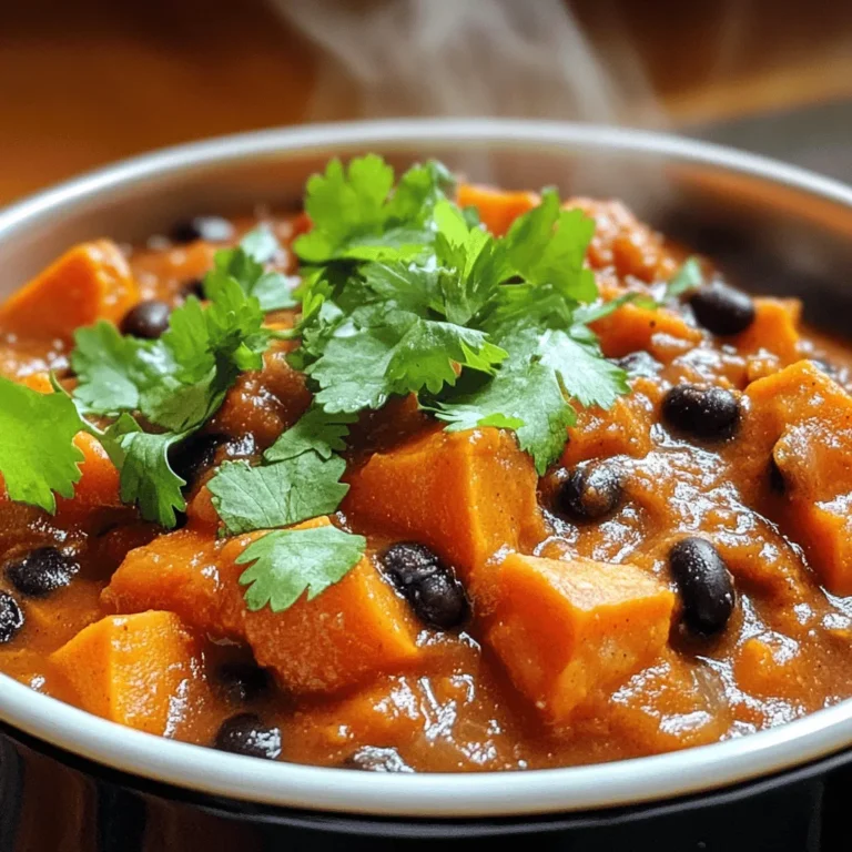 To make the Sweet Potato and Black Bean Chili, you need a mix of fresh and canned ingredients. Each adds to the hearty flavor. Here’s what you will need: - 1 large sweet potato, peeled and diced into 1-inch cubes - 1 can (15 oz) black beans, drained and rinsed thoroughly - 1 can (14.5 oz) diced tomatoes, with their juices - 1 medium onion, finely chopped - 3 cloves garlic, minced - 1 bell pepper (red or green), chopped into bite-sized pieces - 2 cups vegetable broth, low-sodium preferred - 1 tablespoon chili powder - 1 teaspoon ground cumin - 1 teaspoon smoked paprika - 1/2 teaspoon cayenne pepper (adjust according to your spice preference) - Salt and freshly ground black pepper to taste - 2 tablespoons extra virgin olive oil - Juice of 1 lime (about 2 tablespoons) - Fresh cilantro leaves, chopped, for garnish Each ingredient plays a key role. The sweet potato adds a creamy texture. Black beans bring protein and earthiness. Diced tomatoes add acidity and moisture. Onion and garlic create a deep, rich base. Bell pepper contributes crunch and sweetness. Vegetable broth makes the chili hearty. Spices like chili powder and cumin give warmth and depth. Olive oil enhances flavors and helps with cooking. Lime juice brightens the dish. Finally, cilantro adds freshness at the end. For the full recipe, check the detailed instructions to make this delicious meal! - Heating the oil: In a large pot, pour in the olive oil. Heat it over medium heat until it shimmers. This step helps enhance the flavors. - Sautéing vegetables: Add the chopped onion and bell pepper to the pot. Sauté for about five minutes. Stir often until the onion turns translucent. Then, add the minced garlic and cook for one to two more minutes. The aroma will fill your kitchen! - Incorporating sweet potatoes: Now, stir in the diced sweet potato. Mix everything well. Cook for another three to four minutes. This helps the sweet potatoes soften just a bit before the chili cooks fully. - Adding spices and tomatoes: Sprinkle the chili powder, cumin, smoked paprika, cayenne pepper, salt, and black pepper over the softened vegetables. Mix well to coat them. Then, pour in the diced tomatoes with their juices. This adds a rich flavor. - Simmering the chili: Pour in the vegetable broth next. Bring the mixture to a gentle simmer. Once it simmers, reduce the heat to low. Cover the pot and cook for about 15 to 20 minutes. Check if the sweet potatoes are tender. - Mixing in black beans: After the sweet potatoes are tender, stir in the drained black beans. Add the lime juice for some zest. Let the chili cook for another five minutes, just until the beans heat through. - Tasting and adjusting seasoning: Before you serve, taste the chili. Adjust the seasoning if needed. Add more salt, pepper, or lime juice as per your liking. - Serving and garnishing: Spoon the chili into bowls. Top it with chopped cilantro. This not only adds color but also a fresh flavor. Enjoy your hearty Sweet Potato and Black Bean Chili! For the full recipe, check the details above. To make your chili just right, adjust the cooking time. If you like your sweet potatoes very soft, add a few extra minutes. For a firmer bite, stick to the time in the recipe. You can also customize the spice level. If you want heat, add more cayenne pepper. If you prefer mild, cut back on the chili powder. Taste as you go, and find your perfect balance. When it comes to serving, consider some warm bread or rice on the side. Cornbread pairs well and adds a nice touch. You can also serve it over rice for a hearty meal. For serving containers, choose deep bowls. They hold the chili well and keep it hot. Look for bowls that are easy to hold, especially if you’re serving a crowd. This chili is rich in nutrients. Sweet potatoes provide fiber, vitamins, and minerals. They boost your immune system and support eye health. Black beans are a great source of protein and fiber, too. They help with digestion and keep you feeling full. Together, these ingredients create a healthy meal that tastes great. For more details, check the Full Recipe. {{image_4}} You can easily adapt this chili to fit your needs. For a vegan option, skip any meat and stick to the recipe. Sweet potatoes and black beans provide all the protein you need. If you want to add meat, ground turkey or beef works well. You can also use plant-based proteins like tempeh or lentils. These choices boost protein without losing flavor. To make your chili even better, think about adding other veggies. Corn, zucchini, or carrots can add nice textures. You can also try different spices to add a new twist. Consider adding oregano or coriander for a fresh taste. A splash of hot sauce can kick up the heat too! If you don’t have sweet potatoes, try using butternut squash. It has a similar sweetness and texture. When it comes to beans, canned black beans are quick and easy. But fresh beans can add more flavor; just cook them first. Using fresh tomatoes instead of canned can brighten the dish. Just remember to chop them well! For the complete recipe, check out the Full Recipe section. To store your Sweet Potato and Black Bean Chili, let it cool first. Place it in airtight containers. Glass or plastic containers work well. Make sure they are sealed tight to keep flavors fresh. You can store it in the fridge for up to five days. For long-term storage, freezing is a great option. First, let the chili cool completely. Then, transfer it to freezer-safe containers. Leave some space at the top for expansion. You can freeze it for up to three months. To thaw, move it to the fridge overnight. Reheat it on the stove over medium heat. Stir often to heat evenly. Sweet Potato and Black Bean Chili lasts about five days in the fridge. If you freeze it, it can last up to three months. Always check for changes in color or smell before eating. When stored properly, this chili will keep its hearty flavor and nutrition. Enjoy it whenever you crave a warm meal! For the full recipe, check here. Can I use frozen sweet potatoes? Yes, you can use frozen sweet potatoes. They save time and work well. Just add them straight to the pot without thawing. Adjust cooking time as needed since they may soften faster. What can I serve with Sweet Potato and Black Bean Chili? You can serve it with rice, cornbread, or tortilla chips. A dollop of sour cream or avocado adds creaminess too. Pairing it with a fresh salad brightens the meal. Is this chili spicy? The heat level depends on how much cayenne pepper you use. Start with less if you prefer milder chili. You can always add more spice later. How do I make it creamier? To make it creamier, blend a small portion of the chili. This will give it a smooth texture. You can also stir in a bit of cream or yogurt. Can I make this in a slow cooker? Yes, you can make this chili in a slow cooker. Combine all ingredients and cook on low for 6-8 hours. The flavors will blend nicely over time. What if I don't have black beans? If you don’t have black beans, use kidney beans or pinto beans instead. They add similar texture and flavor. Canned or cooked beans work well. Alternatives for tomatoes? If you lack diced tomatoes, crushed tomatoes are a great swap. You can also use tomato sauce for a smoother chili. Just ensure you adjust the liquid ratio. For the full recipe, check out the Sweet Potato and Black Bean Chili. This blog post covered a tasty Sweet Potato and Black Bean Chili. We explored the ingredients, from sweet potatoes to spices. I shared step-by-step instructions for preparation and cooking. Tips for storage and variations ensured flexibility. You learned about health benefits and how to serve this dish. In conclusion, enjoy making this chili your own. Customize it with your favorite flavors. With the right ingredients and techniques, you will create a dish everyone loves. Happy cooking!