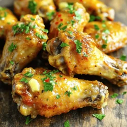 - Chicken wings: Use 2 pounds for the best flavor and crunch. - Baking powder: This is key for making wings crispy. It helps to dry out the skin. - Seasoning components: - 1 teaspoon salt - 1/2 teaspoon freshly ground black pepper - 1/2 teaspoon garlic powder - 1 teaspoon smoked paprika: This adds a nice depth of flavor. - Unsalted butter: This gives a rich taste and helps the sauce stick. - Fresh garlic: Use 4 cloves, finely minced, for a strong garlic flavor. - Fresh parsley: Adding 1 tablespoon, finely chopped, brightens the dish and adds color. For the full recipe, check out the detailed instructions on how to make these delicious wings. First, preheat your oven to 425°F (220°C). This high heat helps make the wings crispy. While the oven heats, prepare your baking sheet. Line it with parchment paper for easy cleanup. Next, take the chicken wings and pat them dry with paper towels. Drying them well is key for crispiness. Moisture will make them soggy, and we want them crunchy! In a large mixing bowl, mix the baking powder, salt, black pepper, garlic powder, and smoked paprika. These dry ingredients bring great flavor and help with crispiness. Add the dry chicken wings to the bowl and toss them. Make sure each wing gets a nice coat of the seasoning mix. This step is crucial for tasty wings! Place the seasoned wings in a single layer on your baking sheet. Be sure to space them out. This helps them cook evenly and get crispy. Bake the wings for 40-45 minutes. Halfway through, flip them over. This step ensures even browning and a perfect golden color. While the wings bake, it’s time to make the garlic sauce. In a small saucepan, melt the unsalted butter over medium heat. Once it’s melted, add the minced garlic. Sauté it for 1-2 minutes. Stir it often to keep it from burning. You want the garlic to smell great and turn golden. After baking, transfer the wings to a bowl and pour the garlic sauce over them. Toss the wings gently to coat them well. Want some heat? Add chili flakes for a spicy kick! Enjoy the delicious flavors of your crispy garlic chicken wings! For a full recipe with measurements and tips, check the [Full Recipe]. To get crispy garlic chicken wings, you must dry them well. Moisture on the wings makes them soggy. Use paper towels to pat them completely dry. This simple step is key for great texture. Baking powder plays a big role in crispiness. It helps dry the skin and creates air bubbles. This process leads to a crunchy finish. Mix one tablespoon of baking powder with your seasonings for best results. You can add more spices to boost flavor. Consider using cayenne for heat. Or, add onion powder for depth. Each spice brings a unique taste to your wings. Serving suggestions can enhance the experience. Pair the wings with crunchy vegetable sticks. Try a tangy dipping sauce like ranch or blue cheese. These options make the dish even more enjoyable. One mistake is overcrowding the baking sheet. When wings are too close, they steam instead of crisping up. Make sure to leave space between each wing. Another error is forgetting to flip the wings. Flipping them halfway through cooking helps them brown evenly. Always check for golden color on both sides. {{image_4}} To make spicy garlic chicken wings, you can add chili flakes or hot sauce. Start by mixing 1-2 teaspoons of chili flakes into the seasoning mix. This gives the wings a nice kick. You can also toss the cooked wings in hot sauce after coating them with garlic butter. If you want more heat, adjust the amount to your taste. When adjusting cooking methods, keep in mind that spicy wings still need to bake at 425°F. The heat will not change the cooking time. Just make sure to flip them halfway through for even cooking. If you want to try an air fryer, it’s simple and gives you crispy wings too. Preheat your air fryer to 400°F. Place the seasoned wings in a single layer and cook for about 25-30 minutes. Shake the basket halfway through to ensure even cooking. Grilling is another fun way to prepare these wings. Preheat your grill to medium heat. Grill the wings for about 20-25 minutes, turning often. This method adds a smoky flavor that many people love. Aside from the garlic butter sauce, you can try other sauces. Teriyaki gives a sweet and savory taste. Buffalo sauce is a classic choice for spice. You can mix sauces too! Try teriyaki with a bit of buffalo for a sweet and spicy flavor. The options are endless. Just remember that the sauce should complement the garlic flavor, not overpower it. For the full recipe, check out the earlier section. To keep your crispy garlic chicken wings fresh, store them in the fridge. Place the wings in an airtight container. This method prevents moisture loss and keeps the wings tasty. Make sure to let them cool before sealing the container. You can enjoy these wings for up to three days after cooking. If you want to save wings for later, freezing is a great option. First, let the wings cool completely. Place them in a freezer-safe bag or container. Remove as much air as possible to prevent freezer burn. You can freeze them for up to three months. When you’re ready to eat, it's best to reheat them in the oven. Preheat your oven to 375°F (190°C). Bake the wings for about 15-20 minutes. This method helps restore their crunchy texture. You can also use an air fryer for quick reheating. Just heat them for about 10 minutes at 375°F (190°C). Enjoy those crispy wings once more! For the full recipe, check out the Crispy Garlic Chicken Wings section above. The secret to crispy chicken wings lies in a few key steps. First, drying the wings is crucial. Moisture can lead to soggy skin, so use paper towels to pat them dry. Second, using baking powder is a game changer. It helps to create a crunchy texture. Finally, ensure that the wings are spaced out on the baking sheet. Overcrowding can cause steaming, which prevents crispiness. Yes, you can prepare these chicken wings ahead of time. Season the wings and store them in the fridge for up to a day. This allows the flavors to soak in. When you are ready to cook, simply bake them straight from the fridge. If you want to freeze them, do so before cooking. Just make sure to thaw them in the fridge before baking. To reheat leftover wings and keep them crispy, use the oven. Preheat it to 375°F (190°C). Place the wings on a baking sheet and bake for about 10-15 minutes. This method helps restore their crunch. Avoid using the microwave, as it can make the wings soggy and chewy. A variety of sauces pair well with crispy garlic chicken wings. Classic ranch and blue cheese dressings are always favorites. You can also try honey mustard for a sweet touch. If you enjoy heat, buffalo sauce or sriracha works well too. Each sauce adds a unique flavor to the wings, making them even more enjoyable. Crispy garlic chicken wings require simple steps and key ingredients. Drying the wings ensures crispiness, while baking powder helps achieve that perfect texture. You can create a tasty garlic sauce easily with butter and fresh garlic. Remember to avoid mistakes like overcrowding the baking sheet to keep wings crispy. For variety, try spicy versions or different sauces. With these tips, you’ll serve up delicious wings that impress. Enjoy the process and savor the flavor of your homemade creations!
