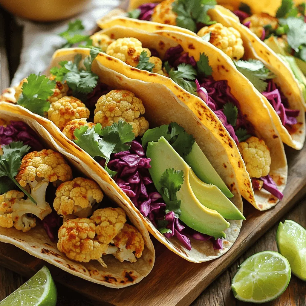 - 1 medium head of cauliflower, cut into bite-sized florets - 8 small corn tortillas - 1 cup red cabbage, finely shredded - 1 tablespoon extra-virgin olive oil - Spices: smoked paprika, ground cumin, garlic powder, onion powder - Optional: vegan sour cream or plant-based yogurt for garnishing - 1 ripe avocado, sliced into thin pieces - 1/4 cup fresh cilantro, chopped - 1 lime, cut into wedges for serving Gathering the right ingredients is key to making these vegan cauliflower tacos. You want a medium head of cauliflower, which you’ll chop into bite-sized pieces. This will help it roast evenly. The corn tortillas are a must for a tasty base. Red cabbage adds a nice crunch and color. For seasoning, I recommend using extra-virgin olive oil. It helps the spices stick to the cauliflower. Spices like smoked paprika, ground cumin, garlic powder, and onion powder will bring out the flavors. If you want a creamy touch, vegan sour cream or plant-based yogurt works well on top. Don't forget the extras! Sliced avocado gives a creamy texture. Fresh cilantro brightens the dish. Lime wedges add a zesty kick that ties everything together. You can find the complete recipe for these tacos [Full Recipe]. - Preheat your oven to 425°F (220°C). This heat gives the cauliflower a nice crunch. - In a large bowl, toss the cauliflower with olive oil and spices. Use smoked paprika, ground cumin, garlic powder, and onion powder. Add salt and pepper to taste. Mix until the florets are well-coated. - Spread the seasoned cauliflower on a baking sheet. Make sure they are in a single layer for even roasting. - Roast the cauliflower for 25-30 minutes. Flip the florets halfway through to ensure they brown nicely. They should be tender and golden. - While the cauliflower roasts, warm the corn tortillas in a non-stick pan. Heat each side for about 30 seconds until soft. - Once the cauliflower is done, take it out of the oven. Fill each warm tortilla with roasted cauliflower, shredded cabbage, and avocado slices. - Top the tacos with fresh cilantro. Serve with lime wedges for an extra kick. For creaminess, drizzle with vegan sour cream or yogurt if you like. For the full recipe, check out the detailed instructions above. To make your cauliflower crispy, use high heat. Roasting at 425°F (220°C) helps it brown nicely. This gives you a crunchy texture that contrasts well with the soft fillings. Season the cauliflower generously. Use salt, pepper, and spices like smoked paprika and cumin. This adds flavor and makes each bite exciting. Warm your tortillas carefully. Heat them in a non-stick pan over medium heat. This method avoids tearing. Heat each side for about 30 seconds until soft. If you want softer tortillas, try wrapping them in a damp cloth and microwaving them for about 15 seconds. This adds moisture and makes them easier to fold. Garnish your tacos for extra flavor. Fresh cilantro, lime wedges, and avocado slices make great toppings. They add color and taste. For a beautiful presentation, serve your tacos on a rustic wooden platter. Add extra lime wedges and cilantro sprigs around the tacos. This makes your dish look appealing and ready to enjoy. For the full recipe, check out Zesty Vegan Cauliflower Tacos. {{image_4}} You can switch up the filling with other veggies. Try mushrooms, bell peppers, or zucchini. These add unique flavors and textures. Beans or lentils are great protein sources too. Black beans, pinto beans, or lentils work well. They boost nutrition and make the tacos hearty. Want some heat? Add jalapeños or drizzle hot sauce on top. This will spice things up! You can also experiment with different spices. Chili powder adds warmth, while oregano brings a fresh taste. Don't be afraid to mix and match spices to find your favorite blend. Taco bowls are a fun twist on classic tacos. Just layer roasted cauliflower, cabbage, and toppings in a bowl. This makes it easy to eat! For toppings, think beyond the basics. Try pickled onions, corn salsa, or fresh mango. These add pops of flavor and color to your meal. To keep your vegan cauliflower tacos fresh, use airtight containers. Glass or plastic containers both work well. Place the tacos in the fridge. You can safely store them for up to three days. After that, the flavors may fade, and the texture may change. When reheating roasted cauliflower, use the oven or a skillet. The oven helps keep the crispiness. Preheat the oven to 350°F (175°C) and warm for about 10 minutes. If you use a skillet, heat it over medium heat for a few minutes. To keep tortillas fresh, wrap them in foil while reheating. This step prevents them from drying out. You can prepare the ingredients ahead of time. Cut the cauliflower and store it in the fridge. You can also mix the spices in advance. This way, when you are ready to cook, everything is ready to go. For quick weekday meals, roast a big batch of cauliflower. Use it in tacos, salads, or grain bowls throughout the week. This method saves time and boosts your meals' flavor! Check out the Full Recipe for detailed instructions and cooking times. To make your tacos crispy, focus on roasting. Start by preheating your oven to 425°F (220°C). This high heat helps the cauliflower brown well. Toss the cauliflower with olive oil and spices. Use enough oil to coat each piece lightly. Spread the cauliflower in a single layer. Flipping halfway through roasting ensures even crispiness. Aim for 25-30 minutes of roasting time. You can use frozen cauliflower, but there are pros and cons. Frozen cauliflower is convenient and saves time. It is pre-cut and ready to use. However, it may release more water than fresh. This extra moisture can make the tacos soggy. If using frozen, make sure to thaw and drain it well. Vegan cauliflower tacos are packed with nutrients. Cauliflower is low in calories and high in fiber. It also contains vitamin C and antioxidants. Red cabbage adds more fiber and vitamins. Avocado brings healthy fats and potassium. Together, these ingredients create a balanced meal. To make vegan cauliflower tacos gluten-free, choose corn tortillas. They are naturally gluten-free and work well. Look for brands that clearly state they are gluten-free. You can also use lettuce leaves as a wrap. This option is low in carbs and fresh. Yes, you can freeze the roasted cauliflower. Allow it to cool completely before freezing. Use an airtight container or freezer bag to store it. It can last for up to three months. When ready to use, thaw it in the fridge overnight. Reheat it in the oven for best results. Serve your tacos with fresh sides for a complete meal. A simple green salad pairs well. You can also serve black beans for added protein. Consider guacamole or salsa for extra flavor. Lime wedges enhance the freshness of the dish. Check the Full Recipe for more ideas! In this post, we explored how to make vegan cauliflower tacos. We looked at key ingredients like cauliflower, tortillas, and seasonings. I shared step-by-step instructions, tips for perfecting your tacos, and variations to suit your taste. These tacos are easy, fun, and full of flavor. Enjoy making them for yourself or sharing with friends. You’ll find that they can fit any meal plan. Experiment and discover your favorite combinations. Happy cooking!