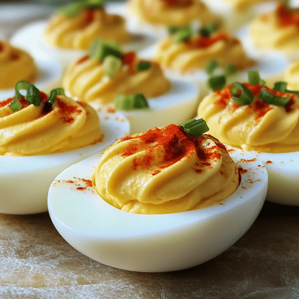 Here’s what you need to make spicy Sriracha deviled eggs. Gather these simple items: - 6 large eggs - 3 tablespoons creamy mayonnaise - 1 tablespoon spicy Sriracha sauce (adjust according to your preferred spice level) - 1 teaspoon smooth Dijon mustard - 1 teaspoon freshly squeezed lemon juice - Salt, to taste - Freshly cracked black pepper, to taste - Paprika, for garnish - Chopped green onions or cilantro, for garnish Each ingredient plays a key role in the flavor and texture. The eggs provide a creamy base. Mayonnaise adds richness, while Sriracha gives a spicy kick. Dijon mustard brings a touch of tang, and lemon juice brightens the mix. Salt and pepper enhance the overall flavor. The paprika and herbs make for a beautiful finish. If you like heat, adjust the Sriracha to your taste. Want less spice? Use less sauce. You can find all these items at your local grocery store. For the freshest taste, choose quality eggs and herbs. Check out the Full Recipe for more details on preparation! 1. Start by boiling the eggs. Place six large eggs into a medium pot. 2. Fill the pot with cold water. Make sure the eggs are covered by at least an inch. 3. Heat the pot on medium-high until the water boils. Cover the pot and take it off the heat. 4. Let the eggs steep in the hot water for 12 to 15 minutes. This makes them easy to peel. 5. After the time is up, cool the eggs in an ice bath. Use a bowl filled with ice and cold water. 6. Let them cool for 5 to 10 minutes. This will help with peeling. 7. Once cool, peel each egg carefully. Slice them in half lengthwise. Scoop out the yolks into a bowl. 1. Mash the yolks using a fork until they are smooth and creamy. 2. Add three tablespoons of creamy mayonnaise. Then, mix in one tablespoon of spicy Sriracha sauce. 3. For a tangy kick, add one teaspoon of Dijon mustard and one teaspoon of lemon juice. 4. Season with salt and freshly cracked black pepper. Mix everything until fluffy and well combined. 1. Use a piping bag or a small spoon to fill each egg white half with the yolk mixture. 2. Create a slightly heaped surface for a fun look. 3. For garnish, sprinkle paprika on top for color. Add chopped green onions or cilantro for freshness. Enjoy these spicy Sriracha deviled eggs as a tasty snack or party treat! For more details, check the Full Recipe. To change the heat of your spicy Sriracha deviled eggs, you have options. - Reducing Sriracha for milder flavor: If you want a less spicy version, cut back on Sriracha. Start with 1/2 tablespoon. Taste it before adding more. - Adding more Sriracha for extra heat: If you love heat, add more Sriracha. Start at 1 tablespoon and go up. Just be careful; it can get hot fast! Peeling eggs can be tricky. Here are ways to make it easier. - Using fresh vs. older eggs: Older eggs peel better than fresh ones. If you can, buy eggs that are a week old. - How to make peeling easier: After boiling, cool the eggs in an ice bath. This helps the shells come off with ease. Tap the egg gently on a hard surface to crack it before peeling. These deviled eggs are great for many occasions. Pair them with nice drinks or snacks. - Perfect pairings and drink options: Serve your spicy Sriracha deviled eggs with a crisp, cold beer or a zesty margarita. They balance the heat well. - Best occasions for serving: These eggs shine at parties, picnics, or family gatherings. They are also fun for game day! {{image_4}} You can have fun with alternative ingredients in your spicy Sriracha deviled eggs. - Creamy avocado addition: Mash ripe avocado into the yolk mixture. This adds a rich, buttery flavor. - Incorporating bacon bits: Crispy bacon bits give a savory crunch. Just sprinkle them on top for a tasty twist. Spicing up your deviled eggs is easy with a few enhancements. - Adding different spices: Try cayenne pepper or smoked paprika for a unique taste. Each will change the flavor profile nicely. - Using flavored mayonnaise: Swap regular mayo for garlic or chipotle mayo. This adds an extra layer of flavor that elevates the dish. You can also adapt the recipe for different diets. - Vegan substitutes for mayonnaise: Use vegan mayo or mashed silken tofu. You still get creaminess without eggs. - Gluten-free assurance: This recipe is naturally gluten-free. You can enjoy it worry-free! Feel free to explore these variations and make the recipe your own. Check the full recipe for more details! To keep your spicy Sriracha deviled eggs fresh, store them in the fridge. Place them in an airtight container. Cover the container tightly to avoid any odors from the fridge. They stay good for 3 to 4 days. If you are making them for a gathering, prepare them one day ahead for the best flavor. Deviled eggs do not freeze well. Freezing changes the texture of the eggs. They can become watery and unappealing. It’s best to enjoy them fresh. If you have leftover filling, consider using it as a spread on toast instead of freezing. Reheating deviled eggs is not usually needed. They taste best cold. If you must reheat, do so gently. Place them in the microwave for just a few seconds. Be cautious not to overheat them. This can cause the eggs to dry out. Enjoy the spicy Sriracha deviled eggs right from the fridge for the best experience! You can prepare Sriracha deviled eggs the day before your event. First, make the filling and fill the egg whites. Then, cover the eggs with plastic wrap and store them in the fridge. This keeps them fresh and ready to serve. Just remember to add the garnish right before serving for the best look. Spicy deviled eggs pair well with many snacks. Here are some tasty options: - Crispy crackers - Fresh vegetable sticks - Sliced meats like salami or prosciutto - Cheese platters - Light salads These sides balance the spice and add variety to your spread. Deviled eggs can be a healthy snack. They are high in protein and contain good fats. Here are some health benefits: - Eggs provide essential vitamins and minerals. - Mayonnaise adds healthy fats, but use it in moderation. - You can swap regular mayo for Greek yogurt for a lighter option. Enjoy them as part of a balanced diet! For the full recipe, check out the details above. This guide covered making delicious Sriracha deviled eggs step-by-step. You learned about the ingredients, preparation, and serving suggestions. Remember, adjust the spice to fit your taste. Try adding fun ingredients or garnishes for a twist. These eggs can fit any gathering, from parties to family meals. Store and enjoy them fresh. With these tips, you’ll impress everyone with your skills. Experiment and have fun in the kitchen!