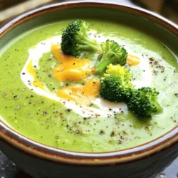 - 4 cups fresh broccoli florets - 1 medium onion, finely chopped - 2 cloves garlic, minced - 3 cups vegetable broth - 1 cup heavy cream - 2 cups shredded sharp cheddar cheese - 1 teaspoon mustard powder - Salt and freshly ground black pepper to taste - 2 tablespoons extra virgin olive oil When I make broccoli cheddar soup, I love using fresh ingredients. Fresh broccoli gives the soup a vibrant color and a great taste. I often start with a medium onion. It adds a sweet base to the soup. Garlic comes next; it brings a warm, rich flavor that makes everything better. For the broth, I prefer vegetable broth. It blends well with the flavors of the broccoli and cheese. Heavy cream is key for that creamy texture. I use sharp cheddar cheese because it melts perfectly and has a strong taste that shines through. You can also adjust the seasoning. A little salt and black pepper can elevate the soup. I like to use extra virgin olive oil for sautéing. It adds a nice touch of flavor, too. - Ideas for lower-calorie options: You can use low-fat milk instead of heavy cream. This makes the soup lighter but still tasty. - Plant-based cheese alternatives: If you want a vegan option, use plant-based cheese. There are many good ones that melt well. - Gluten-free ingredient options: This recipe is naturally gluten-free. Just make sure your broth is gluten-free as well. These substitutions keep the soup enjoyable while catering to different diets. You can easily make it your own! - Chopping vegetables First, chop the onion into small pieces. Next, mince the garlic. Then, cut the broccoli into florets. Make sure they are all similar in size for even cooking. - Simmering the broth In a large pot, pour in the vegetable broth. Heat the broth on medium until it starts to simmer. This will help the flavors blend better as you add the other ingredients. - Sautéing onions and garlic Add the olive oil to the pot once it is hot. Toss in the chopped onion and cook for about five minutes. You want the onion to turn soft and clear. Next, add the minced garlic and cook for one more minute. This step adds a rich flavor. - Cooking broccoli and blending the soup Now, add the broccoli florets to the pot. Stir and let them cook for about three minutes. After that, pour in the simmering vegetable broth. Let everything cook for 10 to 15 minutes until the broccoli is tender. Then, use an immersion blender to blend the soup until smooth. If you don’t have one, use a regular blender in batches. - Incorporating cream and cheese Once blended, return the soup to the pot if needed. Stir in the heavy cream and mustard powder until mixed evenly. Gradually add the shredded cheddar cheese, stirring until it melts. - Adjusting seasoning Taste the soup and add salt and pepper as needed. If it is too thick, you can add more broth or cream to reach your desired thickness. Heat the soup gently, but do not let it boil. For the full recipe, check the complete list of steps. To avoid overcooked broccoli, watch the cooking time closely. Cook it just until it is bright green and tender. This keeps the broccoli crunchy and vibrant. For the cheese, use sharp cheddar. Its strong flavor pairs perfectly with the soup. You can also mix in some Gruyère for extra creaminess and taste. Garnish your soup for a beautiful look. A sprinkle of shredded cheese and whole broccoli florets on top works well. You can also drizzle a little cream in the center for a fancy touch. Pair your soup with crusty bread or a fresh salad. A light, green salad adds a nice crunch and balances the meal. Watch for issues with soup consistency. If the soup is too thick, add more broth or cream. Blend the soup until silky and smooth. If you don’t blend long enough, you’ll have chunks of broccoli. This can change the soup's texture and overall enjoyment. For the best results, blend thoroughly. {{image_4}} You can change your broccoli cheddar soup by adding different vegetables. Carrots and cauliflower blend well. They add color and flavor. You can also try adding peas for a sweet touch. If you like spice, add jalapeños. Chop them finely and add them when you sauté the onions. This gives the soup a nice kick without overpowering the cheese. For a vegan option, replace heavy cream with coconut milk. Use vegan cheese instead of cheddar. You can also skip the cheese for a lighter soup. Just make sure to keep the seasonings balanced. If you're watching carbs, try using cauliflower in place of broccoli. It still gives a nice texture and flavor. You can also skip the cream or use a low-carb milk alternative. In French-style broccoli cheddar soup, add a touch of nutmeg. It enhances the cheese's flavor. You can also stir in some white wine for depth. For an Italian twist, add sun-dried tomatoes and fresh basil. This gives your soup a rich, tangy twist that pairs well with the cheddar. You can even sprinkle some Parmesan on top for extra flavor. For the complete recipe, check the Full Recipe. To keep your broccoli cheddar soup fresh, store it in an airtight container. Let the soup cool down first. Once cooled, place it in the fridge. It will stay good for about 3 to 4 days. Make sure to reheat only the portion you plan to eat. This way, the rest stays fresh longer. If you want to save soup for later, freezing is a great option. Let the soup cool completely before pouring it into freezer-safe bags. Remove as much air as possible before sealing. You can store it for up to 3 months. When you are ready to eat, thaw the soup overnight in the fridge. Reheat it gently on the stove, stirring often. You can get creative with leftover soup! Use it as a base for pasta dishes or casseroles. Mix in cooked rice for a quick meal. You can also add more veggies or proteins to make a hearty stew. This way, you can transform your soup into something new and exciting! You can easily make a dairy-free version. For cream, use coconut cream or cashew cream. Both options add rich flavor. For cheese, try nutritional yeast or dairy-free cheddar. These will give you that cheesy taste without dairy. Yes, you can use frozen broccoli. It is quick and easy. Just remember to adjust your cooking time. Frozen broccoli cooks faster than fresh. Add it to the pot and simmer for about 5 to 7 minutes. This keeps the broccoli tender but not mushy. This soup pairs well with many sides. Try a crusty bread or a fresh salad. A light Caesar salad adds crunch and flavor. You can also serve it with grilled cheese for a cozy meal. There are a few ways to thicken your soup. You can add more cheese to make it richer. Another option is to blend in some cooked potato. If your soup is too thin, let it simmer longer. This will help it reduce and thicken. For a quick fix, mix in a cornstarch slurry. Just combine cornstarch with cold water and stir it in. In this blog post, we explored how to make a delicious broccoli cheddar soup from scratch. We covered the key ingredients, simple steps for preparation, and cooking. I shared tips to prevent common mistakes, along with fun variations to try. Remember, you can adjust flavors and ingredients to fit your taste. Experimenting with new twists keeps the dish exciting. Use this guide to enjoy your cooking and make a hearty meal. Happy cooking!