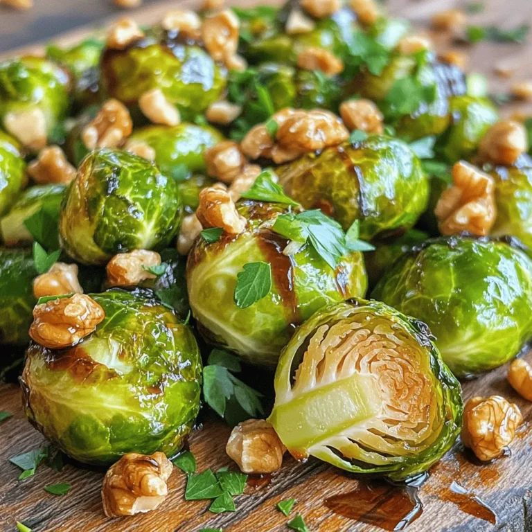 - 1 lb Brussels sprouts, carefully trimmed and halved - 3 tablespoons balsamic vinegar - 2 tablespoons extra virgin olive oil - 1 tablespoon honey (or maple syrup for a vegan option) - 2 cloves garlic, finely minced - 1 teaspoon smoked paprika (optional) - Salt and freshly ground black pepper, to taste - 1/2 cup chopped walnuts or pecans, roughly chopped - Fresh parsley, chopped for garnish To make balsamic roasted Brussels sprouts, gather these simple ingredients. Fresh Brussels sprouts are key. The balsamic vinegar brings a sweet tang. Extra virgin olive oil adds richness. Honey or maple syrup gives a touch of sweetness. Garlic adds depth. Smoked paprika, if you choose, gives a lovely warmth. Chopped walnuts or pecans add crunch and flavor. Fresh parsley brightens the dish. You can adjust salt and pepper to your taste. The full recipe includes all steps for perfect results. These ingredients come together to create a dish that is simple yet full of flavor. Whether for a family dinner or a holiday feast, these Brussels sprouts shine on the table. - Preheat the oven to 425°F (220°C). - Prepare the Brussels sprouts by trimming and halving them. Start by preheating your oven. The high heat helps the sprouts get crispy. Next, grab the Brussels sprouts. Trim off the ends and cut them in half. This step is key. Halving them allows for even cooking and better flavor absorption. - Whisk together balsamic vinegar, olive oil, honey (or maple syrup), minced garlic, salt, and pepper. Now, let’s make the balsamic glaze. In a bowl, mix balsamic vinegar, olive oil, and honey. You can use maple syrup if you prefer a vegan option. Add minced garlic, salt, and pepper. Whisk it well until it combines into a smooth sauce. The sweetness from the honey or syrup balances the tang of the vinegar. - Toss Brussels sprouts in the balsamic mixture and spread on a baking sheet. - Roast for 20 minutes, tossing halfway through for even cooking. - Add nuts and roast for an additional 10-15 minutes until golden-brown. Next, toss the halved Brussels sprouts into the balsamic mixture. Ensure each sprout gets coated well. Spread them out on a baking sheet lined with parchment paper. This helps with easy cleanup. Roast them for 20 minutes. Remember to toss them halfway to get that perfect color on all sides. After 20 minutes, take the baking sheet out. Sprinkle chopped walnuts or pecans over the sprouts. This adds a nice crunch. Return them to the oven for another 10-15 minutes. They should be golden-brown and fragrant. The nuts will toast, adding more flavor. For the full recipe, refer to the instructions above. Enjoy the tasty result! To get that perfect crispiness, spread your Brussels sprouts evenly on the baking sheet. This spacing allows hot air to circulate well. Overcrowding can lead to soggy sprouts, so give them room to breathe. Want to kick up the flavor? Think about adding red pepper flakes for a bit of heat. You can also try different nuts like almonds or hazelnuts. Each nut brings its own taste and crunch, making your dish even better. For a stunning finish, drizzle some balsamic glaze on top just before serving. This adds shine and extra flavor. Balsamic roasted Brussels sprouts go well with roasted meats, or you can enjoy them as a tasty vegetarian dish. If you want to explore the full experience, check out the Full Recipe for more details! {{image_4}} To make this dish vegan, simply swap honey for maple syrup. This change keeps the sweet taste while making it suitable for everyone. Maple syrup adds a nice touch of flavor that pairs well with balsamic vinegar. You can make your Brussels sprouts even more colorful. Add bell peppers or carrots for a bright mix. They bring sweetness and crunch that balance the savory sprouts. You can also include other cruciferous vegetables like cauliflower. This adds a fun twist to your dish and gives you more texture. If you want a quicker option, try sautéing the Brussels sprouts in a skillet. This method allows you to cook them faster while still achieving great flavor. For an extra crispy texture, use an air fryer. This method can give you that satisfying crunch that everyone loves. Feel free to explore these variations to suit your taste! For the full recipe, check out the Balsamic Glazed Brussels Sprouts with a Crunchy Twist. After you enjoy your Balsamic Roasted Brussels Sprouts, let them cool completely. This step helps keep them fresh. Once cooled, place them in an airtight container. You can store them in the refrigerator for up to three days. When reheating, I recommend using a skillet. Heat it on medium. This method helps keep the sprouts crispy. You can also use your oven. Set it to 350°F (175°C). Heat until they are warmed through. Freezing these Brussels sprouts is not the best option. It can change their texture. However, if you need to freeze them, make sure they are completely dry. Place them in a freezer-safe bag. This will help prevent ice crystals from forming. - Opt for less oil or use a non-stick cooking spray. This way, you can still enjoy the flavor without adding too many calories. Adjusting the amount of honey or maple syrup also helps. - Fresh Brussels sprouts are recommended for the best texture, but frozen can be used if thawed and dried. Make sure to dry them well to avoid excess water during roasting. - They should be golden-brown, crispy, and tender when pierced with a fork. Keep an eye on them in the last few minutes to avoid burning. - Yes, you can prep and toss the Brussels sprouts in the glaze a few hours in advance. Just roast them just before serving to ensure they are fresh and warm. - They pair well with grilled meats, pasta dishes, or as part of a festive holiday spread. Their rich flavor complements many foods and makes them a great side dish. In this post, we explored how to make Balsamic Roasted Brussels Sprouts. We discussed the main ingredients you'll need, like Brussels sprouts and balsamic vinegar. I provided clear step-by-step instructions to help you roast them perfectly. You also learned tips for enhancing flavor and variations you can try. These sprouts bring a tasty crunch and a sweet tang. Whether you’re enjoying them as a side or main dish, they shine at any meal. Try them yourself and enjoy a delicious bite!