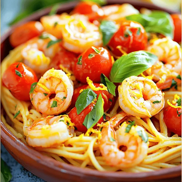 To make Spicy Garlic Shrimp Pasta, gather these key ingredients: - 8 oz spaghetti - 1 lb large shrimp, peeled and deveined - 4 tablespoons extra virgin olive oil - 6 cloves garlic, finely minced - 1 teaspoon crushed red pepper flakes (adjust according to spice preference) - 1 cup cherry tomatoes, halved - 1/2 cup fresh basil leaves, roughly chopped - Zest and juice of 1 large lemon - Sea salt and freshly ground black pepper to taste - Grated Parmesan cheese for garnish (optional) You might want to switch out some ingredients: - If you cannot find shrimp, try using chicken or tofu. - For gluten-free options, choose rice or quinoa pasta. - You can use parsley or cilantro instead of basil for a different flavor. To change the heat in your dish: - Add more crushed red pepper flakes for extra spice. - You can also stir in some hot sauce for a kick. This recipe offers a delightful balance of spice and flavor. Check out the [Full Recipe] for detailed steps and tips! - Cooking the spaghetti Start with a large pot of salted water. Bring it to a rolling boil. Once boiling, add 8 oz of spaghetti. Cook it according to the package instructions until it is al dente. After cooking, drain the pasta. Remember to save 1/2 cup of the starchy pasta water for later. Set the drained spaghetti aside. - Sautéing garlic and red pepper flakes In a large skillet, heat 4 tablespoons of extra virgin olive oil over medium heat. Wait until the oil shimmers. Add 6 finely minced garlic cloves and 1 teaspoon of crushed red pepper flakes. Sauté for about 1 minute. Stir continuously until the garlic turns a light golden color and becomes fragrant. - Proper techniques to ensure shrimp are perfectly cooked Add 1 lb of peeled and deveined shrimp to the skillet. Sauté the shrimp for 2-3 minutes on each side. You want them to turn pink and opaque. Be careful not to overcook the shrimp; they can become tough if cooked too long. - Signs of doneness for shrimp The shrimp are done when they turn a bright pink and are no longer translucent. They should look plump and firm. If you see these signs, you know your shrimp are perfect. - Mixing pasta with shrimp and sauces Once the shrimp are cooked, stir in 1 cup of halved cherry tomatoes. Cook for 2 minutes until they soften. Lower the heat to a gentle simmer and add the reserved spaghetti to the skillet. Toss everything together well. Make sure the pasta gets coated evenly with the oil and garlic mixture. - Tips for achieving the right consistency Add the zest and juice of 1 large lemon and 1/2 cup of roughly chopped fresh basil leaves. Gradually mix in the reserved pasta water while tossing. This helps reach the right sauce consistency. Taste and adjust with sea salt and freshly ground black pepper as needed. For the complete experience, check the Full Recipe. To prevent overcooked shrimp, watch closely as they cook. Shrimp turn pink and opaque when done, which takes about 2-3 minutes per side. If they curl tightly, they are overcooked and tough. For the perfect pasta sauce consistency, add a bit of the reserved pasta water. This starchy water helps bind the sauce to the pasta. Toss everything together well to make sure the spaghetti is coated in the sauce. Serve your spicy garlic shrimp pasta in shallow bowls. This makes the dish look elegant and inviting. Garnish with fresh basil leaves for color and a drizzle of olive oil for shine. Using a large plate can also work well. Spread the pasta out to showcase the shrimp and tomatoes. To adjust seasoning, taste as you cook. If it needs more salt, add a pinch. For extra flavor, consider adding lemon zest or more crushed red pepper flakes. Garnishes can elevate the dish. Try adding freshly chopped parsley or a sprinkle of lemon juice. Grated Parmesan cheese adds richness, but it’s optional. You can find the Full Recipe to explore more about this delightful dish. {{image_4}} You can add lots of veggies to your spicy garlic shrimp pasta. Great choices include: - Spinach - Bell peppers - Zucchini - Broccoli These veggies not only add color but also bring more nutrients. For a balanced taste, add them at the right time. Cook firm veggies like broccoli first. Then, add softer ones like spinach later. This way, all the flavors mix well. While spaghetti is a classic choice, many other pasta types work great. Consider these alternatives: - Penne - Fusilli - Linguine Each type has a different cooking time. For example, penne usually cooks in about 11 minutes, while linguine takes around 9 minutes. Always check the package for specific times. The right pasta can change the dish's texture and flavor. Feel free to experiment with herbs and spices. If you want a milder dish, try these ideas: - Use fresh parsley instead of basil. - Add lemon zest for brightness without heat. - Swap red pepper flakes for black pepper. These changes can make the dish more family-friendly. Adjust flavors to match your taste. Each tweak can create a new and exciting meal experience. For the full recipe, refer to the earlier section. To keep your Spicy Garlic Shrimp Pasta fresh, store leftovers properly. First, let the pasta cool down. Then, place it in an airtight container. This helps keep the flavors and prevents drying. I suggest using a glass container. It’s easy to clean and won’t stain. When reheating, aim to bring back the dish's great taste. I recommend using the stovetop for this. Add a splash of water or olive oil to the pan. Heat on low, stirring gently. This helps keep the shrimp tender. Avoid microwaving if you can. It may overcook the pasta and shrimp. You can freeze Spicy Garlic Shrimp Pasta for later. First, let it cool completely. Then, pack it into freezer-safe bags. Squeeze out the air to prevent freezer burn. To thaw, place it in the fridge overnight. When ready to eat, reheat on the stovetop with a bit of water or oil. This will help revive the flavors. To boost the heat, use extra crushed red pepper flakes. You can also add hot sauce, like Sriracha or Tabasco. If you like a smoky flavor, try smoked paprika. Just sprinkle a little at a time, so you can control the spice level. This way, you get the perfect taste for your palate. Yes, you can use frozen shrimp! Just make sure to thaw them first. Place the shrimp in a bowl of cold water for about 15-20 minutes. Rinse them well before cooking. This helps to keep the shrimp juicy. If you use frozen shrimp, cook them a bit longer to ensure they are hot throughout. To make this dish dairy-free, skip the Parmesan cheese. You can use nutritional yeast for a cheesy flavor. It adds a nice umami punch without the dairy. For a creamy texture, try a splash of coconut cream instead. This way, you keep the dish rich and tasty without any dairy. Check out the Full Recipe for more details. Spicy Garlic Shrimp Pasta is a tasty, easy dish with many options. We covered essential ingredients, cooking methods, and tips to perfect your meal. You can adjust spice levels, swap ingredients, and even try new variations. Don’t forget how to store and reheat your leftovers. Cooking should be fun and creative. Enjoy mastering this dish while impressing family and friends. Dive in and get cooking!