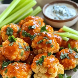 - Cauliflower - All-purpose flour - Buffalo sauce - Garlic powder - Onion powder - Smoked paprika - Fresh parsley - Celery sticks - Dipping sauces (blue cheese or ranch dressing) For this recipe, we start with cauliflower. I like to use a large head of cauliflower. Cut it into bite-sized florets for easy eating. Next, we need all-purpose flour to make the batter. This gives the bites a crispy texture. Buffalo sauce is key for that spicy flavor we crave. We also add garlic powder and onion powder. They give the bites an extra kick. Smoked paprika adds a nice warmth and depth to the flavor. For garnishes, I love fresh parsley. It adds color and freshness. Celery sticks are great for crunch and balance. Don't forget the dipping sauces! Blue cheese or ranch dressing pairs perfectly with the spicy bites. This combination makes for a delicious and fun snack. For the full recipe, check the earlier section. Enjoy making this tasty treat! - Preheat the oven: Start by preheating your oven to 450°F (230°C). Line a baking sheet with parchment paper. This helps with easy cleanup. - Prepare the batter: In a large bowl, whisk together 1 cup of all-purpose flour and 1 cup of water. Add 1 teaspoon of garlic powder, 1 teaspoon of onion powder, ½ teaspoon of smoked paprika, ½ teaspoon of salt, and ¼ teaspoon of black pepper. Mix until smooth with no lumps. - Coat the cauliflower: Take a large head of cauliflower. Cut it into bite-sized florets. Dip each floret into the batter. Make sure every piece gets a good coat. Let any extra batter drip off. Place them on the lined baking sheet in a single layer. Keep them apart. - First bake duration and flipping: Bake the cauliflower for 20 minutes. At the 10-minute mark, flip each floret carefully. This helps them cook evenly. Look for a golden brown color and a crispy texture. - Prepare the buffalo sauce: While the cauliflower bakes, mix 1 cup of buffalo sauce with 2 tablespoons of olive oil in a large bowl. Stir until it is smooth and well combined. - Coat cauliflower with sauce: When the cauliflower is done baking, take it out of the oven. Quickly toss the hot florets in the buffalo sauce. Make sure each piece gets a good coat of the spicy sauce. - Final crisping in the oven: Place the sauced cauliflower back on the baking sheet. Return it to the oven for another 10 minutes. This step makes the bites even crispier. - Serve with garnishes: Once done, take them out of the oven. Sprinkle the bites with fresh parsley for a pop of color. Serve hot with celery sticks and your favorite blue cheese or ranch dressing for dipping. Enjoy your flavorful snack! For the full recipe, check out the details provided above. To get those crunchy bites, you need a good coating. The batter makes all the difference. Make sure each floret is fully covered. This helps lock in moisture and adds crunch. You can bake or fry them. I prefer baking for a healthier option, but frying gives a great taste. If you choose to fry, use hot oil for the best results. Buffalo sauce is tasty on its own, but you can add more flavor. Try adding garlic powder or smoked paprika to the sauce. This extra kick makes it even better. You can also experiment with other sauces. Teriyaki or barbecue sauce can work well too. Don’t be afraid to mix and match flavors to find your favorite. Dipping sauces are key for serving. Blue cheese or ranch dressing is classic with buffalo bites. They cool down the heat and add creaminess. Fresh celery sticks also pair great with the bites. They give a nice crunch and balance the spice. You can serve them as a fun snack or a side dish. Enjoy! {{image_4}} If you want a gluten-free version, you can use different flours. Almond flour, chickpea flour, or coconut flour work well. Each adds a unique taste. Just replace the all-purpose flour with your choice. Keep the same amount for the best results. To boost the heat, use more hot sauce. You can mix in your favorite hot sauce with the buffalo sauce. For even more flavor, try flavored buffalo sauces. These come in various heat levels and tastes. This lets you customize your bites to fit your spice level. If you want a vegan version, switch to non-dairy options for the batter. Use almond milk or oat milk instead of regular milk. For extra texture, add vegetables like carrots or bell peppers to the batter. This adds crunch and enhances the flavor. You can enjoy buffalo cauliflower bites while keeping it plant-based. Don't forget to check out the Full Recipe for more details! To keep your buffalo cauliflower bites fresh, use an airtight container. Glass or plastic containers work well. You can store them in the fridge for up to four days. After that, they may lose their texture and flavor. To reheat without losing crispiness, use an oven or air fryer. Preheat the oven to 350°F (175°C) and place the bites on a baking sheet. Bake for about 10 minutes. If using an air fryer, set it to 350°F (175°C) and heat for about five minutes. This keeps them crispy and tasty. To freeze, let the bites cool completely first. Then, place them in a single layer on a baking sheet. Freeze until firm, then transfer them to a freezer-safe bag. They can stay fresh for up to three months. For thawing, remove them from the freezer and let them sit in the fridge overnight. Reheat as described above for the best results. To make buffalo cauliflower bites crispy, you need to coat them well. Start with a good batter made from flour and water. The batter should be smooth and thick enough to stick. Bake them at a high temperature, like 450°F. Flip them halfway through baking to get an even crisp. Finally, baking them again after coating in buffalo sauce helps achieve that perfect crunch. Yes, you can use frozen cauliflower. However, thaw it first and drain any excess water. This step helps avoid sogginess. Frozen cauliflower may not get as crispy as fresh, but it still works well. Just make sure to follow the same battering and baking steps for the best results. Buffalo cauliflower bites pair well with several sides. Serve them with celery sticks for a crunchy contrast. Dipping sauces like blue cheese or ranch dressing enhance the flavors. You can also add carrot sticks for more color and crunch. Friends and family will love these tasty snacks at any gathering! The calorie count in buffalo cauliflower bites varies based on ingredients. On average, one serving has about 150 calories. This estimate includes the batter and buffalo sauce. If you use less sauce or a lighter batter, calories can drop. For precise numbers, check the recipe details in the Full Recipe section. In this blog post, we explored how to make tasty buffalo cauliflower bites. We covered the key ingredients, cooking steps, and various tips to enhance flavor and crispiness. Remember to use the right coating for that perfect crunch! Feel free to experiment with spices or sauces that excite your taste buds. Don’t forget to check the storage tips to keep leftovers fresh. Making these bites can be simple and fun. Enjoy your delicious creation, and impress your friends and family with this fantastic dish!