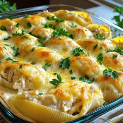 To make Chicken Alfredo Stuffed Shells, you will need these simple ingredients: - 20 jumbo pasta shells - 2 cups cooked chicken, shredded - 1 cup ricotta cheese - 1 cup mozzarella cheese, shredded - 1/2 cup grated Parmesan cheese - 2 cups Alfredo sauce (store-bought or homemade) - 1 teaspoon garlic powder - 1 teaspoon Italian seasoning - Salt and pepper to taste - Fresh parsley, chopped (for garnish) Understanding how to convert measurements can help you adjust the recipe. Here are some useful conversions: - 1 cup = 8 ounces - 1/2 cup = 4 ounces - 1 teaspoon = 5 milliliters - 2 cups = 16 ounces These conversions make it easier to scale the recipe or substitute ingredients. Using quality ingredients enhances the final dish. Here are my suggestions: - Chicken: Use rotisserie chicken for great flavor and ease. - Cheese: Opt for fresh mozzarella and real Parmesan. They melt better. - Alfredo Sauce: If you can, make your own sauce for the best taste. - Pasta: Buy high-quality jumbo shells. They hold the filling well. Investing in good ingredients makes a big difference in taste and texture. Enjoy the process of gathering these items as you prepare to create a comforting dish! For the full recipe, check out the details above. I start by prepping all my ingredients. First, I gather the jumbo pasta shells, cooked chicken, and cheeses. This helps me stay organized. Then, I preheat my oven to 375°F (190°C). It’s important to have the oven ready when it’s time to bake. Next, I boil a large pot of salted water. I cook the pasta shells according to the package instructions until they are al dente. This means they should be firm but cooked. Once done, I drain the shells and let them cool for a few minutes. To cook perfect shells, timing is key. I use a large pot and plenty of water. This helps the pasta cook evenly. I add salt to the water to enhance the flavor of the pasta. When the shells are ready, I make sure not to overcook them. Overcooked shells can break, which makes stuffing them harder. I check them a minute or two before the time is up. Once they are just right, I drain them gently. I let them cool on the counter, so I can handle them easily later. For assembly, I mix my filling in a bowl. I combine the cooked chicken, ricotta, half of the mozzarella, Parmesan, garlic powder, and Italian seasoning. After mixing well, I start stuffing the shells. I take each shell and fill it with the chicken mixture. I place them in a greased 9x13 inch baking dish. After all shells are filled, I pour Alfredo sauce over them. I make sure each shell gets a good coating. I sprinkle the rest of the mozzarella on top for a cheesy finish. Next, I cover the dish with foil to keep moisture in. I bake the shells for 25 minutes. After that, I remove the foil and bake for another 10 minutes. I look for the cheese to be bubbly and golden. Finally, I let the dish cool for about 5 minutes before serving. A sprinkle of fresh parsley adds color and flavor. You can find the complete cooking method in the Full Recipe to guide your cooking adventure! When making Chicken Alfredo stuffed shells, avoid overcooking the pasta. Cook it just until al dente. If you cook it too long, the shells may break. Another mistake is not draining the shells well after cooking. Too much water can dilute the sauce. Make sure to let the filling cool a bit before stuffing. This helps the shells hold their shape. To enhance flavors, season the filling well. Use salt and pepper to taste. Adding garlic powder boosts the taste. Italian seasoning adds a nice herb flavor, too. Don’t skimp on cheese. A mix of mozzarella and Parmesan gives a rich, savory taste. You can also try adding a squeeze of lemon juice for freshness. For creamier stuffed shells, use full-fat ricotta cheese. It makes a big difference in texture. Mixing in some Alfredo sauce with the filling adds extra creaminess. Make sure the sauce is smooth and warm when you pour it over the shells. This will help it spread evenly and soak in. Garnish with fresh parsley for a colorful finish. You can find the full recipe and more tips to make this dish shine. {{image_4}} You can make your Chicken Alfredo Stuffed Shells even more special. Try adding cooked spinach or mushrooms for extra flavor. You could also mix in some sun-dried tomatoes for a sweet twist. Adding a bit of cooked bacon can also give your dish a smoky taste. If Alfredo sauce does not suit your taste, you have options. A creamy pesto sauce can give your shells a fresh, herby flavor. A marinara sauce can add tang and brightness. For a lighter choice, consider using a light cream sauce. Each of these sauces brings its unique touch to the dish. You can easily adapt this recipe for a vegetarian diet. Replace the chicken with grilled zucchini, bell peppers, or eggplant. For gluten-free shells, look for gluten-free pasta options. Many brands offer great substitutes that taste wonderful. With these changes, you can enjoy Chicken Alfredo Stuffed Shells without worry. To store your Chicken Alfredo stuffed shells, let them cool first. Place them in an airtight container. They will stay fresh for about three days in the fridge. Make sure to cover them well to keep moisture in. This helps keep the shells soft and tasty. When you want to eat leftovers, preheat your oven to 350°F (175°C). Place the stuffed shells in an oven-safe dish. Add a little more Alfredo sauce on top to keep them moist. Cover the dish with foil to prevent them from drying out. Heat them for about 20 minutes or until hot. You can also use a microwave. Just heat in short bursts, stirring in between, until warm. If you want to freeze your stuffed shells, do it before baking. Assemble the dish and cover it tightly with plastic wrap and foil. This keeps out air and prevents freezer burn. They can last for up to three months in the freezer. When you're ready to bake, thaw them overnight in the fridge. Then, bake as usual. You will love how fresh they taste, even after freezing! For more detailed instructions, check the Full Recipe. If you don’t have ricotta cheese, you can use cottage cheese. Blend it until smooth for a similar texture. Cream cheese is another option. Just soften it first, then mix it well with the other ingredients. You can even use Greek yogurt for a healthier twist. It adds a nice tang and creaminess. Yes, you can prepare Chicken Alfredo Stuffed Shells ahead of time. Assemble the dish and cover it tightly. Store it in the fridge for up to 24 hours. When you’re ready to bake, let it sit at room temp for about 30 minutes. This helps it cook evenly. You can also freeze the stuffed shells. Just make sure to thaw them overnight before baking. You’ll know the stuffed shells are done when the cheese is bubbly and golden. After baking, a knife inserted in the center should feel hot. The sauce should be simmering around the edges. If you want to be sure, use a food thermometer. The center should reach 165°F (74°C). Let them cool for a few minutes before serving. This makes them easier to handle and enjoy! This blog post covered everything you need for a delicious Chicken Alfredo Stuffed Shells dish. We explored the key ingredients, precise measurements, and quality suggestions. I shared clear steps for prep, cooking, and baking, plus tips for avoiding common mistakes. You found out about tasty variations and how to store leftovers properly. In the end, with these insights, you're ready to impress with this dish. Enjoy cooking and tasting every bite!