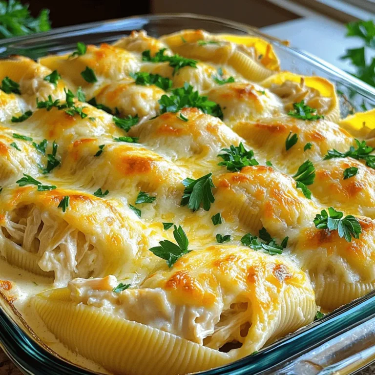 To make Chicken Alfredo Stuffed Shells, you will need these simple ingredients: - 20 jumbo pasta shells - 2 cups cooked chicken, shredded - 1 cup ricotta cheese - 1 cup mozzarella cheese, shredded - 1/2 cup grated Parmesan cheese - 2 cups Alfredo sauce (store-bought or homemade) - 1 teaspoon garlic powder - 1 teaspoon Italian seasoning - Salt and pepper to taste - Fresh parsley, chopped (for garnish) Understanding how to convert measurements can help you adjust the recipe. Here are some useful conversions: - 1 cup = 8 ounces - 1/2 cup = 4 ounces - 1 teaspoon = 5 milliliters - 2 cups = 16 ounces These conversions make it easier to scale the recipe or substitute ingredients. Using quality ingredients enhances the final dish. Here are my suggestions: - Chicken: Use rotisserie chicken for great flavor and ease. - Cheese: Opt for fresh mozzarella and real Parmesan. They melt better. - Alfredo Sauce: If you can, make your own sauce for the best taste. - Pasta: Buy high-quality jumbo shells. They hold the filling well. Investing in good ingredients makes a big difference in taste and texture. Enjoy the process of gathering these items as you prepare to create a comforting dish! For the full recipe, check out the details above. I start by prepping all my ingredients. First, I gather the jumbo pasta shells, cooked chicken, and cheeses. This helps me stay organized. Then, I preheat my oven to 375°F (190°C). It’s important to have the oven ready when it’s time to bake. Next, I boil a large pot of salted water. I cook the pasta shells according to the package instructions until they are al dente. This means they should be firm but cooked. Once done, I drain the shells and let them cool for a few minutes. To cook perfect shells, timing is key. I use a large pot and plenty of water. This helps the pasta cook evenly. I add salt to the water to enhance the flavor of the pasta. When the shells are ready, I make sure not to overcook them. Overcooked shells can break, which makes stuffing them harder. I check them a minute or two before the time is up. Once they are just right, I drain them gently. I let them cool on the counter, so I can handle them easily later. For assembly, I mix my filling in a bowl. I combine the cooked chicken, ricotta, half of the mozzarella, Parmesan, garlic powder, and Italian seasoning. After mixing well, I start stuffing the shells. I take each shell and fill it with the chicken mixture. I place them in a greased 9x13 inch baking dish. After all shells are filled, I pour Alfredo sauce over them. I make sure each shell gets a good coating. I sprinkle the rest of the mozzarella on top for a cheesy finish. Next, I cover the dish with foil to keep moisture in. I bake the shells for 25 minutes. After that, I remove the foil and bake for another 10 minutes. I look for the cheese to be bubbly and golden. Finally, I let the dish cool for about 5 minutes before serving. A sprinkle of fresh parsley adds color and flavor. You can find the complete cooking method in the Full Recipe to guide your cooking adventure! When making Chicken Alfredo stuffed shells, avoid overcooking the pasta. Cook it just until al dente. If you cook it too long, the shells may break. Another mistake is not draining the shells well after cooking. Too much water can dilute the sauce. Make sure to let the filling cool a bit before stuffing. This helps the shells hold their shape. To enhance flavors, season the filling well. Use salt and pepper to taste. Adding garlic powder boosts the taste. Italian seasoning adds a nice herb flavor, too. Don’t skimp on cheese. A mix of mozzarella and Parmesan gives a rich, savory taste. You can also try adding a squeeze of lemon juice for freshness. For creamier stuffed shells, use full-fat ricotta cheese. It makes a big difference in texture. Mixing in some Alfredo sauce with the filling adds extra creaminess. Make sure the sauce is smooth and warm when you pour it over the shells. This will help it spread evenly and soak in. Garnish with fresh parsley for a colorful finish. You can find the full recipe and more tips to make this dish shine. {{image_4}} You can make your Chicken Alfredo Stuffed Shells even more special. Try adding cooked spinach or mushrooms for extra flavor. You could also mix in some sun-dried tomatoes for a sweet twist. Adding a bit of cooked bacon can also give your dish a smoky taste. If Alfredo sauce does not suit your taste, you have options. A creamy pesto sauce can give your shells a fresh, herby flavor. A marinara sauce can add tang and brightness. For a lighter choice, consider using a light cream sauce. Each of these sauces brings its unique touch to the dish. You can easily adapt this recipe for a vegetarian diet. Replace the chicken with grilled zucchini, bell peppers, or eggplant. For gluten-free shells, look for gluten-free pasta options. Many brands offer great substitutes that taste wonderful. With these changes, you can enjoy Chicken Alfredo Stuffed Shells without worry. To store your Chicken Alfredo stuffed shells, let them cool first. Place them in an airtight container. They will stay fresh for about three days in the fridge. Make sure to cover them well to keep moisture in. This helps keep the shells soft and tasty. When you want to eat leftovers, preheat your oven to 350°F (175°C). Place the stuffed shells in an oven-safe dish. Add a little more Alfredo sauce on top to keep them moist. Cover the dish with foil to prevent them from drying out. Heat them for about 20 minutes or until hot. You can also use a microwave. Just heat in short bursts, stirring in between, until warm. If you want to freeze your stuffed shells, do it before baking. Assemble the dish and cover it tightly with plastic wrap and foil. This keeps out air and prevents freezer burn. They can last for up to three months in the freezer. When you're ready to bake, thaw them overnight in the fridge. Then, bake as usual. You will love how fresh they taste, even after freezing! For more detailed instructions, check the Full Recipe. If you don’t have ricotta cheese, you can use cottage cheese. Blend it until smooth for a similar texture. Cream cheese is another option. Just soften it first, then mix it well with the other ingredients. You can even use Greek yogurt for a healthier twist. It adds a nice tang and creaminess. Yes, you can prepare Chicken Alfredo Stuffed Shells ahead of time. Assemble the dish and cover it tightly. Store it in the fridge for up to 24 hours. When you’re ready to bake, let it sit at room temp for about 30 minutes. This helps it cook evenly. You can also freeze the stuffed shells. Just make sure to thaw them overnight before baking. You’ll know the stuffed shells are done when the cheese is bubbly and golden. After baking, a knife inserted in the center should feel hot. The sauce should be simmering around the edges. If you want to be sure, use a food thermometer. The center should reach 165°F (74°C). Let them cool for a few minutes before serving. This makes them easier to handle and enjoy! This blog post covered everything you need for a delicious Chicken Alfredo Stuffed Shells dish. We explored the key ingredients, precise measurements, and quality suggestions. I shared clear steps for prep, cooking, and baking, plus tips for avoiding common mistakes. You found out about tasty variations and how to store leftovers properly. In the end, with these insights, you're ready to impress with this dish. Enjoy cooking and tasting every bite!