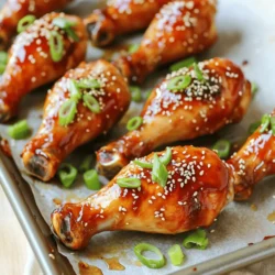 - 10 chicken drumsticks - 1/2 cup soy sauce - 1/4 cup honey - 1/4 cup rice vinegar - 2 tablespoons sesame oil - 3 cloves garlic, minced - 1 inch fresh ginger, grated - 1 tablespoon cornstarch (optional for thickening) - 1 tablespoon sesame seeds (for garnish) - 2 green onions, thinly sliced (for garnish) To create the best Baked Teriyaki Chicken Drumsticks, you need simple ingredients. Each element plays a key role in the taste. Chicken drumsticks are the star of this dish. They are juicy and full of flavor. Soy sauce adds saltiness and depth. Honey brings sweetness that balances the salt. Rice vinegar gives a tangy note that cuts through the richness. Sesame oil adds a nutty aroma that ties it all together. To enhance the flavor, add garlic and ginger. These two ingredients bring warmth and spice. If you want a thicker sauce, use cornstarch. Just mix it with water to create a slurry. This step is optional but helps if you prefer a hearty glaze. For garnishing, sprinkle sesame seeds on top. They add crunch and visual appeal. Thinly sliced green onions also add freshness. Together, they make your dish look and taste amazing. You can find the full recipe to prepare this delicious meal easily. Follow the ingredients closely for the best results! - Preheat the oven to 400°F (200°C). - Line a baking sheet with parchment paper. Getting the oven ready is key. It helps cook the chicken evenly. The parchment paper keeps the drumsticks from sticking. Plus, it makes cleanup easy. - Combine soy sauce, honey, rice vinegar, sesame oil, garlic, and ginger. - Optional: Thicken with cornstarch slurry. To make the teriyaki sauce, mix soy sauce and honey. Add rice vinegar and sesame oil for depth. Minced garlic and grated ginger bring in flavor. If you want a thicker sauce, use cornstarch. Just mix it with a bit of water before stirring it in. - Coat chicken drumsticks in teriyaki sauce. - Marinate for at least 30 minutes (up to 2 hours). Place the drumsticks in a bowl or bag. Pour half the teriyaki sauce over them. Make sure they are fully coated. Let them marinate in the fridge. This step helps the chicken absorb the flavors. - Arrange drumsticks on the baking sheet. - Bake for 35-40 minutes, basting halfway through. Now, lay the drumsticks on the baking sheet. Make sure they are in a single layer. Bake them for 35 to 40 minutes. Halfway through, baste with more sauce for extra moisture and flavor. - Use the broiler for a crispier finish. - Rest the drumsticks before serving. If you like crispy skin, turn on the broiler for 2-3 minutes. Keep an eye on them to avoid burning. After baking, let the drumsticks sit for a few minutes. This allows the juices to settle. Then, they are ready to serve. For the full recipe, check the details above. For the best flavor, marinate your chicken drumsticks for at least 30 minutes. If you have time, let them soak for up to 2 hours. This helps the chicken absorb all the delicious teriyaki flavors. To coat the drumsticks evenly, I recommend placing them in a resealable bag. Pour in half the marinade, seal the bag, and shake it gently. This method ensures every piece gets a good coating. Check for doneness with a meat thermometer. Your chicken should reach 165°F (75°C) to be safe to eat. For crispy skin, bake the drumsticks at 400°F (200°C). Halfway through, baste them with leftover marinade. If you want extra crispiness, turn on the broiler for the last few minutes. Just keep an eye on them so they don’t burn. Pair your teriyaki chicken with steamed jasmine rice. Add a side of stir-fried vegetables for a colorful plate. For a nice touch, sprinkle sesame seeds and sliced green onions on top. These garnishes add flavor and make your dish look great. Enjoy the burst of flavors that come together! {{image_4}} You can switch up the teriyaki sauce for different flavors. Here are some ideas: - Homemade Sauces: You can make a spicy teriyaki sauce by adding sriracha. Mix it with honey and soy sauce for a kick. - Store-Bought Options: Many brands sell teriyaki sauce. Look for ones that have low sodium or no added sugar. They can save you time and still taste good. Feel free to get creative with your ingredients. Here are some swaps you can consider: - Different Proteins: Instead of chicken drumsticks, try this recipe with thighs or wings. You can even use tofu for a vegetarian option. - Gluten-Free Soy Sauce: If you need a gluten-free option, look for tamari or coconut aminos. They work well in this teriyaki recipe. You have choices for how to cook your teriyaki chicken: - Air Fryer Instructions: Preheat your air fryer to 380°F (193°C). Cook the marinated drumsticks for about 25 minutes, flipping halfway for even cooking. - Grilling vs. Baking: Grilling adds a smoky flavor. Cook the drumsticks on medium heat for 25-30 minutes, turning often. Baking gives you crispy skin and is easy to do in the oven. Try both methods to see what you like best! For the full recipe, check out the detailed instructions above. To store leftover drumsticks, let them cool first. This step helps prevent moisture buildup. Place the cooled drumsticks in an airtight container. You can also wrap them tightly in plastic wrap. In the fridge, they last about 3 to 4 days. Always check for any signs of spoilage before eating. If you want to keep drumsticks longer, freezing is a great option. Wrap each drumstick in foil or freezer-safe bags. This method helps prevent freezer burn. Label your bags with the date and type of dish. Drumsticks can stay fresh for about 3 months in the freezer. When ready to eat, thaw them in the fridge overnight. For a quick option, use the microwave on the defrost setting. Reheat in the oven to get that crispy skin back. Enjoy your delicious teriyaki chicken drumsticks anytime! To make the drumsticks less salty, use low-sodium soy sauce. You can also add more honey and rice vinegar to balance the saltiness. Another tip is to dilute the soy sauce with water. This keeps the flavor while making it milder. Yes, you can use other chicken cuts. Thighs or breasts work well, but adjust cooking times. Thighs take longer to cook than drumsticks, while breasts may cook faster. Ensure all cuts reach 165°F (75°C) for safety. If you want a substitute for honey, try maple syrup or agave nectar. Both will provide sweetness without altering the flavor too much. For a low-calorie option, use a sugar substitute like stevia. To get crispy drumsticks, pat them dry before adding sauce. Bake them at a high temperature, and consider broiling them at the end. Basting with sauce halfway through also helps keep them moist while adding flavor. Marinating is not strictly necessary, but it helps enhance the flavor. If you're short on time, you can skip it. However, marinating for at least 30 minutes will give you a tastier dish. Yes, you can cook these drumsticks in a slow cooker. Place the drumsticks and sauce in the cooker and cook on low for 4 to 6 hours. This method will make the chicken tender, but it won't be crispy. For crispy skin, apply the broiler briefly after cooking. For the full recipe, check out the previous sections! Baked Teriyaki Chicken Drumsticks are simple and tasty. You saw the main ingredients, like soy sauce and honey, which make a great glaze. Marinating makes the chicken full of flavor, while baking gives it the perfect texture. Remember, you can switch up flavors or try new cooking methods. Use leftovers for quick meals. I hope you find joy in making this dish and impress your family or friends. Enjoy your cooking adventures!