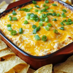 For a great Buffalo Chicken Dip, you need simple but flavorful items. Here are the main ingredients: - 2 cups cooked chicken, shredded - 8 oz cream cheese, softened to room temperature - 1/2 cup sour cream - 1/2 cup ranch dressing (or blue cheese dressing for a twist) - 1/2 cup buffalo sauce (adjust to your desired level of heat) - 1 cup shredded sharp cheddar cheese - 1/4 cup green onions, finely chopped (for a fresh garnish) - Tortilla chips or crunchy celery sticks for dipping These ingredients create a rich and creamy dip with a spicy kick. The chicken adds protein, while the cheese gives a nice, gooey texture. You can customize your dip with optional ingredients. Consider these alternatives: - Use Greek yogurt instead of sour cream for a healthier option. - Swap ranch dressing for blue cheese dressing if you like bold flavors. - Add diced jalapeños for extra heat. - Mix in some cooked bacon for a smoky touch. These substitutions can change the flavor while keeping the dip delicious. Choosing the right ingredients makes a big difference. Here are some tips: - Pick fresh chicken, ideally cooked at home. This adds great flavor and texture. - Choose high-quality cream cheese for smoothness. - Look for full-fat sour cream and cheese for creaminess. - Use a trusted brand for buffalo sauce that matches your heat preference. Quality ingredients ensure a tasty dip that everyone will enjoy. Don't forget to check the freshness of your green onions for the best garnish! To start, gather all your ingredients. You need: - 2 cups cooked chicken, shredded - 8 oz cream cheese, softened - 1/2 cup sour cream - 1/2 cup ranch dressing (or blue cheese dressing for a twist) - 1/2 cup buffalo sauce - 1 cup shredded sharp cheddar cheese - 1/4 cup green onions, finely chopped - Tortilla chips or crunchy celery sticks for dipping First, preheat your oven to 350°F (175°C). This step ensures your dip cooks evenly. Next, shred your cooked chicken, if you haven’t done so already. Shredding helps mix it well with the other ingredients. In a large mixing bowl, combine the softened cream cheese, sour cream, ranch dressing, and buffalo sauce. Use a hand mixer or spatula to blend until the mixture is smooth. This creamy base is the heart of the dip. Now, fold in the shredded chicken and half of the cheddar cheese. Mix gently to keep a nice texture. You want every bite to have a bit of chicken and cheese. Pour the mixture into a baking dish. Spread it out evenly for even cooking. Now, sprinkle the remaining cheddar cheese over the top. This layer will melt into a delicious, cheesy crust. Place the baking dish in the oven and bake for 20-25 minutes. Look for bubbling edges and a golden top. This is when the dip is ready. After baking, remove the dish from the oven. Let it cool for about 5 minutes. This step helps the flavors settle. While it cools, chop the green onions for garnish. When ready to serve, sprinkle the green onions on top. This adds color and a fresh taste. Serve the dip warm with tortilla chips or celery sticks. Your guests will love diving into this tasty treat! For the full recipe, check out the details above. To get a creamy dip, start with softened cream cheese. This helps blend well with other ingredients. Use a hand mixer for a smooth result. Mix until there are no lumps left. You can add sour cream to enhance the creamy feel. If you want more flavor, try using flavored cream cheese. Buffalo chicken dip tastes great with many sides. I love serving it with crunchy tortilla chips. Fresh celery sticks also add a nice crunch. You can even use pita bread for a fun twist. For a colorful touch, add sliced veggies around the dip. This makes the spread look inviting and fun! Reheating this dip is easy. Place it in a microwave-safe bowl. Heat it in short bursts of 30 seconds. Stir after each burst until warm. You can also reheat it in the oven. Just cover it with foil and bake at 350°F for 15 minutes. This keeps it from drying out. Enjoy your tasty dip again! For the full recipe, refer to the Buffalo Chicken Dip Extravaganza. {{image_4}} You can switch up the flavor by adding different cheeses. Try using mozzarella for a gooey stretch. Gouda adds a rich, smoky taste. Feta brings a nice tangy twist. Mixing these cheeses will make your dip even more exciting. You can also blend in cream cheese for extra creaminess. Just remember, balance the flavors so they complement each other well. Buffalo Chicken Dip is great with more than just chicken. You can use shredded turkey for a lighter option. Pulled pork gives a sweet and smoky taste. If you prefer plant-based meals, try chickpeas or tofu for a vegan twist. Just ensure you season them well to capture that classic buffalo flavor. Each protein will give a unique spin to your dip. To kick up the heat, adjust the amount of hot sauce. Start with a small amount and taste as you go. If you like it fiery, add more until it’s perfect for you. Consider using different brands of hot sauce for varied flavors. Some sauces have fruity notes, while others pack more heat. Experiment to find your preferred balance of spice. To store leftover Buffalo Chicken Dip, let it cool first. Once it’s cool, transfer it to an airtight container. Cover the dip tightly. You can keep it in the fridge for up to three days. Make sure to label the container with the date for easy tracking. You can freeze Buffalo Chicken Dip for later use. Place the cooled dip in a freezer-safe container. Be sure to leave some space at the top. This allows for expansion as it freezes. It will stay fresh for about three months. When you’re ready to enjoy it, thaw it in the fridge overnight before reheating. Reheating Buffalo Chicken Dip is simple. You can use an oven or a microwave. For the oven, preheat it to 350°F (175°C). Place the dip in a baking dish and cover it with foil. Heat for 15-20 minutes or until it's hot. If you use a microwave, heat in 30-second intervals, stirring in between. Enjoy your dip warm with chips or veggies! Yes, you can make Buffalo Chicken Dip ahead of time. Prepare the dip and store it in the fridge. Just cover it well with plastic wrap or a lid. You can keep it for up to two days. When you are ready to serve, bake it as directed in the Full Recipe. This saves time and lets the flavors meld together. If you want a change, use blue cheese dressing instead of ranch. The dip will still taste great with its bold flavor. You can also try Greek yogurt for a lighter option. This swap keeps the dip creamy while adding a touch of healthy goodness. Buffalo Chicken Dip is gluten-free as long as you use gluten-free ingredients. The main ingredients, like chicken and cheese, are safe. However, check the labels on the ranch dressing and buffalo sauce. Some brands may contain gluten. Pair the dip with gluten-free chips or veggies for a tasty snack. You learned about the key ingredients for Buffalo Chicken Dip and how to choose them. We covered easy steps for prepping, mixing, and baking your dip. I shared tips for a creamy texture and how to serve it. You can customize it with different cheeses or proteins. Lastly, I explained storage and reheating to keep it fresh. With these insights, you can create a tasty dip for any event. Have fun making it your own!