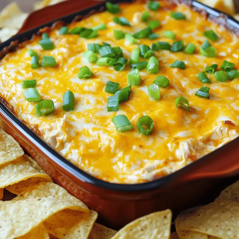 For a great Buffalo Chicken Dip, you need simple but flavorful items. Here are the main ingredients: - 2 cups cooked chicken, shredded - 8 oz cream cheese, softened to room temperature - 1/2 cup sour cream - 1/2 cup ranch dressing (or blue cheese dressing for a twist) - 1/2 cup buffalo sauce (adjust to your desired level of heat) - 1 cup shredded sharp cheddar cheese - 1/4 cup green onions, finely chopped (for a fresh garnish) - Tortilla chips or crunchy celery sticks for dipping These ingredients create a rich and creamy dip with a spicy kick. The chicken adds protein, while the cheese gives a nice, gooey texture. You can customize your dip with optional ingredients. Consider these alternatives: - Use Greek yogurt instead of sour cream for a healthier option. - Swap ranch dressing for blue cheese dressing if you like bold flavors. - Add diced jalapeños for extra heat. - Mix in some cooked bacon for a smoky touch. These substitutions can change the flavor while keeping the dip delicious. Choosing the right ingredients makes a big difference. Here are some tips: - Pick fresh chicken, ideally cooked at home. This adds great flavor and texture. - Choose high-quality cream cheese for smoothness. - Look for full-fat sour cream and cheese for creaminess. - Use a trusted brand for buffalo sauce that matches your heat preference. Quality ingredients ensure a tasty dip that everyone will enjoy. Don't forget to check the freshness of your green onions for the best garnish! To start, gather all your ingredients. You need: - 2 cups cooked chicken, shredded - 8 oz cream cheese, softened - 1/2 cup sour cream - 1/2 cup ranch dressing (or blue cheese dressing for a twist) - 1/2 cup buffalo sauce - 1 cup shredded sharp cheddar cheese - 1/4 cup green onions, finely chopped - Tortilla chips or crunchy celery sticks for dipping First, preheat your oven to 350°F (175°C). This step ensures your dip cooks evenly. Next, shred your cooked chicken, if you haven’t done so already. Shredding helps mix it well with the other ingredients. In a large mixing bowl, combine the softened cream cheese, sour cream, ranch dressing, and buffalo sauce. Use a hand mixer or spatula to blend until the mixture is smooth. This creamy base is the heart of the dip. Now, fold in the shredded chicken and half of the cheddar cheese. Mix gently to keep a nice texture. You want every bite to have a bit of chicken and cheese. Pour the mixture into a baking dish. Spread it out evenly for even cooking. Now, sprinkle the remaining cheddar cheese over the top. This layer will melt into a delicious, cheesy crust. Place the baking dish in the oven and bake for 20-25 minutes. Look for bubbling edges and a golden top. This is when the dip is ready. After baking, remove the dish from the oven. Let it cool for about 5 minutes. This step helps the flavors settle. While it cools, chop the green onions for garnish. When ready to serve, sprinkle the green onions on top. This adds color and a fresh taste. Serve the dip warm with tortilla chips or celery sticks. Your guests will love diving into this tasty treat! For the full recipe, check out the details above. To get a creamy dip, start with softened cream cheese. This helps blend well with other ingredients. Use a hand mixer for a smooth result. Mix until there are no lumps left. You can add sour cream to enhance the creamy feel. If you want more flavor, try using flavored cream cheese. Buffalo chicken dip tastes great with many sides. I love serving it with crunchy tortilla chips. Fresh celery sticks also add a nice crunch. You can even use pita bread for a fun twist. For a colorful touch, add sliced veggies around the dip. This makes the spread look inviting and fun! Reheating this dip is easy. Place it in a microwave-safe bowl. Heat it in short bursts of 30 seconds. Stir after each burst until warm. You can also reheat it in the oven. Just cover it with foil and bake at 350°F for 15 minutes. This keeps it from drying out. Enjoy your tasty dip again! For the full recipe, refer to the Buffalo Chicken Dip Extravaganza. {{image_4}} You can switch up the flavor by adding different cheeses. Try using mozzarella for a gooey stretch. Gouda adds a rich, smoky taste. Feta brings a nice tangy twist. Mixing these cheeses will make your dip even more exciting. You can also blend in cream cheese for extra creaminess. Just remember, balance the flavors so they complement each other well. Buffalo Chicken Dip is great with more than just chicken. You can use shredded turkey for a lighter option. Pulled pork gives a sweet and smoky taste. If you prefer plant-based meals, try chickpeas or tofu for a vegan twist. Just ensure you season them well to capture that classic buffalo flavor. Each protein will give a unique spin to your dip. To kick up the heat, adjust the amount of hot sauce. Start with a small amount and taste as you go. If you like it fiery, add more until it’s perfect for you. Consider using different brands of hot sauce for varied flavors. Some sauces have fruity notes, while others pack more heat. Experiment to find your preferred balance of spice. To store leftover Buffalo Chicken Dip, let it cool first. Once it’s cool, transfer it to an airtight container. Cover the dip tightly. You can keep it in the fridge for up to three days. Make sure to label the container with the date for easy tracking. You can freeze Buffalo Chicken Dip for later use. Place the cooled dip in a freezer-safe container. Be sure to leave some space at the top. This allows for expansion as it freezes. It will stay fresh for about three months. When you’re ready to enjoy it, thaw it in the fridge overnight before reheating. Reheating Buffalo Chicken Dip is simple. You can use an oven or a microwave. For the oven, preheat it to 350°F (175°C). Place the dip in a baking dish and cover it with foil. Heat for 15-20 minutes or until it's hot. If you use a microwave, heat in 30-second intervals, stirring in between. Enjoy your dip warm with chips or veggies! Yes, you can make Buffalo Chicken Dip ahead of time. Prepare the dip and store it in the fridge. Just cover it well with plastic wrap or a lid. You can keep it for up to two days. When you are ready to serve, bake it as directed in the Full Recipe. This saves time and lets the flavors meld together. If you want a change, use blue cheese dressing instead of ranch. The dip will still taste great with its bold flavor. You can also try Greek yogurt for a lighter option. This swap keeps the dip creamy while adding a touch of healthy goodness. Buffalo Chicken Dip is gluten-free as long as you use gluten-free ingredients. The main ingredients, like chicken and cheese, are safe. However, check the labels on the ranch dressing and buffalo sauce. Some brands may contain gluten. Pair the dip with gluten-free chips or veggies for a tasty snack. You learned about the key ingredients for Buffalo Chicken Dip and how to choose them. We covered easy steps for prepping, mixing, and baking your dip. I shared tips for a creamy texture and how to serve it. You can customize it with different cheeses or proteins. Lastly, I explained storage and reheating to keep it fresh. With these insights, you can create a tasty dip for any event. Have fun making it your own!