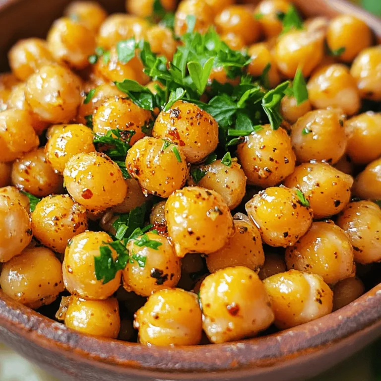 - 1 can (15 oz) chickpeas, drained and thoroughly rinsed - 2 tablespoons extra virgin olive oil - 4 cloves garlic, finely minced - 1 teaspoon dried oregano - 1 teaspoon dried thyme - 1 teaspoon smoked paprika - Salt and freshly ground black pepper to taste - Fresh parsley, finely chopped, for garnish Garlic herb roasted chickpeas are not only tasty but also good for you. Each serving has about 120 calories. The breakdown includes roughly 20 grams of carbs, 6 grams of protein, and 4 grams of fat. Chickpeas are a great source of plant-based protein. They contain fiber, which helps keep you full. Their rich nutrient profile supports heart health and aids digestion. These crispy snacks are perfect for any time of day. They are easy to make and full of flavor. You can find the full recipe above to create this delightful snack. Preheat the oven and prepare the chickpeas Start by preheating your oven to 400°F (200°C). This step is key for crispy chickpeas. Next, drain and rinse the chickpeas well. This removes the canning liquid and excess salt. Proper drying techniques for chickpeas Spread the rinsed chickpeas on a clean kitchen towel or paper towels. Pat them dry gently. Removing moisture is crucial. Moisture can make them soggy instead of crunchy. Tossing chickpeas with seasoning In a large bowl, mix the dried chickpeas with 2 tablespoons of olive oil. Add 4 cloves of minced garlic, 1 teaspoon of oregano, 1 teaspoon of thyme, and 1 teaspoon of smoked paprika. Season with salt and pepper. Toss everything well. Each chickpea should be coated in the tasty mix. Spreading chickpeas on a baking sheet Line your baking sheet with parchment paper. This makes cleanup easy. Spread the seasoned chickpeas in a single layer. Make sure they have room to roast evenly. Recommended oven settings and time Place your baking sheet in the preheated oven. Roast the chickpeas for 25 to 30 minutes. Shake the pan halfway through cooking. This helps them brown evenly. Tips for achieving perfect crispiness Keep an eye on the chickpeas during the last few minutes. Oven temperatures can vary. Once they are golden brown, take them out. Let them cool for a few minutes. They will get crunchier as they cool. To make your garlic herb roasted chickpeas shine, focus on seasoning. You can mix and match herbs based on your taste. Try adding chili powder or cumin for a kick. You can also switch up the oil. Avocado oil works great for a different flavor. For a crunchy texture, moisture is your enemy. After rinsing, make sure to dry the chickpeas well. Use a towel or paper towels to soak up any water. This step is key for a great crunch. One big mistake is not drying the chickpeas enough. This can lead to a soft snack instead of crispy ones. Also, watch your timing when roasting. If you leave them in too long, they can burn. Check them halfway through and shake the pan. This helps them cook evenly. Another issue is overcrowding the pan. Make sure the chickpeas have space. This allows hot air to circulate around them, leading to a nice crunch. Garlic herb roasted chickpeas are perfect for many meals. You can toss them in salads or grain bowls for a tasty crunch. They also add flavor to soups or stews. Get creative with snacks! Serve them with hummus or yogurt dips for a fun treat. You can also mix them with nuts for a savory trail mix. These roasted chickpeas are not just a snack; they can transform any dish! For the full recipe, check out the Garlic Herb Roasted Chickpeas recipe above. {{image_4}} You can spice up your garlic herb roasted chickpeas in fun ways. For a spicy kick, add chili powder or cayenne pepper. Just a little will go a long way in adding heat. You can also try different herbs. Rosemary or basil gives the chickpeas a fresh twist. Experimenting with flavors can make each batch unique and exciting. This recipe is already vegan! You can serve these chickpeas as a snack or a topping. They fit well in salads or grain bowls. If you want a gluten-free option, you're in luck! Chickpeas are naturally gluten-free. Just be sure to check any packaged spices for gluten. Roasted chickpeas are versatile. You can mix them into grain bowls for added crunch. They also work great in soups, bringing texture and flavor. For garnishing, sprinkle them on top of salads or even pasta. The options are endless, and they make any dish more delicious. For the full recipe, check out Garlic Herb Roasted Chickpeas 🧄. To keep your chickpeas crispy, let them cool first. Store them in an airtight container. I recommend using a glass jar or a plastic container with a tight lid. This helps maintain their crunch. You can keep them at room temperature for up to three days. If you want to keep them longer, place them in the fridge. Just remember, they might lose some crispiness this way. When you want to eat your leftover chickpeas, you can restore their crispiness. The best way is to reheat them in the oven. Set your oven to 400°F (200°C) and spread the chickpeas on a baking sheet. Heat them for about 5 to 10 minutes. Keep an eye on them so they don’t burn. You can also use an air fryer for a quick crisp-up. Make sure to eat your chickpeas within a week of cooking for the best taste. Yes, you can freeze roasted chickpeas! To freeze them, let them cool completely. Then, spread them on a baking sheet in a single layer and freeze for about an hour. After that, transfer them to a freezer bag. This keeps them from clumping together. When you want to eat them, just reheat directly from the freezer. Use the oven method mentioned earlier. They might not be as crispy as fresh, but they will still taste great. Roasted chickpeas last about 3 days at room temperature. Keep them in an airtight container to maintain their crunch. If you store them in the fridge, they can last for about a week. However, the texture may change. For the best taste and crunch, enjoy them fresh. Yes, you can use dried chickpeas, but they need prep. Soak them overnight in water. Then, cook them until they are tender. This process can take 1-2 hours. Once cooked, drain and rinse them before following the recipe. This ensures they get that crispy finish. Leftover garlic or herbs can be used in many ways. Mix extra garlic into your pasta or rice dishes. Toss leftover herbs into salads for added flavor. You can also blend them into dressings or dips. This way, nothing goes to waste, and you boost your meals. To enhance crispiness, start with very dry chickpeas. After rinsing, pat them dry well. You can also try roasting them longer, checking every few minutes to prevent burning. Another tip is to spread them out on the baking sheet in one layer. This allows hot air to circulate, giving you that perfect crunch. Roasting chickpeas is a simple way to make a tasty and healthy snack. You learned about the main ingredients, cooking steps, and helpful tips. We covered flavor variations and dietary options too. Remember to store leftovers properly to keep them crispy. These chickpeas are flexible; use them in bowls or as a snack. Enjoy experimenting with flavors and textures in your cooking. Embrace this easy recipe as a fun addition to your meals.