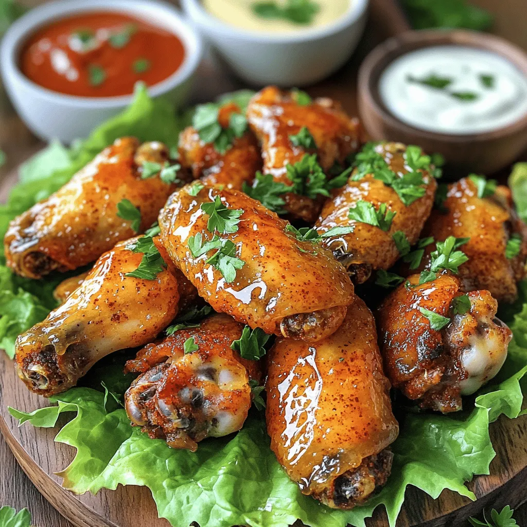 - 2 pounds chicken wings - 1 tablespoon baking powder - 1 teaspoon salt - 1 teaspoon black pepper - 1 teaspoon garlic powder - 1 teaspoon onion powder - 1 teaspoon smoked paprika - ½ teaspoon cayenne pepper (optional for a spicy kick) - 2 tablespoons olive oil - 1 tablespoon honey (for glazing) - Fresh parsley, finely chopped (for garnish) To make crispy baked chicken wings, you'll need these key ingredients. The chicken wings form the base. The baking powder is crucial for that crunchy skin. Salt, pepper, garlic powder, onion powder, and smoked paprika add flavor. If you like heat, cayenne pepper gives a spicy kick. Olive oil helps the wings crisp up nicely in the oven. Honey adds a sweet touch, and parsley brightens the dish with color. Spice up your wings by adding different seasonings. Try chili powder or Italian herbs for a new twist. You can make a sweet glaze with soy sauce and brown sugar for an Asian flair. Fresh herbs like thyme or rosemary can also add a nice touch. Experiment with these options to find your favorite flavor. For the full recipe, check the previous section. 1. Preheat your oven to 425°F (220°C). 2. Line a large baking sheet with parchment paper or a silicone mat. 3. Rinse the chicken wings under cold water. 4. Dry the wings thoroughly with paper towels. This step is key for crispiness. 1. In a medium bowl, mix together the baking powder, salt, black pepper, garlic powder, onion powder, smoked paprika, and cayenne pepper. 2. Transfer the wings to a large bowl and sprinkle the seasoning mix over them. 3. Toss the wings until they are evenly coated in the dry mix. 4. Drizzle olive oil over the seasoned wings and toss again for even coverage. 1. Lay the chicken wings in a single layer on the prepared baking sheet. 2. Ensure they do not touch each other for better cooking. 3. Bake for 40-45 minutes. 4. Flip the wings halfway through for even crispiness. 5. They should be golden brown and crispy when done. For the full recipe, check out the detailed instructions provided above. Enjoy your cooking! To get crispy chicken wings, you must dry them well. Moisture is the enemy of crispiness. Use paper towels to pat them dry. This step is key for that perfect crunch. Baking powder plays a big role. It helps create a light and airy texture. When you coat the wings in baking powder, it draws out moisture during baking. This process makes the skin crispy and golden. Making a honey glaze is easy. In a small pan, mix honey with a bit of water. Heat it on low until it warms up. Stir it well to combine. This glaze adds a nice sweetness to your wings. Timing is important for glazing. Brush the honey glaze on the wings right after baking. This way, the glaze sticks well and gives a shiny finish. For serving, arrange the wings on a big platter. Line the platter with fresh lettuce leaves for color. It makes the dish look more appealing. Pair the wings with your favorite sides. Think about crispy fries or a fresh salad. For dipping sauces, ranch and blue cheese are classic choices. Provide toothpicks for easy grabbing. For the full recipe, check the details above. Enjoy your crispy baked chicken wings! {{image_4}} You can change the taste of your crispy baked chicken wings. Here are two popular styles: - Buffalo-style crispy wings: To make these, toss your wings in a mixture of hot sauce and melted butter after baking. This gives them that classic spicy kick. - Sweet and tangy Asian-inspired wings: Mix soy sauce, honey, and garlic for a glaze. Brush this on your wings before baking for a delicious twist. Both baking and air frying can make wings crispy. Here’s how they compare: - Baking: This method uses dry heat. It takes longer, about 40-45 minutes. You need to flip the wings halfway for even cooking. - Air frying: This method cooks faster, around 25-30 minutes. Set the temperature to 400°F (200°C). You still flip them halfway for crispiness. Adjust the cooking time based on your method. Both ways can yield tasty results. You can make your wings healthier without losing flavor: - Low-sodium seasoning options: Use herbs and spices instead of salt. Garlic powder and smoked paprika add great taste without extra sodium. - Using air fryer for reduced oil: The air fryer needs less oil. You can get crispy wings without a lot of added fat. Just coat them lightly with oil before cooking. These tips can help you enjoy your wings guilt-free! For the full recipe, check out the Crispy Baked Chicken Wings details above. To keep your leftover wings fresh, place them in an airtight container. Make sure to let them cool first. Store them in the fridge for up to three days. If you want to save them longer, freezing is a great option. For freezing, wrap each wing in plastic wrap. Then, place them in a freezer-safe bag or container. They can last for up to three months in the freezer. When it’s time to eat your wings again, the oven is your best friend for reheating. Preheat it to 350°F (175°C). Place the wings on a baking sheet lined with parchment paper. Bake for about 10 to 15 minutes. This keeps them crispy and tasty. If you’re in a hurry, you can use the microwave. Place wings on a microwave-safe plate. Cover them with a damp paper towel to keep them moist. Heat for 1 to 2 minutes, checking often. This method is quick but may make the skin a bit less crispy. For the best taste, stick to the oven. You’ll enjoy those delicious, crispy wings just like the first time! Don't forget to check out the Full Recipe for tips and tricks on achieving the perfect texture. To make chicken wings crispy without frying, use a few simple techniques: - Dry the wings: Pat them dry with paper towels. Moisture can lead to soggy skin. - Use baking powder: This helps create a crunchy texture. Mix it with salt and spices before coating the wings. - High oven temperature: Bake at 425°F (220°C). This promotes browning and crispiness. - Don't overcrowd: Place wings in a single layer with space in between. This allows hot air to circulate. These steps help you bake wings that are just as crispy as fried ones! Yes, you can use frozen chicken wings! Here are some tips: - Thaw properly: It’s best to thaw them in the fridge overnight. If you’re short on time, run cold water over them in a sealed bag. - Adjust cooking time: Frozen wings may need a few extra minutes in the oven. Start checking them at the original baking time. - Dry them: After thawing, pat them dry. This step is crucial for achieving crispiness. Using frozen wings can save time and still give you great results. Crispy baked wings taste amazing with many sauces. Here are some popular options: - Buffalo sauce: Classic and spicy. - BBQ sauce: Sweet and smoky flavors. - Ranch dressing: Creamy and cool. - Blue cheese dressing: Tangy and rich. For a homemade sauce, try this simple honey garlic glaze: - Ingredients: - 1/4 cup honey - 2 cloves garlic, minced - 1 tablespoon soy sauce - Instructions: 1. Mix all ingredients in a small bowl. 2. Brush onto wings after baking for a sweet touch. Experiment with different sauces to find your favorite! In this post, you learned how to make crispy chicken wings at home. We covered essential ingredients, step-by-step baking instructions, and tips for maximum crispiness. Keeping wings dry and using baking powder makes them extra crunchy. You can try different flavors and ways to serve them. Don't forget about storage tips for leftovers. Enjoy your delicious wings, whether you bake or air fry them! It's all about finding your perfect recipe.