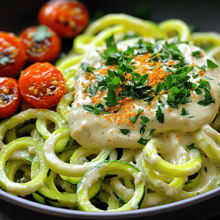 - Zucchini: Use 4 medium zucchinis. Spiralize them into long, noodle-like strands. You can find spiralizers at most kitchen stores. If you don't have one, a vegetable peeler works too. Just slice the zucchini into thin strips. - Cashew Cream: Soak 1 cup of cashews for at least 2 hours. This softens them and helps create a smooth sauce. You can also use silken tofu if you want a nut-free option. - Other Essential Ingredients: - 1 cup unsweetened almond milk - 1 garlic clove, finely minced - 2 tablespoons nutritional yeast for that cheesy flavor - 1 tablespoon freshly squeezed lemon juice - 1 teaspoon Italian seasoning blend - Salt and freshly ground black pepper, to taste - 1 tablespoon extra virgin olive oil - Fresh parsley, finely chopped (for garnish) These ingredients come together to create a wholesome and creamy dish that is both delicious and healthy. The nutritional yeast gives a cheesy taste, while the almond milk keeps it light. Enjoy making this dish as part of your healthy eating plan! For the full recipe, check out the details provided earlier. To start, grab your spiralizer. This tool helps turn zucchini into fun noodle shapes. Place the zucchini in the spiralizer, then twist it to create long strands. Aim for thin noodles for the best texture. If you don't have a spiralizer, use a vegetable peeler. Peel the zucchini into thin ribbons. You can also use a box grater. Just shred the zucchini for a different look. No matter the method, aim for about four medium zucchinis for this dish. Next, let's make the sauce. In a high-speed blender, combine soaked cashews, almond milk, minced garlic, nutritional yeast, lemon juice, and seasoning. Blend until creamy. This mix gives you the classic Alfredo texture. If your sauce is too thick, add more almond milk. This will help you reach the desired creaminess. Taste it to make sure it’s just right. Now it’s time to sauté the zucchini noodles. Heat olive oil in a large skillet over medium heat. Add the spiralized noodles and gently stir them for about three to four minutes. You want them tender but still firm. Don’t overcook them. The goal is to keep that perfect, al dente bite. This step adds flavor and warmth to the noodles. After cooking the noodles, pour the creamy sauce over them. Stir gently to coat every noodle with the sauce. Cook for another two to three minutes to heat everything through. Before serving, taste the dish. Adjust the seasoning with salt or pepper if needed. Then, transfer the Zucchini Noodle Alfredo Delight to plates and enjoy! To bring out the best flavor in your Zucchini Noodle Alfredo, start with fresh herbs. Fresh basil or parsley can make a big difference. If fresh herbs are not available, dried herbs work too. Use about one-third of the amount when using dried herbs. Adjust the salt and pepper to your taste. A squeeze of lemon juice adds brightness. It balances the creaminess of the dish. For a stunning presentation, garnish your dish with fresh parsley. It adds color and a fresh taste. Sprinkle some nutritional yeast over the top for a cheesy flavor. Pair your Zucchini Noodle Alfredo with roasted cherry tomatoes. Their sweetness complements the creamy sauce. You can also serve it with a side salad to add crunch and freshness. Enjoy the blend of colors and flavors on your plate! {{image_4}} You can easily add protein to your Zucchini Noodle Alfredo. Here are some options: - Chicken: Cooked chicken breast adds great flavor and texture. Slice it thin and mix it in. - Shrimp: Sauté shrimp until they turn pink. Toss them in with the noodles for a seafood twist. - Tofu: For a plant-based option, add cubed, sautéed tofu. It soaks up the sauce well. If you need vegan or gluten-free options, here are some swaps: - Cream Base: Use silken tofu instead of cashews for a quick vegan cream. - Pasta: Zucchini is naturally gluten-free. If you prefer, use gluten-free pasta. - Low-Carb: Stick with zucchini noodles for a low-carb meal. They are filling without the carbs. Add more flavor with these tips: - Spices: Try adding red pepper flakes for heat or smoked paprika for depth. - Different Sauces: Mix in pesto for a fresh twist or sun-dried tomatoes for richness. - Extra Veggies: Toss in spinach or bell peppers while sautéing for added nutrients and color. Feel free to explore these variations to make your Zucchini Noodle Alfredo uniquely yours! You can find the Full Recipe to guide you through the process. To keep your zucchini noodle Alfredo fresh, store the noodles and sauce separately. Place the zucchini noodles in an airtight container. For the sauce, use another container. This helps maintain their texture and flavor. When stored properly, the zucchini noodles last about 3 days in the fridge. The sauce can last up to 5 days. If you want to save them longer, freeze both. Zucchini noodles can be frozen for about 2 months. The sauce will also keep well for the same time frame. Just make sure to label your containers. When reheating, avoid using high heat. This can make the zucchini noodles soggy. Instead, warm them on low heat in a skillet. For the sauce, you can reheat it gently in a saucepan. Add a splash of almond milk if it thickens too much. Stir often to keep the sauce smooth. If you want to keep the flavor fresh, add a pinch of salt or a dash of lemon juice. This can brighten the dish again. Enjoy your wholesome meal even after storing it! Zucchini Noodle Alfredo is a creamy pasta dish made with zucchini instead of traditional pasta. It features spiralized zucchini noodles, which are light and fresh. The sauce is made from soaked cashews, almond milk, garlic, and nutritional yeast. This dish offers a rich flavor while being lower in carbs and calories compared to classic Alfredo. Yes, you can use regular pasta if you prefer. Traditional pasta provides a different texture and taste. However, zucchini noodles offer a lighter option that is gluten-free and packed with nutrients. If you choose pasta, cook it according to package instructions and follow the same sauce method. You can prep the zucchini noodles and sauce in advance. Spiralize the zucchinis and store them in an airtight container in the fridge. For the sauce, blend the ingredients and keep it in a separate container. When ready to serve, just sauté the noodles and heat the sauce for a quick meal. Zucchini Noodle Alfredo is a healthier choice than traditional Alfredo. Zucchini is low in calories and high in vitamins. The cashew sauce provides healthy fats and protein. In contrast, traditional Alfredo is high in calories and fat from cream and cheese. This dish allows you to enjoy creamy goodness without the guilt. You can find a Full Recipe for Zucchini Noodle Alfredo in various online cooking sites or food blogs. These sources provide detailed instructions and tips to help you create this delicious dish at home. Zucchini Noodle Alfredo is a tasty and healthy meal option. We covered key ingredients like zucchini and cashew cream. I shared step-by-step instructions for spiralizing, making the sauce, and cooking the noodles. You learned tips for flavor and presentation, along with variations for protein and dietary needs. Remember, you can adjust flavors and store leftovers for later use. Enjoy making this dish your own! It's a fun way to eat more veggies and still have a delicious meal.