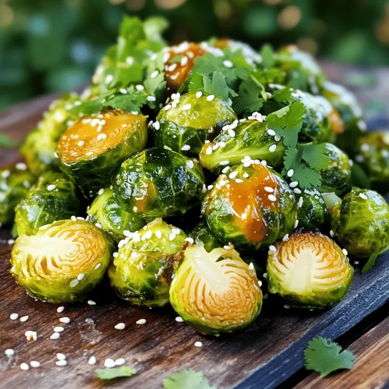 - 1 lb Brussels sprouts, trimmed and halved - 3 tablespoons extra virgin olive oil - 2 tablespoons raw honey - 1 tablespoon Sriracha - 2 cloves garlic, finely minced - Salt and freshly ground pepper to taste - 1 tablespoon sesame seeds - Fresh cilantro, finely chopped For a dish bursting with flavor, start with fresh Brussels sprouts. Choose ones that feel firm and look bright green. Each sprout should be trimmed and halved to ensure even cooking. The olive oil adds richness and helps the honey and Sriracha stick. Honey brings a natural sweetness that balances the heat from Sriracha. You can adjust the Sriracha amount to suit your spice level. If you love heat, add a bit more. Garlic gives a nice depth to the dish. Season the sprouts with salt and pepper for balance. Sesame seeds add crunch, while cilantro provides a fresh finish. This mix of ingredients creates a delightful sweet and spicy treat. For the full recipe, check out the [Full Recipe]. - Preheat the oven to 425°F (220°C). This hot oven gives the sprouts a nice crunch. - In a large bowl, mix together the halved Brussels sprouts, olive oil, minced garlic, honey, Sriracha, salt, and pepper. Use your hands or a spatula to coat each sprout well. - Spread the Brussels sprouts evenly on a baking sheet. Keep them in one layer for best results. - Roast them in the oven for 20-25 minutes. Stir gently halfway through. They should be crispy outside and soft inside. - After roasting, let the sprouts cool for a few minutes. This helps the flavors blend. - Transfer the sprouts to a serving dish. Garnish with sesame seeds and chopped cilantro for color and taste. For the full recipe, check out the details above. To get the best results, roast your Brussels sprouts in a single layer. This allows hot air to circulate and helps them brown evenly. If they overlap, they might steam instead of roast, which can lead to soggy sprouts. If you like spice, adjust the Sriracha to fit your taste. Start with one tablespoon and add more if you want extra heat. Tasting as you go helps you find your perfect balance. You can add more seasonings to boost the flavor. Try adding a pinch of smoked paprika for a smoky touch. Lemon zest brings a bright flavor that balances the sweetness of honey. Using different oils can also change the taste. Avocado oil has a nice flavor and can handle high heat. Coconut oil adds a hint of sweetness, making it a great match for this dish. For the full recipe, check out my Honey Sriracha Brussels Sprouts recipe! {{image_4}} You can switch honey for other sweeteners. Maple syrup offers a rich flavor. Agave nectar is another great option. Both add sweetness without losing taste. If you want a kick, try different types of pepper sauces. Each sauce can change the heat level and flavor profile of your dish. These Honey Sriracha Brussels sprouts shine as a side dish. They pair well with proteins like grilled chicken or tofu. The sweet and spicy notes enhance any meal. You can also add them to grain bowls or salads. Mixing them in adds crunch and flavor. They make your dishes colorful and exciting. Enjoy these sprouts in many ways! For the Full Recipe, check back to see how to make these tasty treats. To keep your leftover Honey Sriracha Brussels sprouts fresh, place them in an airtight container. Store them in your fridge. They should stay good for about three days. When you are ready to eat them, you can reheat them in the oven or microwave. - Reheating in the oven: Preheat your oven to 350°F (175°C). Spread the sprouts on a baking sheet. Heat for about 10-15 minutes until warm and crisp. - Reheating in the microwave: Place the sprouts in a microwave-safe dish. Cover it with a damp paper towel. Heat for about 1-2 minutes, checking to avoid overcooking. You can freeze your Brussels sprouts for later. If you want to freeze them before cooking, trim and halve them first. Blanch them in boiling water for about 3 minutes. Then, cool them in ice water. Drain and place them in a freezer bag. Remove as much air as possible before sealing. If you freeze them after cooking, let them cool first. Place the cooled sprouts in a freezer-safe container or bag. Store them for up to three months. When ready to eat, thaw in the fridge overnight. Reheat them in the oven or microwave for the best results. You can find the full recipe for Honey Sriracha Brussels sprouts above to enjoy this flavor-filled dish! Yes, you can make Honey Sriracha Brussels sprouts ahead of time. To prepare them in advance, follow these steps: - Prep the sprouts: Trim and halve the Brussels sprouts as per the recipe. - Mix the sauce: Combine olive oil, honey, Sriracha, garlic, salt, and pepper in a bowl. - Store: Toss the Brussels sprouts in the sauce, then store them in an airtight container. - Refrigerate: Keep them in the fridge for up to 24 hours. When you are ready to cook, simply spread them on a baking sheet and roast as directed in the Full Recipe. The flavors will meld nicely during storage. If you need a substitute for Sriracha, here are some great options: - Chili garlic sauce: This adds heat and garlic flavor. - Hot sauce: Choose your favorite brand for a similar kick. - Red pepper flakes: Mix with a bit of honey for a similar taste. - Harissa: This North African chili paste offers a unique twist. Adjust the amount based on how spicy you want your Brussels sprouts. You will know Brussels sprouts are done roasting by these signs: - Color: They should be golden brown and slightly crispy. - Texture: The outside should be crispy, while the inside is tender. - Taste: A quick taste test will show if they are done and full of flavor. Keep an eye on them as they roast. Stir halfway for even cooking. Honey Sriracha Brussels sprouts are tasty and easy to make. We covered ingredients and how to cook them perfectly. Remember single-layer roasting for crunch and adjust Sriracha for spice. You can switch honey with maple syrup for a twist. These sprouts pair well with meats or in salads. Store leftovers in the fridge or freeze for later. You can prep in advance too. Enjoy this dish, and share it with friends or family. Your meals can be fun and flavorful!