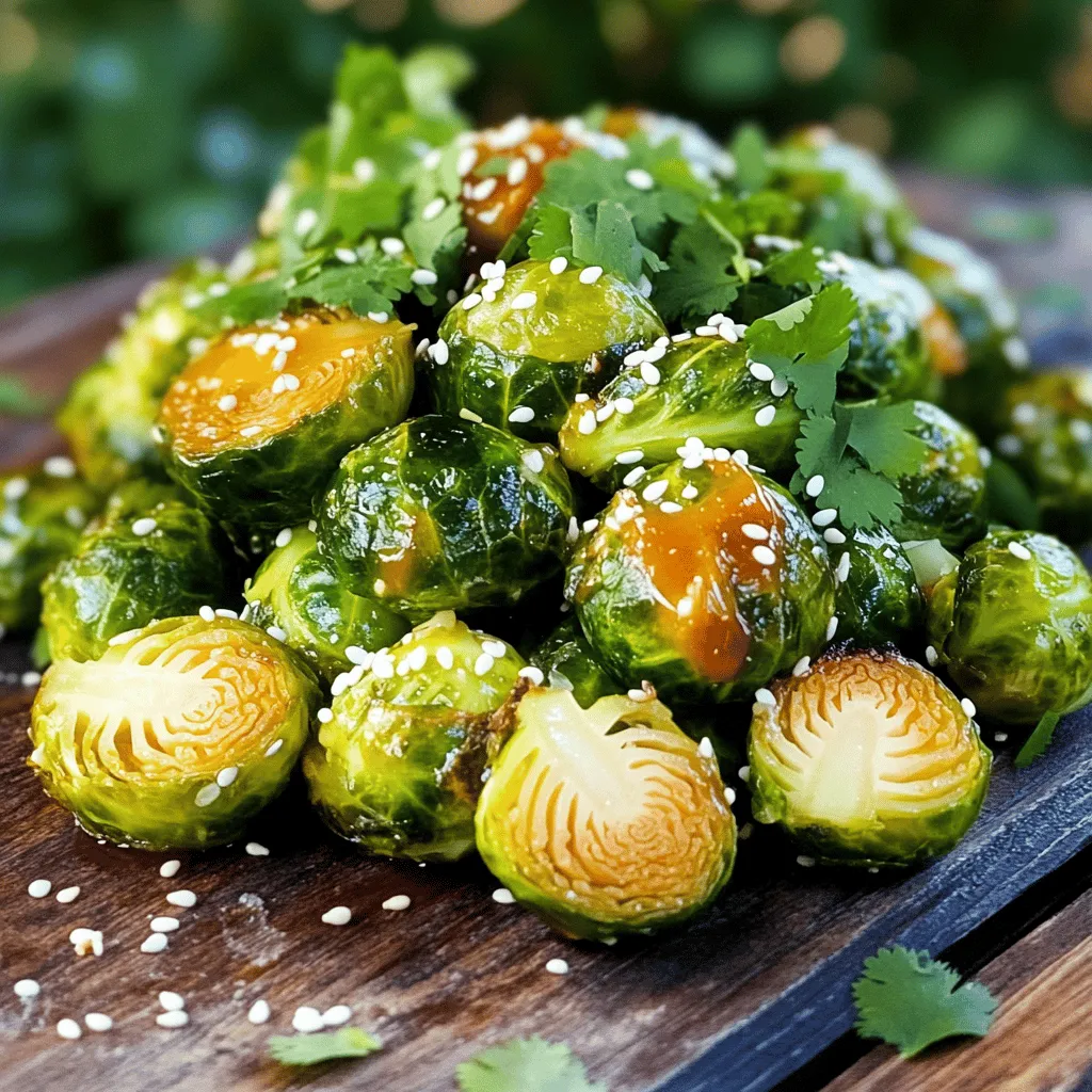- 1 lb Brussels sprouts, trimmed and halved - 3 tablespoons extra virgin olive oil - 2 tablespoons raw honey - 1 tablespoon Sriracha - 2 cloves garlic, finely minced - Salt and freshly ground pepper to taste - 1 tablespoon sesame seeds - Fresh cilantro, finely chopped For a dish bursting with flavor, start with fresh Brussels sprouts. Choose ones that feel firm and look bright green. Each sprout should be trimmed and halved to ensure even cooking. The olive oil adds richness and helps the honey and Sriracha stick. Honey brings a natural sweetness that balances the heat from Sriracha. You can adjust the Sriracha amount to suit your spice level. If you love heat, add a bit more. Garlic gives a nice depth to the dish. Season the sprouts with salt and pepper for balance. Sesame seeds add crunch, while cilantro provides a fresh finish. This mix of ingredients creates a delightful sweet and spicy treat. For the full recipe, check out the [Full Recipe]. - Preheat the oven to 425°F (220°C). This hot oven gives the sprouts a nice crunch. - In a large bowl, mix together the halved Brussels sprouts, olive oil, minced garlic, honey, Sriracha, salt, and pepper. Use your hands or a spatula to coat each sprout well. - Spread the Brussels sprouts evenly on a baking sheet. Keep them in one layer for best results. - Roast them in the oven for 20-25 minutes. Stir gently halfway through. They should be crispy outside and soft inside. - After roasting, let the sprouts cool for a few minutes. This helps the flavors blend. - Transfer the sprouts to a serving dish. Garnish with sesame seeds and chopped cilantro for color and taste. For the full recipe, check out the details above. To get the best results, roast your Brussels sprouts in a single layer. This allows hot air to circulate and helps them brown evenly. If they overlap, they might steam instead of roast, which can lead to soggy sprouts. If you like spice, adjust the Sriracha to fit your taste. Start with one tablespoon and add more if you want extra heat. Tasting as you go helps you find your perfect balance. You can add more seasonings to boost the flavor. Try adding a pinch of smoked paprika for a smoky touch. Lemon zest brings a bright flavor that balances the sweetness of honey. Using different oils can also change the taste. Avocado oil has a nice flavor and can handle high heat. Coconut oil adds a hint of sweetness, making it a great match for this dish. For the full recipe, check out my Honey Sriracha Brussels Sprouts recipe! {{image_4}} You can switch honey for other sweeteners. Maple syrup offers a rich flavor. Agave nectar is another great option. Both add sweetness without losing taste. If you want a kick, try different types of pepper sauces. Each sauce can change the heat level and flavor profile of your dish. These Honey Sriracha Brussels sprouts shine as a side dish. They pair well with proteins like grilled chicken or tofu. The sweet and spicy notes enhance any meal. You can also add them to grain bowls or salads. Mixing them in adds crunch and flavor. They make your dishes colorful and exciting. Enjoy these sprouts in many ways! For the Full Recipe, check back to see how to make these tasty treats. To keep your leftover Honey Sriracha Brussels sprouts fresh, place them in an airtight container. Store them in your fridge. They should stay good for about three days. When you are ready to eat them, you can reheat them in the oven or microwave. - Reheating in the oven: Preheat your oven to 350°F (175°C). Spread the sprouts on a baking sheet. Heat for about 10-15 minutes until warm and crisp. - Reheating in the microwave: Place the sprouts in a microwave-safe dish. Cover it with a damp paper towel. Heat for about 1-2 minutes, checking to avoid overcooking. You can freeze your Brussels sprouts for later. If you want to freeze them before cooking, trim and halve them first. Blanch them in boiling water for about 3 minutes. Then, cool them in ice water. Drain and place them in a freezer bag. Remove as much air as possible before sealing. If you freeze them after cooking, let them cool first. Place the cooled sprouts in a freezer-safe container or bag. Store them for up to three months. When ready to eat, thaw in the fridge overnight. Reheat them in the oven or microwave for the best results. You can find the full recipe for Honey Sriracha Brussels sprouts above to enjoy this flavor-filled dish! Yes, you can make Honey Sriracha Brussels sprouts ahead of time. To prepare them in advance, follow these steps: - Prep the sprouts: Trim and halve the Brussels sprouts as per the recipe. - Mix the sauce: Combine olive oil, honey, Sriracha, garlic, salt, and pepper in a bowl. - Store: Toss the Brussels sprouts in the sauce, then store them in an airtight container. - Refrigerate: Keep them in the fridge for up to 24 hours. When you are ready to cook, simply spread them on a baking sheet and roast as directed in the Full Recipe. The flavors will meld nicely during storage. If you need a substitute for Sriracha, here are some great options: - Chili garlic sauce: This adds heat and garlic flavor. - Hot sauce: Choose your favorite brand for a similar kick. - Red pepper flakes: Mix with a bit of honey for a similar taste. - Harissa: This North African chili paste offers a unique twist. Adjust the amount based on how spicy you want your Brussels sprouts. You will know Brussels sprouts are done roasting by these signs: - Color: They should be golden brown and slightly crispy. - Texture: The outside should be crispy, while the inside is tender. - Taste: A quick taste test will show if they are done and full of flavor. Keep an eye on them as they roast. Stir halfway for even cooking. Honey Sriracha Brussels sprouts are tasty and easy to make. We covered ingredients and how to cook them perfectly. Remember single-layer roasting for crunch and adjust Sriracha for spice. You can switch honey with maple syrup for a twist. These sprouts pair well with meats or in salads. Store leftovers in the fridge or freeze for later. You can prep in advance too. Enjoy this dish, and share it with friends or family. Your meals can be fun and flavorful!